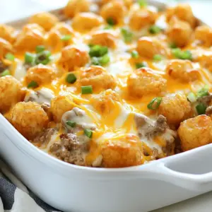 To make a cheesy tater tot casserole, gather these items: - 1 bag (32 oz) frozen tater tots - 1 pound ground beef (or ground turkey) - 1 small onion, finely diced - 2 cloves garlic, minced - 1 can (10.5 oz) cream of mushroom soup - 1 cup sour cream - 2 cups shredded cheddar cheese - 1 teaspoon paprika - Salt and freshly ground black pepper - 1 cup frozen corn (optional) - Chopped green onions for garnish You can switch out some ingredients if needed: - Use ground turkey for a leaner dish. - Swap cream of mushroom soup with cream of chicken soup. - Replace sour cream with Greek yogurt for a tangy flavor. - Use a different cheese, like Monterey Jack or mozzarella, for variety. Want to make your casserole even better? Consider these fun add-ins: - Add 1 cup of cooked bacon for extra flavor. - Toss in chopped bell peppers for more crunch. - Mix in some jalape&ntilde;os for a spicy kick. - Blend in some cooked veggies like broccoli or spinach for nutrition. These additions let you customize the dish to fit your tastes! {{ingredient_image_2}} First, you need to preheat your oven to 350&deg;F (175&deg;C). This step is key for cooking the casserole evenly. A hot oven helps create a crispy top and warm layers inside. Set your timer so you don&rsquo;t forget. Next, grab a large skillet and place it over medium heat. Add 1 pound of ground beef or turkey. Cook until it&rsquo;s brown, about 5-7 minutes. Use a spatula to break the meat into small pieces. If there&rsquo;s extra grease, drain it out. This keeps your dish from being too greasy. After browning the meat, add 1 small diced onion and 2 minced garlic cloves. Stir them in and cook until the onion is soft, about 3-4 minutes. Then, lower the heat. Mix in 1 can of cream of mushroom soup and 1 cup of sour cream. Stir until it&rsquo;s smooth. Season with 1 teaspoon of paprika, salt, and black pepper to taste. If you want, fold in 1 cup of frozen corn for a sweet touch. Now, take a 9x13-inch baking dish and grease it with oil or cooking spray. Spread the meat and soup mix evenly across the bottom. This base is full of flavor. Next, layer the frozen tater tots on top. Arrange them evenly so they cook well. Don&rsquo;t be shy with the tater tots! Then, sprinkle 2 cups of shredded cheddar cheese over the top. This makes it cheesy and delicious. Cover the dish tightly with aluminum foil to keep moisture in. Place it in your preheated oven and bake for 30 minutes. After that, remove the foil and bake for another 15-20 minutes. You want the tater tots to be golden and the cheese bubbly. Once done, let it cool for a few minutes. Top with chopped green onions for color before serving. Enjoy your cheesy tater tot casserole! To get the right texture, use frozen tater tots. They bake up crisp and golden. Spread them in a single layer on top of the meat mixture. This helps them cook evenly. Cover the dish with foil during the first part of baking. This keeps moisture in. Remove the foil later to allow the tater tots to crisp up. For more flavor, add spices. Paprika gives a nice smoky touch. You can also try garlic powder or onion powder for extra flavor. If you like a bit of heat, add diced jalape&ntilde;os. Mixing in frozen corn adds sweetness and nice texture. Fresh herbs like parsley or cilantro can brighten the dish, too. One common mistake is overcrowding the tater tots. Make sure they are in a single layer. If not, some will be soggy. Another mistake is not draining the beef. Greasy meat can make the casserole heavy. Finally, don&rsquo;t skip the foil cover at first. It helps everything cook well. Pro Tips Use Fresh Ingredients: Whenever possible, opt for fresh garlic and onions instead of dried or powdered versions to enhance the flavor of your casserole. Customize Your Protein: Feel free to substitute the ground beef with shredded rotisserie chicken or a plant-based protein for a different twist on this classic dish. Extra Crispy Tater Tots: For a crunchier top layer, bake the tater tots for a few minutes before adding them to the casserole to give them a head start. Make-Ahead Option: Prepare the casserole ahead of time and refrigerate it before baking. Just add a few extra minutes to the baking time when you&rsquo;re ready to cook it. {{image_4}} You can make a tasty vegetarian version of cheesy tater tot casserole. Simply swap the ground beef for a can of black beans or cooked lentils. Use a mix of colorful veggies, like bell peppers and zucchini, instead of meat. This adds flavor and nutrition. You can keep the cream of mushroom soup and sour cream for creaminess. Just like the original, layer the frozen tater tots on top and sprinkle cheese. For a spicy southwest twist, add diced jalape&ntilde;os or green chilies to the meat mixture. You can also mix in taco seasoning instead of paprika for a kick. Use pepper jack cheese for extra heat. Consider adding corn and black beans to boost the flavor. This version pairs well with avocado and salsa as toppings for a fun meal. To make a loaded tater tot casserole, pile on the toppings. Start with the beef mixture, then layer crispy bacon bits and caramelized onions before adding the tater tots. Top it off with cheddar cheese and a drizzle of ranch dressing after baking. You can even add sliced olives or diced tomatoes for extra color and taste. This version is sure to impress at any gathering! To store your cheesy tater tot casserole, let it cool first. Place it in an airtight container. You can keep it in the fridge for up to four days. If you have a big batch, consider dividing it into smaller portions. This makes it easy to heat up later. When you are ready to eat your leftovers, preheat your oven to 350&deg;F (175&deg;C). Place the casserole in a baking dish. Cover it with foil to keep the moisture in. Bake it for about 20-25 minutes, or until it is hot all the way through. You can also reheat in the microwave. Just cover the dish and heat in 1-minute intervals until warm. If you want to freeze the casserole, let it cool completely first. Then, wrap it tightly in plastic wrap and foil. This helps prevent freezer burn. You can freeze it for up to three months. To reheat, thaw it overnight in the fridge and then bake as mentioned. Enjoy your warm, cheesy delight anytime! Yes, you can use fresh tater tots. Fresh tater tots will give a different texture, but they still work well. Just make sure to cook them according to the package directions. If you want a crispy top, you might need to bake them a little longer. To make this recipe dairy-free, swap the sour cream and cheese. Use a dairy-free sour cream, like cashew or coconut-based options. For cheese, try a dairy-free cheese blend. You may also add nutritional yeast for a cheesy flavor without dairy. Serve your Cheesy Tater Tot Casserole with a fresh salad or steamed veggies. A side of garlic bread works well too. For a light touch, consider a simple cucumber salad or coleslaw. These sides balance the rich flavors of the casserole. In this post, we explored all you need for an amazing Cheesy Tater Tot Casserole. We covered ingredients, cooking steps, and tips to achieve the best texture and flavor. You learned about variations, storage, and common questions to make your cooking easier. With these ideas and tricks, you&rsquo;ll impress anyone who tastes this dish. Enjoy making it your own!