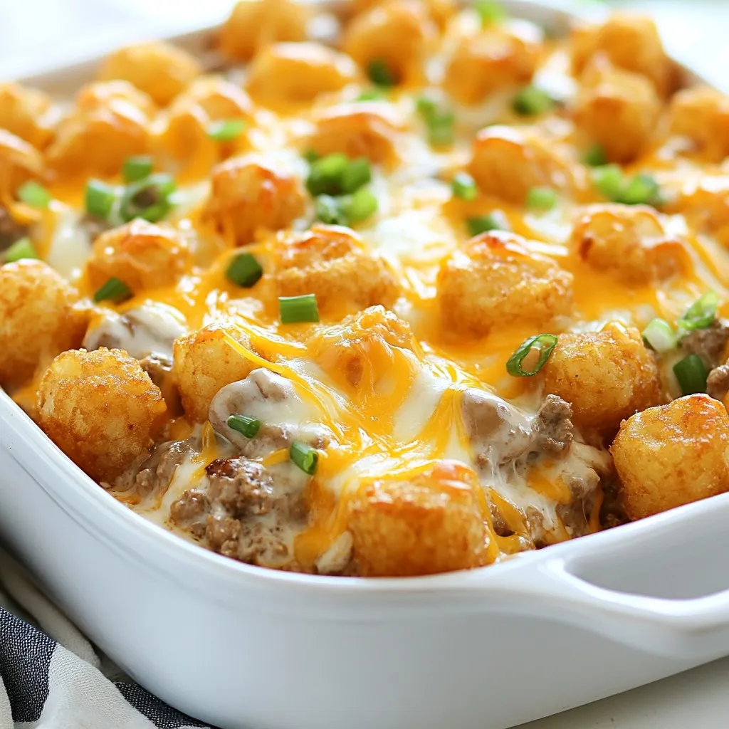 To make a cheesy tater tot casserole, gather these items: - 1 bag (32 oz) frozen tater tots - 1 pound ground beef (or ground turkey) - 1 small onion, finely diced - 2 cloves garlic, minced - 1 can (10.5 oz) cream of mushroom soup - 1 cup sour cream - 2 cups shredded cheddar cheese - 1 teaspoon paprika - Salt and freshly ground black pepper - 1 cup frozen corn (optional) - Chopped green onions for garnish You can switch out some ingredients if needed: - Use ground turkey for a leaner dish. - Swap cream of mushroom soup with cream of chicken soup. - Replace sour cream with Greek yogurt for a tangy flavor. - Use a different cheese, like Monterey Jack or mozzarella, for variety. Want to make your casserole even better? Consider these fun add-ins: - Add 1 cup of cooked bacon for extra flavor. - Toss in chopped bell peppers for more crunch. - Mix in some jalapeños for a spicy kick. - Blend in some cooked veggies like broccoli or spinach for nutrition. These additions let you customize the dish to fit your tastes! {{ingredient_image_2}} First, you need to preheat your oven to 350°F (175°C). This step is key for cooking the casserole evenly. A hot oven helps create a crispy top and warm layers inside. Set your timer so you don’t forget. Next, grab a large skillet and place it over medium heat. Add 1 pound of ground beef or turkey. Cook until it’s brown, about 5-7 minutes. Use a spatula to break the meat into small pieces. If there’s extra grease, drain it out. This keeps your dish from being too greasy. After browning the meat, add 1 small diced onion and 2 minced garlic cloves. Stir them in and cook until the onion is soft, about 3-4 minutes. Then, lower the heat. Mix in 1 can of cream of mushroom soup and 1 cup of sour cream. Stir until it’s smooth. Season with 1 teaspoon of paprika, salt, and black pepper to taste. If you want, fold in 1 cup of frozen corn for a sweet touch. Now, take a 9x13-inch baking dish and grease it with oil or cooking spray. Spread the meat and soup mix evenly across the bottom. This base is full of flavor. Next, layer the frozen tater tots on top. Arrange them evenly so they cook well. Don’t be shy with the tater tots! Then, sprinkle 2 cups of shredded cheddar cheese over the top. This makes it cheesy and delicious. Cover the dish tightly with aluminum foil to keep moisture in. Place it in your preheated oven and bake for 30 minutes. After that, remove the foil and bake for another 15-20 minutes. You want the tater tots to be golden and the cheese bubbly. Once done, let it cool for a few minutes. Top with chopped green onions for color before serving. Enjoy your cheesy tater tot casserole! To get the right texture, use frozen tater tots. They bake up crisp and golden. Spread them in a single layer on top of the meat mixture. This helps them cook evenly. Cover the dish with foil during the first part of baking. This keeps moisture in. Remove the foil later to allow the tater tots to crisp up. For more flavor, add spices. Paprika gives a nice smoky touch. You can also try garlic powder or onion powder for extra flavor. If you like a bit of heat, add diced jalapeños. Mixing in frozen corn adds sweetness and nice texture. Fresh herbs like parsley or cilantro can brighten the dish, too. One common mistake is overcrowding the tater tots. Make sure they are in a single layer. If not, some will be soggy. Another mistake is not draining the beef. Greasy meat can make the casserole heavy. Finally, don’t skip the foil cover at first. It helps everything cook well. Pro Tips Use Fresh Ingredients: Whenever possible, opt for fresh garlic and onions instead of dried or powdered versions to enhance the flavor of your casserole. Customize Your Protein: Feel free to substitute the ground beef with shredded rotisserie chicken or a plant-based protein for a different twist on this classic dish. Extra Crispy Tater Tots: For a crunchier top layer, bake the tater tots for a few minutes before adding them to the casserole to give them a head start. Make-Ahead Option: Prepare the casserole ahead of time and refrigerate it before baking. Just add a few extra minutes to the baking time when you’re ready to cook it. {{image_4}} You can make a tasty vegetarian version of cheesy tater tot casserole. Simply swap the ground beef for a can of black beans or cooked lentils. Use a mix of colorful veggies, like bell peppers and zucchini, instead of meat. This adds flavor and nutrition. You can keep the cream of mushroom soup and sour cream for creaminess. Just like the original, layer the frozen tater tots on top and sprinkle cheese. For a spicy southwest twist, add diced jalapeños or green chilies to the meat mixture. You can also mix in taco seasoning instead of paprika for a kick. Use pepper jack cheese for extra heat. Consider adding corn and black beans to boost the flavor. This version pairs well with avocado and salsa as toppings for a fun meal. To make a loaded tater tot casserole, pile on the toppings. Start with the beef mixture, then layer crispy bacon bits and caramelized onions before adding the tater tots. Top it off with cheddar cheese and a drizzle of ranch dressing after baking. You can even add sliced olives or diced tomatoes for extra color and taste. This version is sure to impress at any gathering! To store your cheesy tater tot casserole, let it cool first. Place it in an airtight container. You can keep it in the fridge for up to four days. If you have a big batch, consider dividing it into smaller portions. This makes it easy to heat up later. When you are ready to eat your leftovers, preheat your oven to 350°F (175°C). Place the casserole in a baking dish. Cover it with foil to keep the moisture in. Bake it for about 20-25 minutes, or until it is hot all the way through. You can also reheat in the microwave. Just cover the dish and heat in 1-minute intervals until warm. If you want to freeze the casserole, let it cool completely first. Then, wrap it tightly in plastic wrap and foil. This helps prevent freezer burn. You can freeze it for up to three months. To reheat, thaw it overnight in the fridge and then bake as mentioned. Enjoy your warm, cheesy delight anytime! Yes, you can use fresh tater tots. Fresh tater tots will give a different texture, but they still work well. Just make sure to cook them according to the package directions. If you want a crispy top, you might need to bake them a little longer. To make this recipe dairy-free, swap the sour cream and cheese. Use a dairy-free sour cream, like cashew or coconut-based options. For cheese, try a dairy-free cheese blend. You may also add nutritional yeast for a cheesy flavor without dairy. Serve your Cheesy Tater Tot Casserole with a fresh salad or steamed veggies. A side of garlic bread works well too. For a light touch, consider a simple cucumber salad or coleslaw. These sides balance the rich flavors of the casserole. In this post, we explored all you need for an amazing Cheesy Tater Tot Casserole. We covered ingredients, cooking steps, and tips to achieve the best texture and flavor. You learned about variations, storage, and common questions to make your cooking easier. With these ideas and tricks, you’ll impress anyone who tastes this dish. Enjoy making it your own!
