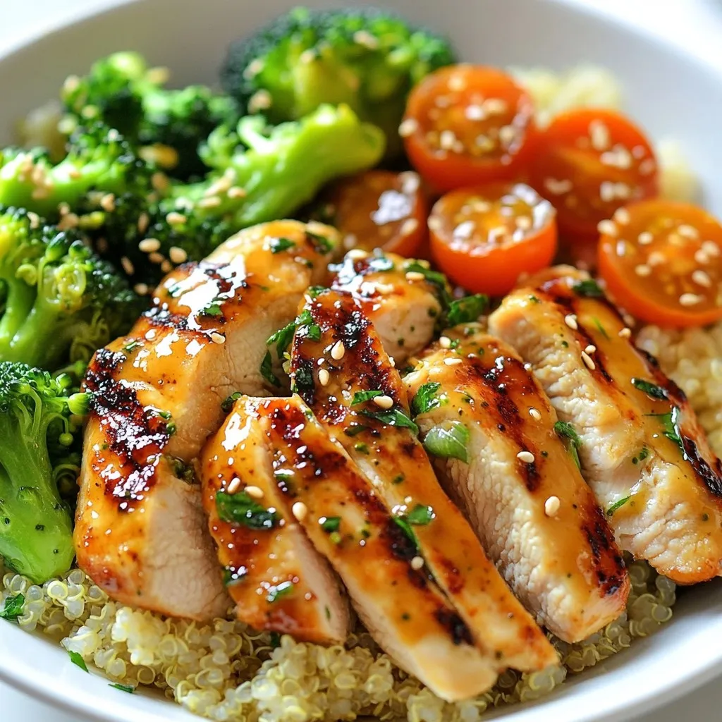 - 2 boneless, skinless chicken breasts - 2 cups fresh broccoli florets - 1 tablespoon extra virgin olive oil - 1 teaspoon smoked paprika - 1 teaspoon garlic powder - Salt and freshly ground black pepper to taste - 1 cup cooked quinoa or jasmine rice - ½ cup cherry tomatoes, halved - 2 tablespoons low-sodium soy sauce - 1 tablespoon freshly squeezed lemon juice - 3 cloves garlic, minced - 1 tablespoon honey or maple syrup You can use either cooked quinoa or fluffy jasmine rice as your base. I love quinoa for its nutty flavor and added nutrients. Jasmine rice offers a softer texture and a lovely aroma. Both choices pair well with chicken and broccoli, giving you a delightful meal. Feel free to mix and match bases! {{ingredient_image_2}} To start, I mix olive oil, smoked paprika, garlic powder, salt, and pepper in a bowl. I add the chicken breasts, making sure they are fully coated with the marinade. Cover the bowl with plastic wrap. I let it sit in the fridge for at least 30 minutes. This helps the chicken soak up all the great flavors. In a small bowl, I combine low-sodium soy sauce, lemon juice, minced garlic, and honey. I stir these ingredients until they blend well. This sauce adds a tasty kick to the dish. I set it aside to let the flavors come together. Next, I preheat my grill to medium-high heat. Once it's hot, I place the marinated chicken on the grill. I cook it for about 6-8 minutes on each side. I check the internal temperature to make sure it reaches 165°F (75°C). When done, I take it off the grill and let it rest for a few minutes. Then, I slice the chicken into thin strips. While the chicken grills, I bring a pot of water to a boil. I add the broccoli florets and blanch them for 2-3 minutes. This helps keep them bright green and crisp. I use a slotted spoon to transfer the broccoli to a bowl of ice water. This stops the cooking process. Once cooled, I drain the broccoli and set it aside. I take each serving bowl and add a base of cooked quinoa or jasmine rice. On one side, I layer the sliced grilled chicken. On the other side, I add the blanched broccoli and halved cherry tomatoes. This creates a colorful and inviting presentation. I generously drizzle the garlic sauce over the chicken and veggies. This adds flavor and makes the meal look delicious. Finally, I sprinkle sesame seeds on top of each bowl. This gives a nice finish to the dish. I serve it right away for a fresh and tasty meal. To get the most flavor, marinate your chicken well. Use a mix of olive oil, smoked paprika, garlic powder, salt, and pepper. Make sure to coat each piece of chicken. Cover the bowl and chill it in the fridge for at least 30 minutes. If you can, marinate for a few hours. This helps the chicken soak up all the good flavors. Start by preheating your grill to medium-high heat. This temperature gives the chicken nice grill marks and keeps it moist. Cook the chicken for 6-8 minutes on each side. Use a meat thermometer to check. The chicken should reach 165°F (75°C). This ensures it’s safe to eat. Let the chicken rest for a few minutes before slicing. This keeps the juices inside, making each bite tasty. Store any leftovers in an airtight container. They will stay fresh in the fridge for up to three days. If you want to keep them longer, freeze the chicken and broccoli separately. When reheating, use a microwave or a skillet to warm them up gently. This keeps the chicken tender and the broccoli crisp. Remember to add a splash of water or broth when reheating to prevent dryness. Pro Tips Marination Magic: The longer you marinate the chicken, the more flavorful it will be. If time allows, marinate for a few hours or overnight for maximum flavor absorption. Perfectly Grilled Chicken: Use a meat thermometer to check the chicken's doneness. Aim for an internal temperature of 165°F (75°C) to ensure it's juicy and safe to eat. Vibrant Broccoli: Blanching the broccoli not only retains its bright green color but also preserves its crunch. Make sure to plunge it into ice water immediately after cooking. Flavor Boost: For an extra kick, try adding crushed red pepper flakes to the garlic sauce. This will give your bowls a delightful spicy twist! {{image_4}} You can swap out chicken for many other proteins. Try using shrimp for a seafood twist. Tofu works well if you prefer a plant-based option. Just marinate it like the chicken. For beef lovers, flank steak adds a hearty flavor. Cook it the same way as chicken for best results. Feel free to mix in other veggies. Bell peppers add sweetness and color. Carrots bring crunch, while snap peas add a nice pop. You can also use zucchini or asparagus. Just blanch them as you did with broccoli for a perfect texture. If you want to change the sauce, there are many options. A spicy sriracha sauce gives a kick. You could also use a creamy tahini dressing for richness. A lemon herb vinaigrette brightens the dish nicely. Experiment to find your favorite flavor combination! To store leftovers, let the bowls cool down to room temperature. Place the chicken, broccoli, and rice in an airtight container. You can separate each component or keep them together. Make sure to cover the container well to keep moisture in. Leftovers can stay fresh in the fridge for up to three days. When you’re ready to eat, reheat the bowls in the microwave. Place the food in a microwave-safe dish. Cover it with a damp paper towel to keep it moist. Heat on medium power for about 1-2 minutes. Stir halfway through to ensure even heating. You can also reheat in a skillet on low heat. This method keeps the food crispy. If you want to freeze the bowls, you can do so. First, let everything cool completely. Then, pack the chicken and broccoli separately from the rice or quinoa. Use freezer-safe bags or containers. They can last up to three months in the freezer. To enjoy later, thaw in the fridge overnight before reheating. Yes, you can use frozen broccoli. However, fresh broccoli tastes better. If you use frozen, thaw it first. Cook it for a shorter time. This keeps it bright and crisp. You can use several options instead of quinoa or rice. Try farro, barley, or couscous. Mashed sweet potatoes also work well. Choose what you like best for your bowl. To make this recipe gluten-free, use gluten-free soy sauce. Look for tamari or coconut aminos. These options keep the flavor but avoid gluten. Always check labels to be sure. The best way to check chicken is to use a meat thermometer. Insert it into the thickest part. It should read 165°F (75°C). If you don't have one, cut the chicken. The inside should be white, not pink. This post covered making tasty chicken and broccoli bowls. We discussed key ingredients, from marinating chicken to preparing garlic sauce. I shared tips for grilling and storing leftovers. You can also try different proteins and veggies for fun twists. In the end, these bowls are easy, healthy, and quick. Enjoy experimenting in your kitchen!