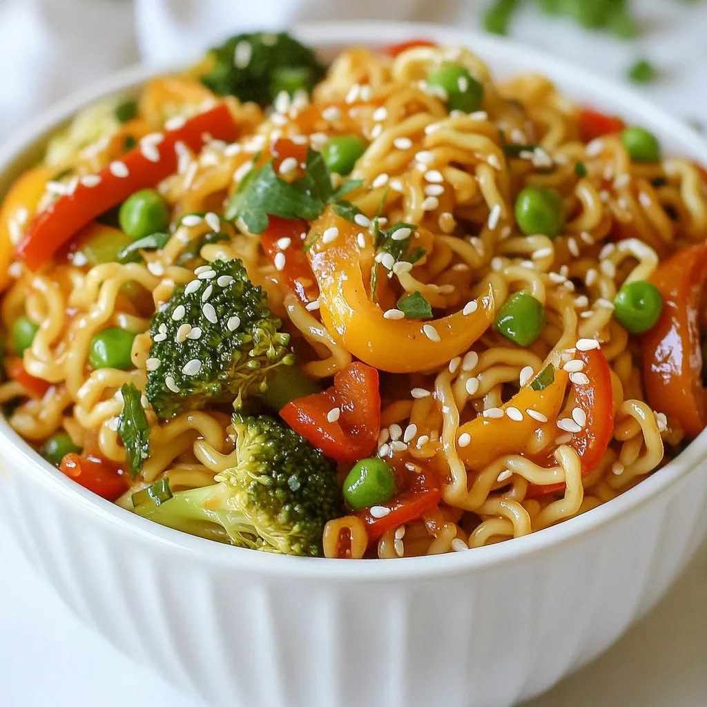 - 2 packs of instant ramen noodles (discard seasoning packets) - 1 tablespoon vegetable oil - 1 medium red bell pepper, sliced into thin strips - 1 medium yellow bell pepper, sliced into thin strips - 1 cup broccoli florets, cut into bite-sized pieces - 1 cup snap peas, trimmed - 2 green onions, chopped (white and green parts separated) - 2 cloves garlic, minced - 1 tablespoon fresh ginger, grated - 3 tablespoons soy sauce - 2 tablespoons sweet chili sauce - 1 tablespoon Sriracha (adjust for heat preference) - 1 teaspoon sesame oil - Sesame seeds for garnish - Large pot for boiling - Colander for draining noodles - Large skillet or wok for sautéing - Mixing bowl for sauce ingredients - Tongs or spatula for mixing If you want a twist, you can swap the bell peppers for carrots or zucchini. For a vegan option, use a plant-based sweet chili sauce. You can also replace the soy sauce with tamari for a gluten-free choice. If you don’t have Sriracha, try chili garlic sauce or red pepper flakes instead. Enjoy making this recipe your own! {{ingredient_image_2}} Start by boiling water in a large pot. Add salt to the water for flavor. Once the water boils, add the ramen noodles. Cook them for about 3-4 minutes, or as the package says. When done, drain the noodles in a colander and set them aside. This step is crucial to get the right texture for your stir fry. Next, heat the vegetable oil in a large skillet or wok over medium-high heat. Add the sliced red and yellow bell peppers, broccoli florets, and snap peas. Stir-fry these for about 4-5 minutes. Keep stirring to make sure they cook evenly. You want the veggies to be bright and slightly tender but still crunchy. This adds a great texture to your dish. While the veggies cook, grab a small bowl. In it, mix the soy sauce, sweet chili sauce, Sriracha, and sesame oil. Whisk them together until they blend well. Adjust the Sriracha based on how spicy you want it. Once the vegetables are ready, add the cooked ramen noodles to the skillet. Pour the sauce over everything. Use tongs to mix carefully. Make sure all the noodles and veggies get coated in that tasty sauce. Heat it all together for 2-3 minutes. Now, you have a colorful and flavorful Sweet & Spicy Ramen Stir Fry! To get the best texture in your stir fry, start with high heat. This helps keep your veggies crisp. Cook them just until they are bright and tender. Aim for about 4-5 minutes. Overcooking will make them mushy. Always keep stirring for even cooking. When you add the ramen, toss gently to mix everything. This way, the noodles stay firm and tasty. Spice can make or break your dish. To control the heat, start small with Sriracha. You can always add more later if you want it hotter. Mix the sauce and taste it. If it’s too spicy, try adding more sweet chili sauce to balance it out. Remember, you can also add some sugar or honey for sweetness. Layering flavors is key to making this dish shine. Use fresh garlic and ginger for a strong base. They add warmth and depth. Don’t forget the soy sauce; it gives that savory umami kick. Sesame oil adds a nice nuttiness at the end. For extra flavor, finish with sesame seeds and green onions. This will make your dish not only tasty but also look beautiful. Pro Tips Use Fresh Ingredients: Fresh vegetables will enhance the flavor and texture of your stir fry. Opt for seasonal produce whenever possible. Adjust the Spice: Feel free to modify the amount of Sriracha based on your heat preference. You can also experiment with other hot sauces for different flavors. Customize Your Protein: Add your choice of protein such as chicken, shrimp, or tofu to make this dish more filling. Just cook it before adding the vegetables. Don’t Overcook the Noodles: To maintain the perfect texture, undercook the noodles slightly as they will continue to cook when combined with the hot vegetables and sauce. {{image_4}} You can easily add protein to your Sweet & Spicy Ramen Stir Fry. Chicken works great. Just slice it thinly and cook it before the veggies. Use about 1 cup of raw chicken. Sauté it in the oil until it's cooked through. Tofu is another good choice. Press it to remove moisture, then cube it. Add it to the pan with the veggies for a nice texture. For a vegetarian or vegan version, skip the chicken. Instead, use tofu or tempeh. Both add protein and flavor. You can also add beans like edamame for extra nutrition. Adjust the sauces to ensure they're vegan-friendly. Most soy sauces and sweet chili sauces are vegan, but always check the labels. Feel free to mix up the veggies in this stir fry. You can use carrots, zucchini, or even bok choy. Each vegetable gives a unique taste and texture. Aim for a mix of colors for a vibrant dish. Just remember to keep the cooking times in mind. Softer veggies need less time, while firmer ones like broccoli may need a bit longer. After enjoying your Sweet & Spicy Ramen Stir Fry, let it cool down. Place it in an airtight container. This dish stays fresh in the fridge for up to three days. Make sure to seal it well to keep the flavors intact. To reheat, take your ramen stir fry from the fridge. You can use a skillet or microwave. In a skillet, heat over medium heat. Stir occasionally until hot. In the microwave, cover it loosely and heat for 1-2 minutes. Stir halfway through for even heating. If you want to save some for later, you can freeze it! Place the cooled stir fry in a freezer-safe container. It can last for up to three months in the freezer. When you're ready to eat, thaw it in the fridge overnight before reheating. You should use instant ramen noodles for this recipe. They cook quickly and are easy to find. Discard the seasoning packets that come with them. This way, you can control the flavors in your stir fry. Feel free to choose any brand you like. Yes, you can make this dish gluten-free. Choose gluten-free ramen noodles instead of regular ones. Many brands offer this option now. Also, use gluten-free soy sauce for the sauce. This way, you can enjoy the same great taste without the gluten. To make it less spicy, reduce the amount of Sriracha in the sauce. Start with half a tablespoon and taste it. You can always add more if you want more heat. Another option is to skip the Sriracha and add a bit more sweet chili sauce. This keeps the flavor rich without the spice. In this post, we explored how to create delicious ramen stir fry. We covered all the key ingredients and tools you need. I shared step-by-step instructions, useful tips, and unique variations to fit your taste. Proper storage and reheating details ensure your leftovers are great too. Try out these ideas and make your ramen special. You’ll enjoy the flavors and fun of cooking it your way.