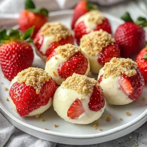 To make these tasty protein balls, you need simple ingredients. Here is what you will need: - 1 cup rolled oats - 1/2 cup vanilla protein powder - 1/2 cup almond flour - 1/2 cup cream cheese, softened - 1/4 cup honey or maple syrup - 1/2 cup fresh strawberries, finely chopped - 1 teaspoon vanilla extract - 1/2 teaspoon ground cinnamon - A pinch of salt - 1/4 cup crushed graham crackers (for coating) Each ingredient plays a key role. The oats give texture, while the protein powder adds protein. Cream cheese provides creaminess, and strawberries bring freshness. If you lack some ingredients, don't worry! You can swap items for similar ones. For the rolled oats, quick oats work well. You can use whey, pea, or soy protein powder instead of vanilla protein powder. If you want a dairy-free option, try using vegan cream cheese. Maple syrup can replace honey for a vegan touch too. You can also use any nut flour if almond flour is not available. These protein balls are not only tasty but also healthy. Each ball has protein, fiber, and healthy fats. Here&rsquo;s a rough breakdown for one protein ball: - Calories: 100 - Protein: 5g - Carbohydrates: 12g - Fat: 4g - Fiber: 1g - Sugar: 2g These numbers may change based on your ingredient choices. Enjoy these protein balls as a snack or a quick breakfast! {{ingredient_image_2}} First, gather your dry ingredients. You will need: - 1 cup rolled oats - 1/2 cup vanilla protein powder - 1/2 cup almond flour - 1/2 teaspoon ground cinnamon - A pinch of salt In a large bowl, mix the rolled oats, protein powder, almond flour, and cinnamon. Use a whisk to blend it well. Make sure there are no lumps. This dry mix gives our protein balls their base. Next, grab another bowl for the cream cheese mixture. You will need: - 1/2 cup cream cheese, softened - 1/4 cup honey or maple syrup - 1 teaspoon vanilla extract In this medium bowl, add the cream cheese, honey, and vanilla extract. Whisk it vigorously until smooth and creamy. It should be free of lumps. This mixture adds richness and flavor to your protein balls. Now, it&rsquo;s time to combine the two mixtures. Gradually pour the cream cheese mix into the dry mix. Use a spatula or your hands to blend them. Keep mixing until you form a dough. Add in: - 1/2 cup fresh strawberries, finely chopped Gently fold the strawberries into the dough. Be careful not to mash them. You want little bursts of flavor in every bite. With clean hands, scoop out small portions. Roll them into balls, about 1 inch in diameter. This recipe should make about 15 balls. Finally, take: - 1/4 cup crushed graham crackers (for coating) Roll each ball in the crushed graham crackers. Press lightly to ensure they stick. Place the coated balls on a baking sheet lined with parchment paper. Refrigerate them for at least 30 minutes. This helps them firm up and makes them easier to eat. Enjoy your delicious strawberry cheesecake protein balls! To make the best strawberry cheesecake protein balls, focus on the texture. Start with the right balance of dry and wet ingredients. If the mix feels too dry, add a bit more cream cheese or honey. For a firmer texture, use more almond flour. Mixing the dough by hand helps you feel the consistency. This way, you can adjust it as needed. If you have leftover ingredients, store them carefully. Keep rolled oats and almond flour in airtight containers. This keeps them fresh and ready for your next tasty treat. For any leftover protein balls, place them in a sealed container in the fridge. They will stay fresh for about a week. These protein balls shine on a party platter. Serve them with whole strawberries for color. You can also dust them with crushed graham crackers for extra flair. For a fun twist, offer a dipping sauce like yogurt or chocolate. This adds another layer of flavor and encourages sharing. Everyone will love these bites! Pro Tips Use Fresh Strawberries: For the best flavor and texture, always opt for fresh, ripe strawberries. They will enhance the overall taste of your protein balls. Chill for Better Texture: Allowing the protein balls to chill in the refrigerator for at least 30 minutes helps them firm up, making them easier to handle and eat. Customize Your Sweetener: Feel free to adjust the amount of honey or maple syrup according to your taste preferences or substitute with a sugar-free option if desired. Experiment with Coatings: Instead of crushed graham crackers, try rolling your protein balls in shredded coconut, crushed nuts, or cocoa powder for a different flavor twist. {{image_4}} You can change the flavor of your protein balls by using different protein powders. Here are some great choices: - Chocolate Protein Powder: This adds a rich taste. - Strawberry Protein Powder: For a stronger berry flavor, go with this. - Pea Protein Powder: Perfect for a plant-based option. - Whey Protein Powder: This gives a classic taste and good texture. Each type will affect the taste and texture. Choose one that fits your diet or taste. You can make your protein balls even tastier by adding different flavorings. Consider these options: - Cocoa Powder: For a chocolatey twist, mix in a tablespoon. - Almond Extract: Just a few drops can enhance the flavor. - Chopped Nuts: Add walnuts or almonds for crunch. - Coconut Flakes: This gives a tropical touch. Feel free to experiment! Just remember to keep the balance of wet and dry ingredients. The coating can make a big difference in taste and look. Here are some fun ideas: - Chocolate Chips: Roll the balls in mini chocolate chips for a sweet touch. - Coconut Shreds: This gives a chewy texture and sweet flavor. - Crushed Nuts: Roll in chopped almonds or pecans for extra crunch. - Cocoa Powder: Dust with cocoa for a rich finish. Try out different coatings to find your favorite. It makes these protein balls unique each time! To keep your Strawberry Cheesecake Protein Balls fresh, store them in an airtight container. Make sure the container seals well. You can place them in the fridge for best results. They taste great cold and stay firm this way. If you want to save some for later, freezing is a great option. Place the protein balls in a single layer on a baking sheet. Freeze them for about an hour. Once firm, transfer them to a freezer-safe bag. They can last up to three months in the freezer. Just remember to label the bag with the date. These tasty protein balls last about one week in the fridge. If you freeze them, they can stay good for three months. Thaw them in the fridge overnight before enjoying. This way, you can always have a healthy snack on hand! Yes, you can make these protein balls vegan. To do this, swap the cream cheese for a vegan cream cheese. Use maple syrup instead of honey for a vegan sweetener. For the protein powder, choose a plant-based option. This way, you still enjoy a tasty treat without animal products. You can easily adjust the sweetness to your liking. If you prefer it less sweet, add less honey or maple syrup. For a sweeter taste, increase the amount you use. Tasting the mixture before rolling it into balls helps you get it just right. Serve these protein balls chilled for the best flavor. Arrange them on a nice plate, and add whole strawberries for a pop of color. You can sprinkle extra crushed graham crackers on top for an eye-catching touch. They make a great snack or dessert for any occasion! In this post, we explored how to make Strawberry Cheesecake Protein Balls. We covered the key ingredients, substitutions, and nutrition facts to help you choose wisely. I shared step-by-step instructions for preparing and mixing, along with tips for the best texture. You learned about variations for extra flavors and coatings, plus proper storage methods to keep them fresh. Enjoy trying this tasty treat! The protein balls are fun, easy, and healthy.