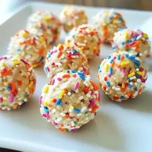 - 1 cup rolled oats - 1/2 cup vanilla protein powder - 1/4 cup almond flour - 1/2 cup nut butter (such as almond or cashew) - 1/4 cup maple syrup - 1 teaspoon vanilla extract - 1/4 cup colorful sprinkles (plus extra for rolling) - Pinch of salt These ingredients create a fun and tasty treat. The rolled oats give a hearty base. Vanilla protein powder adds flavor and boosts nutrition. Almond flour makes the balls light and nutty. Nut butter provides healthy fats and a creamy texture. Maple syrup brings a touch of sweetness. The vanilla extract adds warmth. Colorful sprinkles make these protein balls festive and fun. The pinch of salt enhances all the flavors. You can change the nut butter or add different sprinkles for a new twist. This list is simple yet effective, making these protein balls a great snack for any occasion. {{ingredient_image_2}} - Mixing Dry Ingredients: Start by taking a large mixing bowl. Add 1 cup of rolled oats, 1/2 cup of vanilla protein powder, 1/4 cup of almond flour, and a pinch of salt. Stir these dry ingredients well. You want them mixed evenly. - Combining Wet Ingredients: Now, grab a separate bowl. In this bowl, blend 1/2 cup of nut butter, 1/4 cup of maple syrup, and 1 teaspoon of vanilla extract. Mix until it becomes smooth and creamy. This step builds the sweet base for the protein balls. - Merging Wet and Dry Mixtures: Slowly pour the nut butter mix into the dry ingredients. Use a spatula or your hands to combine them. Mix until the dough is sticky yet holds together nicely. - Incorporating Sprinkles: Gently fold in 1/4 cup of colorful sprinkles. Save a few sprinkles for later decoration. This adds a fun touch, perfect for any celebration. - Chilling Process: Once mixed, put the bowl in the fridge for 15-20 minutes. Chilling helps the dough firm up, making it easier to shape. - Shaping Protein Balls: After chilling, scoop out portions with a tablespoon. Roll each scoop into a smooth ball between your hands. Repeat this until all the mixture is formed into balls. - Coating with Extra Sprinkles: Roll each protein ball in the extra sprinkles you saved. Make sure they get coated well. This adds a nice pop of color. - Final Chilling Stage: Place the protein balls on a plate or a baking sheet lined with parchment paper. Return them to the fridge for another 30 minutes. This final chill helps them set before you enjoy them. - Adjusting Texture with Ingredients: You can change the texture by adding more oats or nut butter. If you want them firmer, add more almond flour. If you prefer a softer ball, increase the nut butter. - Ensuring Cohesiveness: Make sure to mix the wet and dry ingredients well. If the mixture feels too dry, add a bit more maple syrup or nut butter. A good mix will help them hold together. - Chilling Times for Best Results: Chill the dough for 15-20 minutes before shaping. This makes it easier to handle. After shaping, chill them again for 30 minutes. This helps them firm up nicely. - Creative Serving Ideas: Serve the protein balls on a bright platter. You can also stack them in a jar for a fun display. Scatter extra sprinkles around to make it festive and appealing. - Attractive Plating Techniques: Use parchment paper under the protein balls. This keeps them neat and clean. A sprinkle of colorful toppings can make your plate pop with color. - Nutritional Advantages: These protein balls are packed with protein and healthy fats. They provide energy and are great for snacking. They help keep you full and satisfied. - Ideal Pre/Post-Workout Snack: Enjoy them before or after a workout. They give you the fuel you need to power through. Plus, they help with recovery and muscle repair. Pro Tips Keep Ingredients Room Temperature: Let your nut butter and maple syrup come to room temperature before mixing. This will help create a smoother mixture and make it easier to combine with dry ingredients. Experiment with Flavors: Feel free to swap out the nut butter for your favorite type or add a pinch of cinnamon or cocoa powder for extra flavor. This recipe is versatile and can be tailored to your taste preferences. Storage Tips: Store the protein balls in an airtight container in the refrigerator for up to a week or freeze them for longer shelf life. Just make sure to separate layers with parchment paper to prevent sticking. Perfect Rolling Technique: If the mixture is too sticky to roll, dampen your hands slightly with water. This will help you form neat, round balls without the mixture sticking to your palms. {{image_4}} You can change the flavor of your Birthday Cake Protein Balls in fun ways. Here are some ideas: - Chocolate Birthday Cake Protein Balls: Swap half of the vanilla protein powder for chocolate protein powder. This gives a rich, cocoa flavor. Add chocolate chips for extra sweetness. - Vanilla Almond Birthday Cake Protein Balls: Use vanilla protein powder and add a touch of almond extract. This gives a lovely almond taste that pairs well with the birthday cake theme. - Gluten-Free Options: Use gluten-free oats and almond flour. This way, everyone can enjoy these tasty treats without worry. You can also swap some ingredients for different needs: - Alternative Nut Butters: If you're not a fan of almond or cashew butter, try peanut butter or sunflower seed butter. Each adds a unique flavor and texture. - Vegan Options: For a vegan version, use a plant-based protein powder and maple syrup. These keep the recipe tasty and friendly for anyone avoiding animal products. Feel free to mix and match these ideas. Experimenting makes cooking exciting and fun! Refrigeration Guidelines Keep your birthday cake protein balls in an airtight container. They stay fresh in the fridge for about a week. This cool storage helps keep their texture and flavor. Remember to place parchment paper between layers to avoid sticking. Freezing Instructions You can freeze protein balls for longer storage. Wrap each ball in plastic wrap. Then, place them in a freezer-safe bag or container. They can last for up to three months in the freezer. When you want to eat them, let them thaw in the fridge or at room temperature. Duration in the Refrigerator These protein balls are best enjoyed within a week when stored in the fridge. After that, they may lose some flavor and texture. Signs of Spoilage Check for any off smells or changes in color. If they feel dry or hard, it's best to toss them. Freshness is key for tasty snacks! How to make protein balls without protein powder? You can use nut butter and oats as a base. Add seeds, like chia or flax, for extra protein. You can also mix in some Greek yogurt for creaminess and protein. Can I use different sweeteners instead of maple syrup? Yes, you can use honey or agave syrup. If you want a lower-calorie option, try stevia or monk fruit. Just remember to adjust the amount based on sweetness. What are the best ways to eat protein balls? You can enjoy them as a snack or dessert. They are great post-workout too. Pair them with fruit or yogurt for a balanced meal. Where can I buy pre-made birthday cake protein balls? You can find pre-made versions at health food stores or online. Look for brands that focus on natural ingredients. Always check the label for added sugars and fillers. In this blog post, we covered how to make delicious birthday cake protein balls. We looked at the key ingredients and walked through clear steps for preparation. You learned tips for the best texture and creative serving ideas. We also explored flavor variations and storage advice. These protein balls are fun, healthy snacks that fit any occasion. I hope you enjoy making them as much as I do!