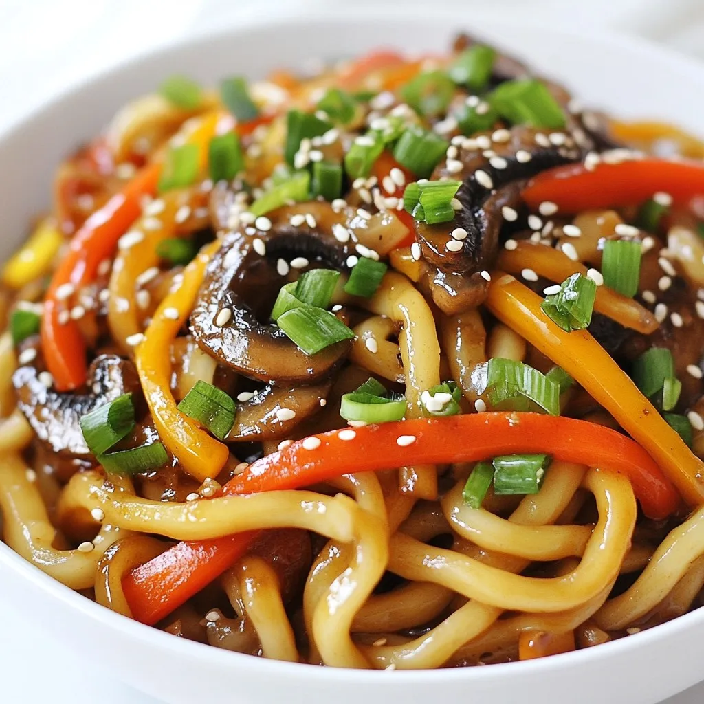- 300g udon noodles - 1 medium onion, thinly sliced - 1 carrot, julienned - 1 bell pepper (red or yellow), sliced into strips - 200g shiitake mushrooms, thinly sliced Udon noodles are thick and chewy. They are the heart of this dish. You can find them in many grocery stores. Fresh vegetables add color and crunch. The onion gives a sweet taste when cooked. Carrots bring a nice texture. Bell peppers add a sweet and juicy bite. Shiitake mushrooms give a deep umami flavor. - 2 tablespoons sesame oil - 3 tablespoons soy sauce - 1 tablespoon mirin (or agave syrup) - 2 cloves garlic, minced - 1 teaspoon fresh ginger, grated - Optional garnishes: 2 green onions, finely chopped and sesame seeds Sesame oil is nutty and fragrant. It adds richness to the dish. Soy sauce gives that salty kick we all love. Mirin or agave syrup adds sweetness to balance the flavors. Garlic and ginger enhance the dish with warmth and spice. For garnishes, green onions add a fresh taste. Sesame seeds add a nice crunch. These small details make the dish pop. Enjoy the blend of flavors in your cozy yaki udon noodles! {{ingredient_image_2}} To start, boil a pot of water. Add 300g of udon noodles. Cook them according to the package instructions. You want the noodles to be al dente, which means they should have a slight bite. Once cooked, drain the noodles. Rinse them under cold water to stop the cooking. This keeps them from getting mushy. Set the noodles aside to cool while you prepare the rest of your dish. Now, heat 2 tablespoons of sesame oil in a large skillet or wok over medium heat. When the oil shimmers, add a thinly sliced medium onion. Sauté the onion for about 2-3 minutes until it softens and turns translucent. Next, add in your fresh vegetables. Toss in 1 julienned carrot, 1 sliced bell pepper (red or yellow), and 200g of thinly sliced shiitake mushrooms. Stir-fry this mix for 5-6 minutes, allowing the vegetables to soften. Stir occasionally to ensure even cooking and to build those lovely flavors. Once the vegetables are soft, it’s time to add some flavor. Mince 2 cloves of garlic and grate 1 teaspoon of fresh ginger. Add both to your skillet with the sautéed vegetables. Keep sautéing for about 1 minute until the garlic is aromatic and lightly golden. This step brings out the rich flavors and makes your dish smell fantastic. Next, gently fold the cooked udon noodles into the vegetable mixture. Drizzle 3 tablespoons of soy sauce and 1 tablespoon of mirin (or agave syrup) over everything. Toss it all together for about 3-4 minutes. Ensure the noodles are well coated with the sauce and heated through. Remove the skillet from heat. For presentation, sprinkle your dish with finely chopped green onions and sesame seeds. Serve the yaki udon noodles hot and vibrant. For an extra touch, drizzle a bit of sesame oil on top and add pickled ginger on the side. Enjoy every bite! To get the best texture in your yaki udon, focus on cooking techniques. First, make sure to cook the udon noodles until they are al dente. This means they should have a slight bite to them. Overcooking can make them mushy. After boiling, rinse the noodles in cold water. This stops the cooking process and helps keep the noodles firm. When you sauté the vegetables, time is key. Sauté the onions for just a few minutes until they soften. Then, add in the carrots, bell peppers, and shiitake mushrooms. Cook these for 5-6 minutes. You want them to still have a nice crunch. Stir them often to cook evenly. Not a fan of udon noodles? You can swap them for rice noodles or soba noodles. Both work well in this dish. If you need a gluten-free option, try using rice noodles. For veggies, feel free to mix and match. Broccoli, snap peas, or zucchini can add great flavor. If you want a vegan version, you can replace the mirin with agave syrup. This adds sweetness without using any animal products. You can also add tofu or tempeh for protein. Just sauté them until golden. This makes the dish heartier and keeps it plant-based. Pro Tips Perfectly Cooked Noodles: Ensure you don’t overcook the udon noodles; they should be al dente before you mix them with the vegetables for the best texture. Flavor Enhancement: For a deeper flavor, consider adding a splash of mirin or a few drops of sesame oil just before serving to elevate the dish. Vegetable Variations: Feel free to mix and match your favorite vegetables! Broccoli, snap peas, or bok choy can add extra color and nutrition. Garnish Wisely: Use toasted sesame seeds and fresh herbs as a garnish to provide a delightful crunch and fresh flavor contrast. {{image_4}} You can easily add more protein to your cozy yaki udon. Chicken, beef, or tofu all work great. - Chicken: Slice it thinly and cook it first. This keeps it juicy and tender. - Beef: Use flank steak or sirloin. Thin slices cook quickly and add great flavor. - Tofu: Firm tofu is best. Cube it and pan-fry until golden for a nice texture. Adding protein not only boosts flavor but also makes the dish more filling. This way, everyone can enjoy it! To make your yaki udon even better, try extra sauces and spices. - Soy Sauce: This is key but feel free to add more for a stronger taste. - Mirin: A touch more can sweeten the dish nicely. - Chili Paste or Red Pepper Flakes: If you like heat, these are your friends! Just a little bit adds great spice. Experimenting with these flavors lets you make the dish your own. You can create a new favorite every time you cook! To keep your cozy yaki udon noodles fresh, refrigerate them. Place the noodles in an airtight container. They can last up to three days in the fridge. If you want to keep them longer, freeze the noodles. Use a freezer-safe bag or container. They can stay good for up to three months in the freezer. Remember to cool the noodles completely before storing them. This helps prevent ice crystals from forming. When reheating yaki udon noodles, the goal is to keep them tender. Start by adding a splash of water to a skillet. Heat it over medium heat. Add the noodles and cover the skillet with a lid. This helps steam the noodles and keep them moist. Stir occasionally for even heating. You can also use the microwave. Place the noodles in a microwave-safe dish. Add a little water, cover, and heat in short bursts. Check every 30 seconds, stirring to make sure the noodles heat evenly. Enjoy your delicious noodles just like fresh! Yaki udon noodles are thick, chewy noodles from Japan. They are made from wheat flour. These noodles are stir-fried with vegetables and sauce, creating a tasty dish. You can find yaki udon in many Japanese restaurants. The dish often includes colorful veggies like bell peppers and mushrooms. The flavors are rich and savory, thanks to sauces like soy sauce and mirin. To make yaki udon gluten-free, choose rice noodles instead of wheat udon. Many brands offer gluten-free options that taste great. You can also use shirataki noodles, made from konjac yam. They are low in calories and carbs. When using gluten-free soy sauce, check labels to ensure it is safe. Yes, you can prepare yaki udon ahead of time. Cook the noodles and veggies separately, then store them in airtight containers. Keep the sauce in a jar. This way, you can mix and heat them when ready to serve. For busy weeknights, meal prep makes dinner easy. Just remember to add fresh toppings right before serving. Yaki udon pairs well with many sides. Try serving it with miso soup for a warm start. Steamed edamame adds a nice crunch. You can also enjoy it with a side salad topped with sesame dressing. For a fun appetizer, serve gyoza or spring rolls. These dishes complement the flavors of yaki udon perfectly. Cozy Yaki Udon is a simple and tasty dish. We covered the key ingredients, cooking steps, and helpful tips. With fresh noodles and crisp veggies, it shines in flavor. You can use different proteins or sauces to make it your own. Remember, storing leftovers can keep this meal fresh. Enjoy exploring new ways to serve Yaki Udon. Your kitchen will be filled with delicious scents, making it worth the effort. Try it today and impress everyone at your table!