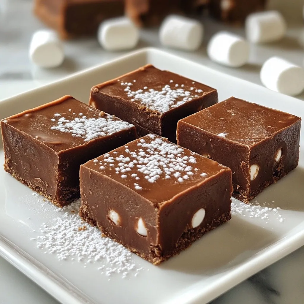 To make this easy fudge, gather these main ingredients: - 1 cup semi-sweet chocolate chips - 1 can (14 oz) sweetened condensed milk - 2 tablespoons unsalted butter - 1 teaspoon pure vanilla extract - 1 pinch of fine sea salt These simple items will create a rich and creamy fudge. You can make your fudge even more fun with these add-ins: - 1/2 cup chopped nuts (like walnuts or pecans) - 1/4 cup mini marshmallows Adding nuts gives a nice crunch. Mini marshmallows add a soft, chewy texture. For the best fudge, use standard measuring cups. Make sure your chocolate chips are semi-sweet for the right balance of flavor. Check the date on your sweetened condensed milk; fresh ingredients yield the best results. If using nuts, chop them into small pieces for even distribution. This ensures every bite is full of flavor. {{ingredient_image_2}} Start by picking a microwave-safe bowl. You will need to add the semi-sweet chocolate chips, the whole can of sweetened condensed milk, and the unsalted butter. Mix these three ingredients well in the bowl before heating. Now, place the bowl in the microwave. Heat it on high for 30 seconds. Carefully take out the bowl and stir the mixture with a spatula. If you see lumps, put it back in the microwave for another 15 seconds. Stir again until it’s silky and smooth. Next, stir in the pure vanilla extract and a pinch of fine sea salt. If you like, fold in chopped nuts or mini marshmallows for extra fun. Pour the mixture into an 8x8-inch square pan lined with parchment paper. Let the fudge cool at room temperature for about 30 minutes. Then, move it to the fridge for 30 more minutes to set completely. Once set, lift the fudge out of the pan using the parchment paper. Cut it into squares, and enjoy! To get the best fudge texture, you must melt the chocolate properly. Use high-quality semi-sweet chocolate chips. This ensures a rich flavor. Stir the mixture well until it's smooth and creamy. If it feels too thick, add a bit more condensed milk. This will help it become silkier. Letting the fudge cool at room temperature helps it set nicely. After that, chill it in the fridge for a firmer bite. Microwaving is fast, but you must be careful. Heat your mixture in short bursts. Start with 30 seconds, then stir. If you still see lumps, heat for another 15 seconds. This method helps the chocolate melt evenly. Use a microwave-safe bowl to avoid any mess. Always check the bowl's heat before touching it. It can get hot quickly. Your fudge deserves a lovely presentation. Use a clean, decorative platter to serve it. Cut the fudge into neat squares for a tidy look. To add flair, sprinkle powdered sugar on top. You can also use colorful toppings, like sprinkles or crushed nuts. Doing this before the fudge sets creates a fun effect. A beautiful presentation makes your treat even more appealing! Pro Tips Use High-Quality Chocolate: The flavor of your fudge largely depends on the chocolate you choose. Opt for high-quality semi-sweet chocolate chips for the best taste and texture. Customize Your Fudge: Feel free to experiment with different mix-ins like dried fruits, coconut flakes, or flavored extracts to create unique variations of this fudge recipe. Properly Line Your Pan: Always line your pan with parchment paper to ensure easy removal of the fudge once set. This helps maintain the fudge's shape and prevents sticking. Storage Tips: Store your fudge in an airtight container at room temperature for up to a week or refrigerate for longer freshness. Just ensure to separate layers with parchment paper to prevent sticking. {{image_4}} You can play with flavors to make your fudge unique. Try using different chocolate types. For example, swap semi-sweet chocolate chips for dark or white chocolate. Each type gives a new taste. You can also add extracts. Use almond or mint extract for a fun twist. To spice it up, mix in a teaspoon of instant coffee or espresso powder. It gives a nice richness. Making fudge vegan is easy. Replace sweetened condensed milk with coconut milk or almond milk. Use dairy-free chocolate chips instead of regular ones. You can also check for gluten-free chocolate chips. This way, everyone can enjoy your tasty treat. Always read labels to ensure your ingredients fit your needs. You can make fudge fun for holidays. During Christmas, add crushed candy canes for a minty touch. For fall, mix in pumpkin spice and chopped pecans. In summer, try adding fresh berries or citrus zest for a refreshing flavor. These seasonal additions make the fudge festive and exciting for all. To keep your fudge fresh, let it cool completely. Then, cut it into squares. Place the pieces in a single layer in a container. You can also stack them with parchment paper between layers. This helps them stay nice and neat. Use an airtight container for the best results. Glass or plastic containers work well. Make sure the lid seals tightly. This keeps moisture out and prevents the fudge from drying out. You can also wrap the fudge in plastic wrap before placing it in the container. Homemade fudge lasts about one week at room temperature. If you want to keep it longer, freeze it. Fudge can last for up to three months in the freezer. Just wrap it well in plastic wrap and then in foil. When you're ready to eat it, let it thaw in the fridge overnight. Yes, you can make fudge without condensed milk. You can use heavy cream or coconut milk as a substitute. These options will still give your fudge a rich and creamy texture. Just keep in mind that the flavor may change slightly. You might also need to adjust the sugar since condensed milk is sweet. If your fudge won’t set, check the temperature first. Fudge needs to cool completely to firm up. If you didn't cook it long enough, heat it gently again and stir. Pour it back into the pan and let it cool longer. If it’s still soft, you can add more chocolate or a bit of powdered sugar. This helps thicken it. You can add many fun things to your fudge! Try nuts like walnuts or pecans for crunch. Mini marshmallows bring a soft, chewy bite. You can also add sprinkles, or swirl in peanut butter or caramel for extra flavor. Think about mixing in cookies or even dried fruit for a twist. The options are endless! This blog post covered the key steps to make five-minute fudge. You learned about essential ingredients, how to prepare and melt chocolate, and tips for perfecting the texture. We explored flavor variations and dietary options, ensuring everyone can enjoy this treat. Finally, you discovered how to store fudge for later use. Enjoying fudge is simple and fun. With these tips, you can create your own perfect batch anytime. Dive into the fudge-making world, and let your creativity shine!