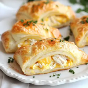 - 1 can of crescent roll dough - 1 cup cooked chicken, shredded - 1 cup cream cheese, softened - 1 cup shredded cheddar cheese These main ingredients create the heart of the dish. The crescent roll dough serves as the flaky base. The shredded chicken adds protein and texture. Cream cheese brings a creamy, rich flavor, while cheddar cheese adds a sharp taste that melts beautifully. - 1/2 teaspoon garlic powder - 1/2 teaspoon onion powder - 1/4 teaspoon paprika - Salt and freshly ground black pepper to taste - 1 tablespoon fresh parsley, finely chopped (for garnish) The seasonings enhance the flavor of the filling. Garlic powder gives a nice aroma, while onion powder adds depth. Paprika adds color and a hint of smokiness. Salt and black pepper balance all the flavors. The fresh parsley as a garnish brightens the dish and adds a touch of color. You can mix things up with a few optional ingredients: - 1/2 cup cooked spinach - 1/2 cup diced bell peppers - 1/2 cup cooked bacon, crumbled Adding spinach boosts nutrition and flavor. Diced bell peppers add crunch and sweetness. Crumbled bacon gives a smoky, savory touch. Feel free to get creative and make this dish your own! {{ingredient_image_2}} First, you need to preheat your oven. Set it to 375&deg;F (190&deg;C). This step is key for cooking the rolls evenly. Next, take a baking sheet and line it with parchment paper. This helps with easy cleanup later. Now, grab a large mixing bowl. In it, combine the shredded chicken, softened cream cheese, and shredded cheddar cheese. Add in the garlic powder, onion powder, paprika, and a pinch of salt and black pepper. Mix everything well until it's creamy and smooth. This cheesy chicken filling is what makes the rolls so tasty! On a clean surface, unroll the crescent roll dough. You will see perforated lines; separate the dough into individual triangles. At the wide end of each triangle, put about a generous tablespoon of the cheesy chicken filling. Be careful not to overfill! Starting from the wide end, roll the dough over the filling. Tuck the sides in as you go. This keeps the filling inside. Place the filled crescent rolls on the prepared baking sheet. Make sure to space them apart. This allows them to expand while baking. Bake in your preheated oven for 12-15 minutes. You want them to turn golden brown and puff up beautifully. After baking, take them out and let them cool for a few minutes. For a nice touch, garnish your rolls with freshly chopped parsley before serving. Enjoy! To avoid overfilling crescent rolls, use just a tablespoon of filling. If you add too much, the rolls may burst while baking. Make sure to leave some space at the edges. This helps seal the rolls tightly. A good seal keeps all the cheesy goodness inside. For a perfect golden crust, bake the rolls at 375&deg;F. Use parchment paper to help with even baking. Brush the tops with a little melted butter before baking. This adds flavor and promotes browning. Keep an eye on them. They should bake for about 12 to 15 minutes. Serve your cheesy chicken crescent rolls warm on a nice platter. Add a small bowl of ranch or salsa for dipping. This enhances the meal and makes it fun. Sprinkle some fresh parsley on top for color. A little garnish goes a long way in making your dish look appealing. Pro Tips Use Leftover Chicken: This recipe is a great way to use up leftover rotisserie chicken, making it quick and convenient. Experiment with Cheese: Try mixing different cheeses like mozzarella or pepper jack for a unique flavor twist in your rolls. Egg Wash for Shine: For an extra golden finish, brush the rolls with an egg wash (beaten egg) before baking. Serve with Dipping Sauce: Pair these rolls with your favorite dipping sauce, such as ranch or buffalo sauce, for added flavor. {{image_4}} You can change up the cheese in your cheesy chicken crescent rolls. Instead of cheddar, try mozzarella for a stretchier bite. Cream cheese adds creaminess, while pepper jack brings heat. You can mix and match these cheeses for a unique taste. Experimenting with different cheese options keeps dinner exciting! Add veggies to your cheesy chicken filling for extra flavor and nutrition. Spinach adds a nice green touch. Diced bell peppers bring sweetness, while chopped onions add a savory crunch. You can saut&eacute; the veggies first for a softer texture. This variation makes your rolls more colorful and tasty! If you want a change from chicken, use other proteins. Cooked turkey works well and keeps the dish light. Shredded beef adds a rich flavor, while diced ham gives a salty kick. Plant-based proteins like tofu or chickpeas are great for vegetarian options. Each choice offers a new twist on this classic recipe! To keep your Cheesy Chicken Crescent Rolls fresh, place them in an airtight container. This method prevents drying and keeps the rolls tasty. Make sure they are completely cooled before storing. You can store them in the fridge for up to three days. If you want to enjoy them later, freezing is an option. For the best taste when reheating, use an oven. Preheat the oven to 350&deg;F (175&deg;C). Place the rolls on a baking sheet. Heat them for about 10 to 15 minutes. This helps them regain their crispness. You can also use a microwave, but the rolls may get soft. Heat them in short bursts of 10 to 15 seconds. If you want to save some for later, freeze the rolls before baking. Wrap each roll tightly in plastic wrap. Then place them in a freezer-safe bag. Label the bag with the date. They can last up to three months in the freezer. When ready to eat, thaw them in the fridge overnight. Bake them straight from the fridge for a warm treat! Yes, you can use store-bought rotisserie chicken. It saves time and adds flavor. Just shred the chicken before mixing it with other ingredients. This shortcut works great for busy nights. Cheesy Chicken Crescent Rolls last about three to four days in the fridge. Make sure to store them in an airtight container. This keeps them fresh and tasty for your next meal. These rolls taste great with many sauces. Try ranch, salsa, or honey mustard. Each sauce adds a different kick and makes the rolls even more fun to eat. Yes, you can prepare these rolls ahead of time. Assemble them and store them in the fridge for up to a day. Just bake them when you're ready to eat. This makes dinner easy and quick. Cheesy Chicken Crescent Rolls are tasty and easy to make. We discussed key ingredients, step-by-step instructions, and helpful tips. You can play with cheese and protein choices for new flavors. Storing leftovers and reheating them right keeps them tasty. Keep experimenting with this recipe to find your favorite version. Enjoy making and sharing these rolls with family and friends.