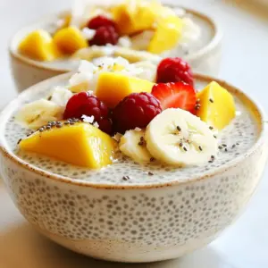 - 1/2 cup chia seeds - 2 cups coconut milk (choose between canned or carton for variety) - 2 tablespoons maple syrup or honey (feel free to adjust based on your desired sweetness) - 1 teaspoon vanilla extract - A pinch of sea salt - Suggested toppings: fresh fruits (like mango, berries, or banana), shredded coconut, nuts, granola Chia seed pudding is simple, but the right ingredients make it shine. First, we need chia seeds. These tiny seeds are packed with nutrients and help the pudding thicken. Next, coconut milk adds a creamy, tropical flavor. You can use canned coconut milk for a richer taste or carton coconut milk for a lighter option. For sweetness, you can pick either maple syrup or honey. Both work well, so use what you like best. A dash of vanilla extract gives the pudding a lovely aroma. A pinch of sea salt balances the sweetness and enhances the overall flavor. Now, let&rsquo;s talk toppings! You can add fresh fruits like mango, berries, or banana. They bring color and taste to your pudding. Shredded coconut adds a nice crunch. Nuts or granola also provide texture and flavor. Mix and match these toppings to create your perfect chia seed pudding! {{ingredient_image_2}} To start, grab a medium mixing bowl. In this bowl, combine the following ingredients: - 1/2 cup chia seeds - 2 cups coconut milk - 2 tablespoons maple syrup or honey - 1 teaspoon vanilla extract - A pinch of sea salt Next, use a whisk to mix everything together. This step is key. It helps prevent clumping of the chia seeds. You want the seeds evenly spread in the coconut milk. Once mixed, let it rest for about 5-10 minutes. This allows the chia seeds to soak up the liquid. After resting, whisk the mixture again to break up any clumps that may have formed. Now it&rsquo;s time to cover your bowl. Use plastic wrap or a lid to keep it sealed. Place the bowl in the refrigerator. Chill it for at least 2 hours. If you want a firmer pudding, let it sit overnight. The longer it chills, the better the texture. When you&rsquo;re ready to serve, stir the pudding well. This step ensures a smooth texture. Taste it and adjust the sweetness, if needed, by adding more maple syrup or honey. Now, spoon the creamy pudding into bowls or jars. To make it look special, add your favorite toppings. Try fresh fruits like: - Ripe mango - Fresh berries - Sliced banana You can also add crunchy textures like shredded coconut, nuts, or granola. For a fun twist, layer the pudding in clear jars. Each layer can have different fruits for a colorful display. A mint leaf on top adds a nice touch! To make the best chia seed pudding, adjusting sweetness is key. You can start with 2 tablespoons of maple syrup or honey. Taste it after mixing, and add more if you like it sweeter. This way, you control how sweet your pudding is. For a smooth texture, mix well. After you combine the chia seeds and coconut milk, whisk briskly. This helps break up clumps. Let it rest for 5-10 minutes, then whisk again. This extra step ensures a creamy pudding. Chia seeds are a superfood packed with nutrients. They are full of fiber, protein, and omega-3 fatty acids. Just two tablespoons give you a good boost of energy. Plus, they help keep you full, which can help with weight control. You can easily add chia seeds to your diet. Try mixing them into smoothies or oatmeal. You can also sprinkle them on yogurt or salads for extra crunch and health. To make your chia pudding even more delicious, think about adding flavors. Cocoa powder gives a rich, chocolatey taste. Cinnamon or nutmeg can add a warm touch. A pinch goes a long way! For crunchy toppings, consider using nuts or granola. Fresh fruits like mango, berries, or banana can brighten the dish. Shredded coconut on top adds a nice texture too. Mixing flavors and textures makes eating chia pudding fun! Pro Tips Soak the Chia Seeds: For a creamier texture, soak the chia seeds in the coconut milk for longer than the minimum time suggested. This will allow them to expand fully and create a more indulgent pudding. Experiment with Flavors: Feel free to infuse the coconut milk with additional flavors such as a dash of cinnamon, a splash of almond extract, or even a hint of coconut extract to enhance the overall taste. Use Full-Fat Coconut Milk: For the richest and creamiest pudding, opt for full-fat canned coconut milk. This will give you a luxurious, dessert-like experience. Layer for Presentation: When serving, layer the pudding with your chosen toppings in clear jars or glasses. This not only looks appealing but also allows guests to see the beautiful colors of the fruits and toppings. {{image_4}} You can easily make this chia seed pudding dairy-free and vegan. Here are some ideas: - Alternative milk options: Use almond milk, soy milk, or oat milk instead of coconut milk. Each type brings its own flavor and texture. - Sweetener substitutes: Instead of maple syrup or honey, try agave syrup or coconut sugar. Both work well and keep it vegan. Chia pudding is great for every season. You can mix it up with different fruits and toppings: - Fruits to use during different seasons: In winter, go for citrus fruits like oranges and grapefruits. In spring, use fresh berries. Summer is perfect for peaches and melons. In fall, add apples and pears. - Themed toppings for special occasions: For holidays, consider using colored sprinkles or themed fruits. You can make it festive for birthdays with bright toppings. Chia pudding is a versatile treat. You can enjoy it with various snacks or meals: - Complementary desserts or snacks: Pair it with dark chocolate or a slice of banana bread. Both add a nice touch. - Breakfast options with chia pudding: Serve it alongside oatmeal or yogurt for a filling breakfast. You can also use it as a layer in a parfait with granola. To keep your chia seed pudding fresh, use an airtight container. Glass jars work well and show off the pretty layers. You can store it in the fridge for up to five days. Just make sure to keep the lid on tight to avoid any odors from other foods. If you want to save some for later, you can freeze chia pudding. Pour it into freezer-safe containers, leaving some space at the top for expansion. It lasts up to three months in the freezer. When you&rsquo;re ready to eat it, thaw it in the fridge overnight. For best results, stir it well after thawing. Enjoy your creamy treat anytime! Chia seed pudding lasts about 5 days in the fridge. Store it in an airtight container. This keeps it fresh and safe to eat. After a few days, check for any odd smells or changes in texture. If it looks or smells off, it's best to toss it. Yes, you can use many types of milk for your chia pudding. Almond milk, soy milk, and oat milk are all great choices. Each milk brings its own flavor and creaminess. This gives you options to suit your taste and diet. Chia seed pudding can be good for weight loss. Chia seeds are high in fiber, which can help you feel full. This may lead to eating less throughout the day. Plus, they are low in calories and packed with nutrients. Enjoying chia pudding as a snack can support your weight goals. Absolutely! Flavored coconut milk can add a fun twist to your pudding. You might try vanilla or chocolate flavors. This can enhance the taste and make your pudding even more enjoyable. Just remember to adjust your sweetener, as flavored milk can be sweeter. Chia seed pudding is simple to make and full of health benefits. We covered the key ingredients, step-by-step instructions, and tips for perfecting the recipe. You can mix and match flavors, textures, and toppings to make it your own. Remember, this dish is versatile for any diet. Whether you need a snack or breakfast, it's easy to store and customize. Now, you can enjoy a tasty treat that&rsquo;s both nutritious and fun to prepare. Make it your way, and delight in every bite!