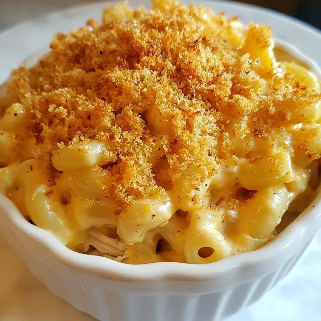 Here’s what you need to make high protein mac and cheese: - 2 cups whole grain elbow macaroni - 1 cup cottage cheese - 1 cup shredded sharp cheddar cheese - 1/2 cup grated Parmesan cheese - 1 cup Greek yogurt - 2 tablespoons nutritional yeast (optional, for added cheesiness) - 1 teaspoon garlic powder - 1 teaspoon onion powder - Salt and freshly ground black pepper to taste - 1 cup cooked and shredded chicken breast (optional, for extra protein) - 1/2 cup unsweetened almond milk (or any milk of choice) - Breadcrumbs (for topping) Each ingredient plays a key role in this dish. Whole grain elbow macaroni gives a nice texture and fiber. Cottage cheese brings creaminess and protein. Sharp cheddar and Parmesan add rich flavor. Greek yogurt boosts creaminess and protein. Nutritional yeast is optional but can enhance the cheesy taste. Garlic powder and onion powder add depth. Adding cooked chicken can increase protein even more. Almond milk keeps it creamy while breadcrumbs give a crunchy topping. All these ingredients mix for a delicious and healthy meal. {{ingredient_image_2}} - Boil salted water and cook macaroni. - Drain and set aside. To start, fill a large pot with water. Add a good amount of salt to the water. This will help season the pasta. Bring the water to a rolling boil. Once boiling, add your whole grain elbow macaroni. Cook it for about 8 to 10 minutes. You want it to be al dente, which means it should still have a bit of bite. After cooking, drain the pasta and set it aside in a large mixing bowl. - Combine dairy ingredients in a bowl. - Blend until creamy. Next, grab another large mixing bowl for the cheese sauce. Add in the cottage cheese, Greek yogurt, shredded sharp cheddar cheese, and grated Parmesan cheese. If you want extra cheesiness, toss in the nutritional yeast. Sprinkle in the garlic powder and onion powder. Pour in the almond milk. Now, use a blender or an immersion blender to mix everything until it's creamy and smooth. This step is key for a rich sauce. - Mix pasta with cheese sauce. - Fold in cooked chicken. Now it’s time to combine! Carefully add the drained macaroni to the cheese sauce. Stir gently so every piece of pasta gets coated. If you have cooked and shredded chicken, fold it in at this stage. This adds extra protein and makes your dish even better. - Taste and adjust seasoning. Before baking, taste your cheesy mixture. Add salt and freshly ground black pepper to boost the flavor. Mix it well to ensure the seasoning is even throughout. A little adjustment here can make a big difference! - Prepare baking dish and sprinkle breadcrumbs. - Bake at 350°F for 20-25 minutes. Preheat your oven to 350°F (175°C). Grease a medium-sized baking dish. Transfer the macaroni and cheese mixture into the dish. Top it with breadcrumbs for a crunchy layer. Bake it in the oven for about 20 to 25 minutes. You want the top to be golden brown and bubbling. This is where the magic happens! To get that perfect creamy texture, I recommend using a blender. Blend the cheese and yogurt until smooth. This helps mix everything well. Gradual mixing is key. Start by adding a little pasta to the cheese sauce. Stir gently. This way, each piece of macaroni gets coated evenly. You can really enhance the flavor of your mac and cheese! Try adding some herbs like thyme or basil. A pinch of cayenne pepper adds a nice kick. For toppings, think about crispy bacon or fresh breadcrumbs. These add crunch and extra taste. Cooking time matters. Bake at 350°F for a golden top and bubbling cheese. If you use a convection oven, lower the temperature by about 25°F. This helps cook it evenly and keeps it moist. Adjusting time and temp makes a big difference in texture and flavor. Pro Tips Use a variety of cheeses: Mixing different types of cheese, such as gouda or mozzarella, can enhance the flavor profile and give a more complex cheesiness to your dish. Cook pasta slightly under al dente: Since the pasta will continue to cook while baking, it’s best to undercook it a little during the boiling process to prevent mushiness. Experiment with spices: Feel free to add your favorite spices or herbs, such as paprika or Italian seasoning, to the cheese sauce for an extra kick of flavor. Let it rest before serving: Allow the baked macaroni and cheese to cool for a few minutes before serving; this helps it set and makes for cleaner portions. {{image_4}} To make a vegetarian high protein mac and cheese, substitute meat with plant-based proteins. This keeps the dish tasty and healthy. Beans and legumes are great choices. I recommend using black beans, chickpeas, or lentils. They add protein and fiber. You can mix them into the cheese sauce or stir them in with the pasta. This simple swap makes the dish filling and satisfying. Exploring various cheese blends can create unique flavors. Try mixing mozzarella, gouda, or pepper jack for added zest. Each cheese brings its own taste and texture. If you prefer vegan cheese, there are also great options. Look for brands that use nuts or soy. These can melt well and offer creamy goodness without dairy. Experiment with different cheese combinations to find your perfect blend! For a gluten-free option, choose suitable pasta alternatives. Brown rice pasta or quinoa pasta works well. These options taste great and maintain a nice texture. Adjust the recipe by checking the cooking time on the package. Gluten-free pasta may cook faster or slower than regular pasta. Keep an eye on it to avoid overcooking. This way, everyone can enjoy a delicious mac and cheese! Store leftover mac and cheese in an airtight container. Make sure it cools first. It should last about 3 to 5 days in the fridge. If you want to keep it longer, freezing is a great option. To freeze mac and cheese, allow it to cool completely. Then, transfer it to a freezer-safe container. You can also use freezer bags for easy storage. Label the container with the date. It can stay in the freezer for up to 2 months. When you’re ready to eat, thaw it overnight in the fridge. You can reheat mac and cheese in the oven or the microwave. For the oven, preheat to 350°F. Place the mac and cheese in a dish and cover it with foil. Heat for about 20 minutes. For the microwave, use a microwave-safe bowl. Heat it in short bursts, stirring in between. To keep that creamy texture, add a splash of milk before reheating. This helps it stay moist and delicious. This mac and cheese packs a protein punch. The main sources include: - Cottage Cheese: 28 grams of protein per cup. - Greek Yogurt: 20 grams of protein per cup. - Chicken Breast: 26 grams of protein per cup (optional). - Cheeses: Sharp cheddar and Parmesan add more protein. With these ingredients, you get a creamy dish full of protein. This helps in muscle building and keeps you full longer. Yes, you can easily make this dish dairy-free. Here are some swaps: - Cottage Cheese: Use a dairy-free cottage cheese or blended tofu. - Cheddar Cheese: Try a plant-based cheddar. - Greek Yogurt: Swap with dairy-free yogurt. - Milk: Use almond milk or any plant milk. These substitutions keep the creamy texture and taste you love. You can enjoy this dish without dairy. Kids love fun flavors! Here are some ideas: - Add Veggies: Mix in peas or spinach for extra color. - Cheese Choices: Use milder cheese like mozzarella. - Fun Shapes: Use pasta in fun shapes, like stars or animals. - Toppings: Let kids choose their favorite toppings, like crunchy breadcrumbs or crispy bacon. These changes make the dish appealing and fun for kids. They'll enjoy eating their protein-packed mac and cheese! Absolutely! This mac and cheese is great for meal prep. Here are some tips: - Cook Ahead: Make the dish in advance and store it in the fridge. - Portioning: Divide into individual servings for easy reheating. - Storing: Use airtight containers to keep it fresh. - Reheating: Warm in the oven or microwave. Add a splash of milk for creaminess. Meal prepping makes it easy to enjoy this tasty dish all week! This recipe shows how to create a tasty mac and cheese with healthy twists. We covered the ingredients, step-by-step cooking, and handy tips. You can enjoy this dish in many ways, like vegetarian or gluten-free. Remember to store leftovers properly for best taste later. Experiment with flavors and make it your own! You now have the tools to impress family and friends with a creamy, cheesy delight. Happy cooking!
