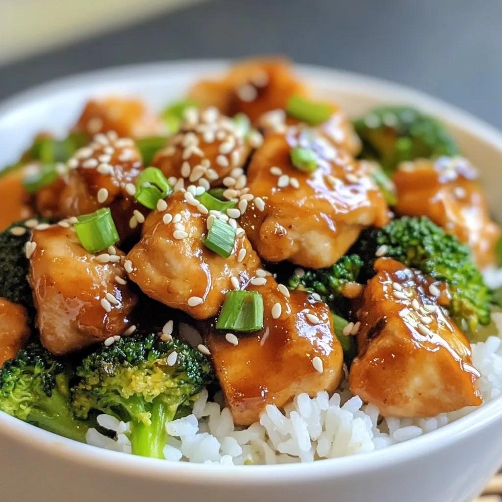 - 1 lb boneless, skinless chicken breast, cut into bite-sized pieces - 2 cups broccoli florets, fresh or frozen - 1/4 cup soy sauce (low-sodium recommended) - 2 tablespoons honey - 1 tablespoon sesame oil - 1 tablespoon cornstarch - 2 cloves garlic, finely minced - 1 teaspoon fresh ginger, grated - 2 tablespoons vegetable oil - 1 tablespoon sesame seeds (for garnish) - About 2 cups cooked jasmine rice (for serving) - Sliced green onions (for garnish) Gather these ingredients to create a delicious Minute Teriyaki Chicken and Broccoli. You can adjust the quantities based on your needs. The chicken provides protein, while broccoli adds color and nutrients. Soy sauce gives the dish its savory flavor, and honey adds a touch of sweetness. Using low-sodium soy sauce helps control salt intake. Sesame oil brings a nutty taste that enhances the dish. Cornstarch thickens the sauce, making it cling well to the chicken and broccoli. Garlic and ginger add depth and warmth to the flavor profile. For garnishing, sesame seeds and sliced green onions add a fresh crunch and bright finish. Serve this dish over jasmine rice for a complete meal. {{ingredient_image_2}} To start, grab a medium bowl. Mix these ingredients: - 1/4 cup soy sauce - 2 tablespoons honey - 1 tablespoon sesame oil - 1 tablespoon cornstarch - 2 cloves garlic, minced - 1 teaspoon fresh ginger, grated Whisk until smooth. Make sure there are no lumps from the cornstarch. This sauce is key for flavor. Next, take a large skillet. Heat 1 tablespoon of vegetable oil over medium-high heat. Once hot, add 1 lb of chicken breast cut into bite-sized pieces. Sauté the chicken for about 5-7 minutes. Stir often until it turns golden brown and is fully cooked. Then, remove the chicken and set it on a plate. Now, use the same skillet for the broccoli. Add another tablespoon of vegetable oil. Toss in 2 cups of broccoli florets. Cook for about 3-4 minutes. You want the broccoli to be bright green and tender-crisp. This keeps the texture fresh and appealing. Return the cooked chicken to the skillet with the broccoli. Pour the teriyaki sauce over everything. Stir well to coat the chicken and broccoli evenly. Cook for an extra 2-3 minutes. This allows the sauce to thicken and stick to the food. Remove the skillet from the heat. Let it rest for about one minute. This cooling helps the flavors settle. Now, divide about 2 cups of cooked jasmine rice into bowls. Layer the teriyaki chicken and broccoli mixture over the rice. Finally, sprinkle sesame seeds on top. Add sliced green onions for a nice burst of flavor. If you like, squeeze a lime wedge over the dish for a zesty kick. These small touches make your meal look and taste amazing! - To ensure chicken is cooked through, cut it into small pieces. This helps it cook evenly. Use a meat thermometer to check for a temperature of 165°F. - For the right broccoli texture, sauté it until bright green. It should be tender but still crisp. Avoid overcooking, or it may turn mushy. - You can add spices like red pepper flakes for a kick. Other veggies, like bell peppers or snap peas, also add nice flavors. - If you want more sweetness, add an extra drizzle of honey. Balance the flavor by using less soy sauce if needed. - Serve in colorful bowls to make the dish pop. Bright colors make meals more fun and inviting. - Arrange the chicken and broccoli in a neat layer over the rice. Add sesame seeds and green onions on top for a fresh touch. Pro Tips Marinate for More Flavor: Allow the chicken to marinate in the teriyaki sauce for at least 30 minutes before cooking. This enhances the flavor and tenderness of the meat. Perfectly Cooked Broccoli: To maintain a vibrant green color and crisp texture, blanch the broccoli in boiling water for 1-2 minutes before sautéing. Adjust Sauce Thickness: If you prefer a thicker sauce, simply increase the cornstarch or add a bit more honey to achieve your desired consistency. Serving Suggestions: For added nutrition, consider serving with a side of edamame or a simple salad dressed with sesame vinaigrette. {{image_4}} You can switch up the protein in your teriyaki dish. Shrimp makes a great choice. It cooks quickly and absorbs the sauce well. Tofu is another option for a plant-based meal. Use firm tofu for the best texture. You can also try beef or pork. Just slice them thinly and cook until tender. Each protein brings a unique taste to the dish. For a vegetarian twist, add more vegetables. Bell peppers, snap peas, or carrots work nicely. You can also replace the chicken with a plant-based alternative. Look for soy-based or pea protein options. This keeps the dish hearty while being meat-free. Mixing in extra veggies boosts nutrition and flavor. Feel free to experiment with the teriyaki sauce. You can try different recipes to find your favorite. Adding chili paste or sriracha gives it a spicy kick. If you like sweeter sauce, add more honey. These small changes transform the dish and keep it exciting. Enjoy creating your unique version! To keep your Minute Teriyaki Chicken and Broccoli fresh, store leftovers in an airtight container. Make sure the dish cools to room temperature before sealing. This helps prevent moisture buildup. Stored this way, the chicken lasts for up to three days in the fridge. Always check for any off smells or changes in color before eating. For long-term storage, freeze your teriyaki chicken and broccoli. Use a freezer-safe container or a resealable bag. Remove as much air as possible to avoid freezer burn. This dish can stay fresh in the freezer for about three months. When ready to enjoy, thaw it overnight in the fridge for best results. To reheat, place the chicken and broccoli in a skillet over low heat. Adding a splash of water or broth helps keep the chicken moist. You can also microwave it in short bursts, stirring in between. Heat until warmed through, but don’t overcook. This way, your meal stays juicy and flavorful. This dish takes about 20 minutes total. You need 10 minutes to prep. The cooking time is around 10 minutes. Yes, you can prep this meal ahead. Cook the chicken and broccoli, then store them in the fridge. Place them in an airtight container. They stay fresh for up to three days. Reheat before serving for the best taste. You can serve this with jasmine rice. Other great sides include stir-fried veggies or a fresh salad. For a fun twist, add some egg rolls or spring rolls. Absolutely! Frozen broccoli works well in this recipe. Just add it directly to the skillet. It may take a minute longer to cook, but it still tastes great. Fresh broccoli is nice too, so feel free to choose! This blog post covered how to make a delicious teriyaki chicken and broccoli dish. You learned about the key ingredients, step-by-step cooking methods, and helpful tips. The various options for proteins and sauces let you make this meal your own. Remember to store leftovers correctly to enjoy later. Cooking should be fun and easy, so feel free to experiment with flavors. Enjoy creating this tasty meal for you or your family!