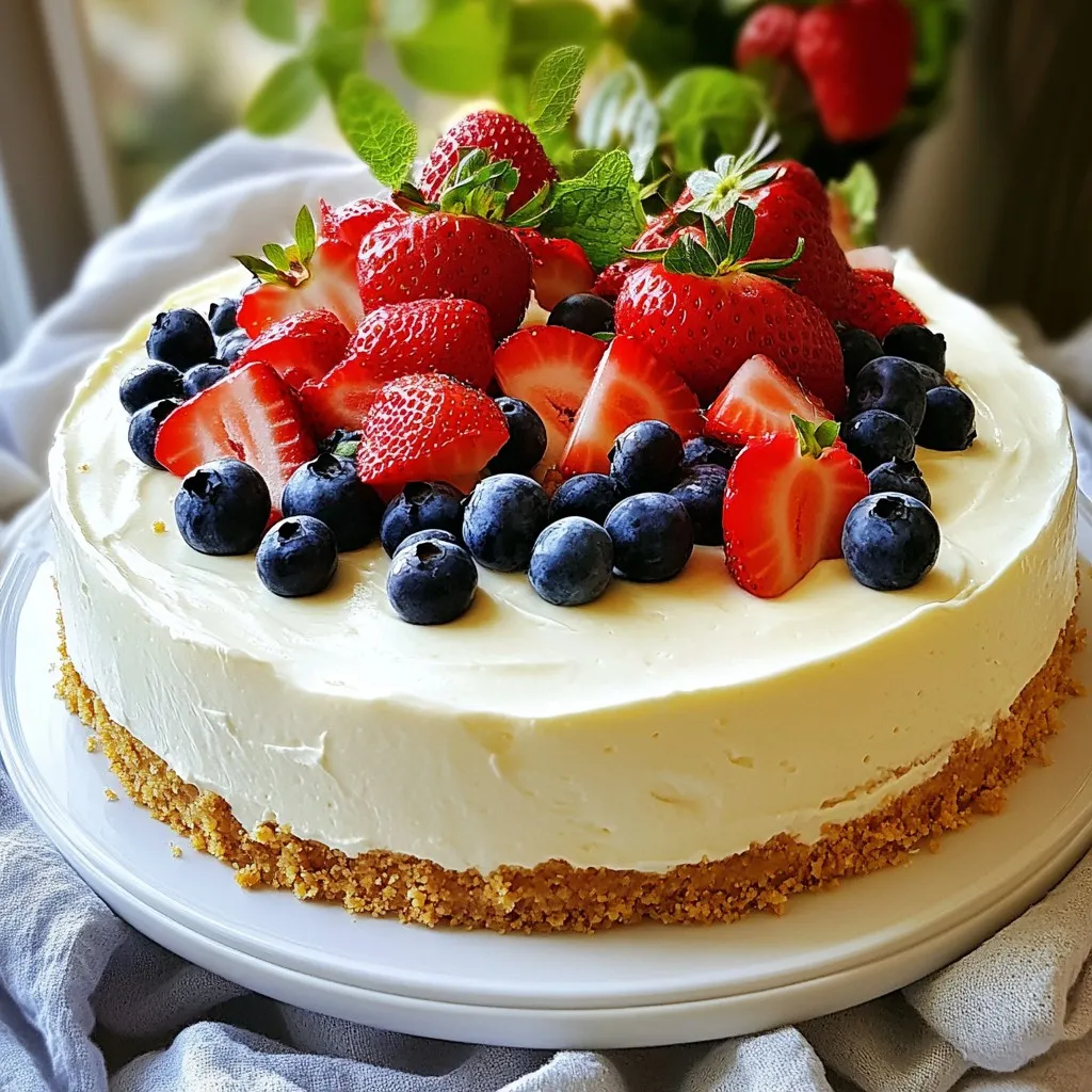- 2 cups graham cracker crumbs - ½ cup unsalted butter, melted - 2 (8 oz) packages Philadelphia cream cheese, softened - 1 cup powdered sugar - 1 teaspoon pure vanilla extract - 1 cup heavy whipping cream - Fresh fruit for topping To create a delightful no bake cheesecake, you need simple and fresh ingredients. The graham cracker crumbs make a crunchy base. The melted unsalted butter binds the crumbs together. For the creamy filling, we use Philadelphia cream cheese, which gives that rich taste. Powdered sugar adds sweetness without graininess. A touch of pure vanilla extract enhances the flavor. Heavy whipping cream makes the filling light and airy. Lastly, fresh fruit on top adds color and freshness. Ripe strawberries, plump blueberries, or tart raspberries work well. Gather these ingredients first to enjoy a smooth cooking process. Each one plays a key role in creating a creamy and easy delight. {{ingredient_image_2}} In a medium bowl, mix 2 cups of graham cracker crumbs with ½ cup of melted unsalted butter. Stir until the crumbs look like wet sand. This mixture gives your cheesecake a tasty base. Next, press the crumb mix firmly into the bottom of a 9-inch springform pan. Use the back of a measuring cup to pack it tightly. A firm crust helps support the filling. In a large bowl, beat 2 packages of softened Philadelphia cream cheese with an electric mixer. Mix until it’s smooth and creamy. Make sure there are no lumps. Then, slowly add 1 cup of powdered sugar and 1 teaspoon of pure vanilla extract. Keep mixing until everything is fluffy and well combined. This step creates a rich and creamy filling. In a separate bowl, whip 1 cup of heavy cream using an electric mixer. Keep mixing until you see stiff peaks. This means the cream is ready for folding. Carefully fold the whipped cream into the cream cheese mixture using a spatula. Do this gently to avoid losing air. This adds lightness to your cheesecake. Spoon the cheesecake filling over your prepared crust in the springform pan. Use a spatula to smooth the top for an even finish. This helps the cheesecake look nice and neat. Cover the cheesecake with plastic wrap. This keeps out odors from your fridge. Refrigerate for at least 4 hours. For the best results, chill overnight. This time helps the cheesecake set properly, making it easy to slice later. To get a creamy cheesecake, start with room temperature cream cheese. This softens the cheese and helps it mix well. Cold cream cheese can lead to lumps, making the filling uneven. Let it sit out for about 30 minutes before mixing. When it comes to the whipped cream, whip it well. Use a clean bowl and beaters for best results. Whip until you see stiff peaks. This step adds lightness to your cheesecake. Be gentle when folding it into the cream cheese mixture. You want to keep that airy texture. Fresh fruits are great for toppings. They add color and flavor. You can use ripe strawberries, plump blueberries, or tart raspberries. Arrange them in a fun pattern on top of the cheesecake. This makes your dessert look fancy and inviting. For serving, try using a sharp knife. Dip it in warm water before slicing. This helps create clean cuts. You can also serve slices on colorful plates for a beautiful display. One common mistake is overmixing the filling. This can make the cheesecake dense and not fluffy. Mix just until combined, and then stop. Another mistake is not pressing the crust firmly enough. Make sure to pack the graham cracker mixture tightly into the pan. Use the back of a measuring cup to press it down evenly. A well-pressed crust holds together better when you cut it. Pro Tips Use Room Temperature Ingredients: Allow your cream cheese and heavy cream to reach room temperature before mixing. This ensures a smoother batter and avoids lumps in your cheesecake. Don’t Overmix the Whipped Cream: When folding the whipped cream into the cream cheese mixture, be gentle. Overmixing can deflate the whipped cream and compromise the light texture of the cheesecake. Chill Overnight: For the best results, refrigerate the cheesecake overnight. This allows the flavors to meld and the texture to set perfectly. Decorate Just Before Serving: Add fresh fruit toppings right before serving to keep them vibrant and fresh. This also helps prevent the fruit from releasing moisture into the cheesecake. {{image_4}} You can change the taste of your No Bake Philadelphia Cheesecake easily. Adding lemon zest or juice gives it a bright, tangy kick. Just mix in one tablespoon of zest or juice when blending the cream cheese. This small change makes a big difference. You can also incorporate chocolate into your cheesecake. Melt half a cup of chocolate and fold it into your cream cheese mix. This makes a rich, decadent dessert that chocolate lovers will adore. Toppings can make your cheesecake look and taste even better. Fresh fruits like strawberries, blueberries, or raspberries add color and flavor. You can slice them and arrange them on top for a pretty look. Do you love sauces? Consider drizzling chocolate or caramel sauce over the fruit. These sweet toppings add extra delight. You can even mix some fruit sauce with whipped cream for a fun twist. The crust is key to a great cheesecake. You can use different cookie crumbs for the base. Try chocolate sandwich cookies or vanilla wafers for new flavors. If you need gluten-free options, use gluten-free cookie crumbs. You can also try nuts, like crushed almonds or pecans, for a crunchy crust. Just mix them with melted butter, press them firmly, and you have a tasty base. To keep your No Bake Philadelphia Cheesecake fresh, cover it well. Use plastic wrap or aluminum foil to seal it tightly. This prevents odors from the fridge from affecting your cheesecake. You can also store it in an airtight container. It stays good in the fridge for about 3 to 5 days. If you want to save some for later, you can freeze the cheesecake. First, let it chill in the fridge for at least 4 hours. Once set, slice it into pieces. Place the slices in a single layer in a freezer-safe container. Cover each slice with plastic wrap, then seal the container. This method helps avoid freezer burn. When you are ready to eat it, take a slice out and let it thaw in the fridge overnight. For quicker thawing, you can leave it at room temperature for about an hour. Enjoy your creamy treat even after some time! To help your no bake cheesecake set well, make sure your ingredients are at the right temperature. Use softened cream cheese and heavy cream that is cold. Mixing them until smooth is key. After you fold in the whipped cream, pour the filling onto the crust gently. This avoids air bubbles that can ruin the texture. Cover the cheesecake with plastic wrap and chill it in the fridge for at least 4 hours. For the best results, let it chill overnight. This gives it time to firm up and hold its shape. Yes, you can use other types of cream cheese. Brands like Neufchâtel or even store brands work well. Just make sure they are full-fat for a creamy texture. Low-fat cream cheese may not set as well, leading to a runny cheesecake. You can also try mascarpone cheese for a richer flavor. Mixing cream cheese with mascarpone can add a nice twist to your cheesecake. You can keep your no bake cheesecake in the fridge for up to 5 days. Make sure it is well covered to prevent it from absorbing any odors. If you notice any signs of spoilage, like an off smell or changed texture, it’s best to throw it out. If you want to store it longer, consider freezing it. Just wrap it tightly in plastic wrap and foil. It can last up to 2 months in the freezer. In this post, I shared how to make a delicious no-bake cheesecake. You learned about the key ingredients like graham cracker crumbs and fresh fruit. I detailed the steps, from preparing the crust to chilling the cheesecake. I provided tips to achieve the best texture and avoid common mistakes. Feel free to try different flavors and toppings to make it your own. Remember, a little care and creativity make all the difference in your cheesecake's taste and presentation. Enjoy your dessert adventures!