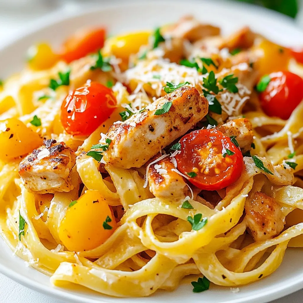 - 2 boneless, skinless chicken breasts - 8 oz fettuccine pasta - 1 tablespoon Cajun seasoning - 2 tablespoons olive oil - 1 onion, finely chopped - 3 cloves garlic, minced - 1 bell pepper, sliced - 1 cup heavy cream - 1 cup chicken broth - 1 cup cherry tomatoes, halved - ½ cup grated Parmesan cheese - Salt and pepper to taste - Fresh parsley for garnish To make creamy Cajun chicken pasta, gather these fresh ingredients. Start with chicken breasts. I prefer boneless and skinless for easy cooking. The fettuccine pasta adds a lovely texture. Cajun seasoning gives this dish its kick. I love using a well-balanced blend. Olive oil is a must for sautéing the chicken and veggies. Chop an onion finely; it adds great flavor. Garlic brings a wonderful aroma. I use three cloves for an extra kick. Bell pepper adds color and sweetness. Heavy cream makes the sauce rich and creamy. Chicken broth adds depth to the flavor. Cherry tomatoes bring freshness and a hint of sweetness. Grated Parmesan cheese enhances the taste. Adjust salt and pepper to suit your taste. Finally, fresh parsley gives a nice touch on top. With these ingredients, you’re on your way to a delicious meal. Enjoy the cooking process! {{ingredient_image_2}} 1. Boil the Fettuccine: Start by filling a large pot with water. Add a good amount of salt. Bring this water to a rolling boil. Carefully add the fettuccine and cook for 8-10 minutes. 2. Achieve Al Dente: You want your pasta to be firm but not hard. Test it a minute before the time is up. If it bites back, it’s perfect! Once done, drain the pasta but save a cup of the water. 1. Season the Chicken: Take two boneless chicken breasts. Slice them into strips. In a bowl, sprinkle one tablespoon of Cajun seasoning over the chicken. Toss well to coat every piece. 2. Cook the Chicken: Heat two tablespoons of olive oil in a large skillet over medium-high heat. Once hot, add the chicken strips. Cook them for about 5-7 minutes until they are browned and cooked through. 1. Sauté the Vegetables: Do not clean the skillet. Add one finely chopped onion. Sauté for 3 minutes until it’s soft. Then, add three minced garlic cloves and one sliced bell pepper. Cook for another 2-3 minutes until the pepper is tender. 2. Create the Creamy Sauce: Pour in one cup of heavy cream and one cup of chicken broth. Stir well to mix with the veggies. Let it simmer gently for about 5 minutes. This helps the sauce thicken. 1. Mix the Ingredients: Add the cooked chicken back to the skillet. Toss in one cup of halved cherry tomatoes. Stir everything together and let it simmer for 2-3 more minutes. This melds the flavors. 2. Toss with Pasta: Add the drained fettuccine to your skillet. Gently toss the pasta with the creamy sauce. Gradually mix in half a cup of grated Parmesan cheese. This will help make your sauce even creamier. If the sauce is thick, add a splash of reserved pasta water. 3. Serve and Garnish: Divide the creamy Cajun chicken pasta into bowls. For a touch of color, sprinkle fresh chopped parsley on top before serving. To get the best Cajun flavor, choose a good seasoning brand. I recommend brands like Tony Chachere's or Zatarain's. They offer a solid mix of spices. Adjust the spice level to fit your taste. If you like it spicy, add more seasoning. For a milder dish, use less. You can change the sauce's thickness easily. To make it thicker, add more cheese or let it simmer longer. If you want it thinner, stir in a bit of chicken broth or reserved pasta water. If you don’t have heavy cream, use half-and-half or a plant-based cream. These will still give you a nice, creamy texture. Use a large, heavy skillet for sautéing. Cast iron or stainless steel works best. These skillets heat evenly and help brown the chicken well. Cook the chicken on medium-high heat. This gives a nice sear without overcooking. Aim for an internal temperature of 165°F for safety. Pro Tips Perfectly Cooked Pasta: To ensure your fettuccine is cooked al dente, follow the package instructions closely and taste the pasta a minute or two before the recommended time. Season Your Chicken: Don't be afraid to generously season the chicken with Cajun seasoning. This will enhance the overall flavor of the dish, making it more vibrant and delicious. Adjusting Sauce Consistency: If the sauce becomes too thick after adding the pasta, use the reserved pasta water to loosen it up. This will help achieve the perfect creamy texture. Fresh Herbs for Garnish: Adding freshly chopped parsley at the end not only adds color but also enhances the flavor profile, making the dish more aromatic and appealing. {{image_4}} You can easily swap the chicken for shrimp or scallops. Both options add a lovely seafood twist. Just cook them until they turn opaque. For a vegetarian or vegan version, use firm tofu or chickpeas. These options absorb the sauce well and keep the dish filling. While fettuccine is a classic choice, you can use penne or bowtie pasta. They hold the sauce nicely, too. For a gluten-free diet, choose a gluten-free pasta brand. Whole grain pasta is another great option. It adds fiber and makes the dish a bit healthier. Want to boost the flavor? Add fresh spinach or mushrooms. They bring extra nutrients and taste. You can also mix in some fresh herbs like thyme or basil. These herbs brighten the dish and give it a wonderful aroma. To keep your creamy Cajun chicken pasta fresh, follow these steps: - Let the pasta cool to room temperature. - Place it in an airtight container. - Refrigerate within two hours of cooking. This method prevents bacteria from growing. Proper storage will keep it tasty for up to three days. You can reheat creamy Cajun chicken pasta in two ways: 1. Microwave: - Place your pasta in a microwave-safe bowl. - Add a splash of chicken broth or cream to add moisture. - Heat for 1-2 minutes, stirring halfway. 2. Stovetop: - Pour the pasta into a skillet over low heat. - Add a little chicken broth or cream. - Stir often for 5-7 minutes until warm. These methods help keep the sauce creamy and prevent it from drying out. Can you freeze creamy Cajun chicken pasta? Yes, you can! Here are the best practices: - Freezing: Place cooled pasta in an airtight container or freezer bag. Remove as much air as possible. - Thawing: To thaw, move it to the fridge overnight before reheating. This method helps maintain texture and flavor. Enjoy your creamy Cajun chicken pasta later without losing taste! You can use several options if you need a substitute for heavy cream. Here are some great choices: - Half-and-half: This mix of milk and cream works well for a lighter sauce. - Greek yogurt: Use plain Greek yogurt for a creamy texture and tangy flavor. - Coconut milk: This adds a hint of sweetness and is a good non-dairy choice. - Silken tofu: Blend it until smooth for a dairy-free option. These alternatives can change the flavor and texture slightly, but they still make a tasty dish. Yes, you can make this dish ahead of time! Here are some tips for meal prep: - Cook and refrigerate: Prepare the pasta and sauce, then store them separately in airtight containers. - Reheat gently: When ready to eat, reheat on low heat on the stove. Add a splash of broth or cream for creaminess. - Storage time: The pasta stays fresh in the fridge for about 3-4 days. This makes it easy to have a delicious meal ready in no time! Cajun seasoning can be spicy! The heat level depends on the brand and amount used. Here are some tips: - Mild versions: Look for blends labeled as mild if you're sensitive to spice. - Adjusting heat: Start with a smaller amount, then taste and add more if needed. - Adding sweetness: Balance spice by adding a little sugar or honey if it gets too hot. This way, you can enjoy the flavors without overwhelming heat. Absolutely! Creamy Cajun chicken pasta is great for meal prep. Here’s how to do it: - Make in batches: Cook a larger amount and divide it into portions. - Store properly: Keep each serving in an airtight container in the fridge. - Easy reheating: When you want to eat, just reheat in the microwave or on the stove. This dish tastes just as good the next day, making it perfect for busy weeks! In this post, I covered how to make creamy Cajun chicken pasta, from the ingredients needed to step-by-step instructions. You learned about cooking techniques, tips for perfect flavor, and even fun variations. Remember, you can customize the recipe to your taste. Enjoy experimenting with different ingredients! This dish is perfect for meals at home. I hope you find joy in cooking and sharing this tasty meal. Happy cooking!