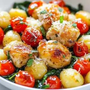- 1 lb boneless, skinless chicken thighs, cut into bite-sized pieces - 1 lb potato gnocchi, store-bought or homemade - 4 cloves garlic, minced - 2 cups fresh baby spinach - 1 cup cherry tomatoes, halved - 1 teaspoon Italian seasoning - 1 teaspoon red pepper flakes (optional) - 2 tablespoons olive oil - Salt and black pepper, to taste - Fresh basil leaves, for garnish - Grated Parmesan cheese, for serving For this one pan garlic chicken gnocchi dish, I focus on fresh and simple ingredients. Chicken thighs bring rich flavor and tenderness. I often choose them over chicken breasts for this recipe. They stay juicy and absorb the flavors well. Potato gnocchi is a key part of this meal. It adds a soft texture that pairs nicely with the chicken. You can find them at the store or make your own, which is fun! Garlic is a must-have for this dish. It adds a lovely aroma and depth of flavor. I use four cloves because I love garlic. If you prefer less, you can adjust. In the additional components, fresh baby spinach adds color and nutrients. Cherry tomatoes bring sweetness and a burst of flavor. The Italian seasoning ties everything together, while red pepper flakes add a kick if you want some heat. I use olive oil for cooking. It adds richness and helps to saut&eacute; everything evenly. Salt and black pepper round out the flavors. Don&rsquo;t forget the fresh basil and grated Parmesan for garnish. They make the dish look and taste even better! {{ingredient_image_2}} To start, heat 2 tablespoons of olive oil in a large skillet over medium heat. This oil helps cook the chicken evenly. Next, add 1 pound of bite-sized chicken thighs to the skillet. Season them well with salt, black pepper, and 1 teaspoon of Italian seasoning. The seasoning adds great flavor. Cook the chicken for about 5-7 minutes. Stir occasionally until the chicken turns golden brown and is fully cooked. Once the chicken is cooked, lower the heat to a gentle simmer. Now, add 4 cloves of minced garlic and 1 cup of halved cherry tomatoes to the skillet. The garlic will add a nice aroma, while the tomatoes will soften. Cook for an additional 2-3 minutes. This step helps blend the flavors well. Now it's time to add the gnocchi. Pour in 1 pound of raw potato gnocchi directly into the skillet. Make sure to mix it thoroughly with the chicken and tomatoes. Next, pour in about 1 cup of water or chicken broth for extra flavor. This liquid should mostly cover the gnocchi. Cover the skillet and raise the heat to medium-high. Let it simmer for around 5 minutes. After that, remove the lid and gently stir the mixture. Add 2 cups of fresh baby spinach and, if you like heat, sprinkle in some red pepper flakes. Cover the skillet again and cook for another 2-3 minutes. This will help the spinach wilt and the gnocchi to become tender. Finally, check the dish's consistency. If it seems too watery, let it simmer uncovered for another 1-2 minutes. Taste and adjust the seasoning as needed before serving hot. Enjoy your meal garnished with fresh basil leaves and a sprinkle of grated Parmesan cheese! - Ensuring the chicken is cooked properly: Cook the chicken for 5-7 minutes until golden brown. Use a meat thermometer to check that the internal temperature reaches 165&deg;F (75&deg;C). This ensures it is safe to eat and not dry. - Making sure gnocchi becomes tender: Add the gnocchi directly into the skillet with the liquid. Cover the skillet and let it simmer for about 5 minutes. This method helps the gnocchi soak up the flavors while becoming tender. - Garnishes and presentation ideas: Top your dish with fresh basil leaves. A sprinkle of grated Parmesan cheese adds a nice touch. Use a colorful plate to enhance the visual appeal. - Recommended side dishes or beverages: Pair this meal with a simple salad or crusty bread. A crisp white wine, like Pinot Grigio, complements the flavors well. Pro Tips Use Fresh Ingredients: For the best flavor, opt for fresh garlic and spinach. Fresh ingredients elevate the dish and enhance the overall taste. Choose the Right Gnocchi: If using store-bought gnocchi, look for quality brands that use simple ingredients. Homemade gnocchi can provide a delightful, fluffy texture. Adjust Spice Levels: Feel free to modify the amount of red pepper flakes according to your heat preference. Start with a small pinch and gradually increase to find your perfect balance. Perfect the Cooking Time: Keep an eye on the gnocchi as it cooks; overcooking can lead to a mushy texture. Simmer just until they're tender for the best results. {{image_4}} You can switch the chicken for turkey if you prefer. Turkey thighs work well and stay juicy. For a vegan option, use chickpeas or tofu. Both options provide protein and flavor. Just ensure you adjust the cooking times. Tofu may need a little longer to crisp up. Feel free to mix in other veggies. Zucchini, bell peppers, or broccoli are great choices. They add color and nutrients. You can add them at the same time as the garlic and tomatoes. Just cut them into small pieces so they cook well. Want to boost the flavor? Try adding more spices. Italian herbs like oregano or thyme work nicely. A splash of balsamic vinegar adds a tangy twist. For a creamy touch, mix in some heavy cream or a dollop of pesto at the end. These changes keep the dish fresh and exciting! You can keep One Pan Garlic Chicken Gnocchi in the fridge for up to three days. Make sure to store it in an airtight container. This helps keep the flavors fresh and prevents any smells from mixing with other foods. To reheat, place the dish in a skillet over medium heat. Add a splash of water or broth to keep it moist. Stir often until it's hot throughout. Avoid using the microwave, as it can make the gnocchi gummy and unevenly heated. You can freeze this dish for up to three months. Let it cool completely before transferring it to a freezer-safe container. When ready to eat, thaw it overnight in the fridge. Reheat on the stove as mentioned above. This way, you keep the flavors intact and enjoy a quick meal anytime. Yes, you can use store-bought gnocchi. Many brands offer tasty options. Store-bought gnocchi cooks quickly and saves time. Homemade gnocchi can taste great but takes longer to make. If you are short on time, store-bought is a good choice. This dish can be as spicy as you like! The red pepper flakes add heat. You can adjust the amount based on your taste. If you prefer no heat, just skip the flakes. For mild spice, use a small pinch. If you want to change the protein, there are many options. You can use turkey or pork. For a vegetarian dish, try chickpeas or tofu. These substitutes work well with the other flavors. Adjust cooking times based on what you choose. This dish combines chicken thighs, potato gnocchi, and fresh veggies for a tasty meal. You learned how to cook everything step-by-step. I shared tips for serving the dish and ideas for variations. Remember, using the right cooking times helps make it great. Don&rsquo;t forget about storage tips for enjoying leftovers. Whether you change ingredients or keep it classic, this recipe is sure to please. Get cooking and enjoy a hearty meal that fits your taste!