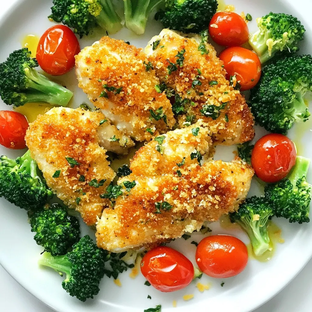 To make Parmesan Crusted Chicken Sheet Pan, you need a few key ingredients. These items create a tasty dish that is easy to prepare. Here’s what you will need: - 4 boneless, skinless chicken breasts - 1 cup freshly grated Parmesan cheese - 1 cup panko breadcrumbs - 2 teaspoons garlic powder - 1 teaspoon Italian seasoning - 1 teaspoon smoked paprika - Salt and freshly cracked black pepper, to taste - 2 tablespoons extra virgin olive oil - 1 lemon, zested and juiced - 1 cup cherry tomatoes, halved - 2 cups broccoli florets Each ingredient plays a role in building flavor and texture. The chicken breasts are the main protein. Parmesan cheese gives a rich, salty taste. Panko breadcrumbs add a nice crunch. Garlic powder, Italian seasoning, and smoked paprika bring warmth and depth. Olive oil helps everything brown nicely. Finally, lemon and veggies brighten up the dish, making it colorful and fresh. Now you are ready to gather your ingredients. Enjoy the process of cooking! {{ingredient_image_2}} First, set your oven to 400°F (200°C). This temperature helps the chicken cook evenly. Next, grab a large sheet pan and line it with parchment paper. This step makes cleanup easier and helps the food cook well. In a big bowl, mix together 1 cup of grated Parmesan cheese, 1 cup of panko breadcrumbs, 2 teaspoons of garlic powder, 1 teaspoon of Italian seasoning, and 1 teaspoon of smoked paprika. Add salt and pepper to taste. Stir until everything is well blended. Now, take your chicken breasts and pat them dry with paper towels. This is very important! A dry surface helps the crust stick better. Season both sides of the chicken with salt and freshly cracked black pepper. Drizzle 2 tablespoons of olive oil over the chicken, rubbing it in well for an even coat. Next, roll each chicken breast in the Parmesan mixture. Make sure to coat every side well, pressing the mix onto the chicken for a strong crust. Place the coated chicken in the center of your lined sheet pan. Now, add 1 cup of halved cherry tomatoes and 2 cups of broccoli florets around the chicken. Drizzle a bit of olive oil on the veggies and sprinkle them with salt, pepper, and some lemon zest for added freshness. Squeeze half a lemon over the chicken for a zesty flavor. Then, slide the sheet pan into your preheated oven. Bake for 25-30 minutes. The chicken should reach an internal temperature of 165°F (74°C). The crust should look golden brown and crispy. The veggies will be tender and have a nice caramelized edge. Once done, take the pan out and let the chicken rest for a few minutes before slicing into it. Enjoy your delicious meal! To get that lovely crust, start by drying the chicken. Pat it with paper towels. This step helps the coating stick well. If the chicken is wet, it will not get crispy. Once dry, season both sides with salt and black pepper. Next, roll each chicken breast in the Parmesan mixture. Press down firmly to ensure the coating sticks. The more you press, the better the crust will be! You can boost the flavor with some extra seasonings. Try adding dried thyme or oregano to the breadcrumb mix. This simple change can make a big difference. You can also switch up the cheese. If you want a different taste, use Asiago or Manchego. These cheeses melt well and add unique flavors. For a bright touch, garnish your dish with chopped parsley. This adds color and freshness. You can also serve lemon wedges on the side. A squeeze of lemon enhances the flavors of the chicken and veggies. As for side dishes, consider serving with a simple green salad or mashed potatoes. These sides balance the meal and keep it light. Enjoy your delicious chicken! Pro Tips Pat the Chicken Dry: Ensure the chicken breasts are patted dry before seasoning to help achieve a crispy crust. Use Fresh Ingredients: Always opt for fresh Parmesan and vegetables for enhanced flavor and texture. Let it Rest: Allow the chicken to rest for a few minutes after baking to retain its juices and improve tenderness. Customize Veggies: Feel free to substitute or add other vegetables like bell peppers or zucchini for variety. {{image_4}} You can switch up the veggies in this dish. Try using bell peppers, zucchini, or asparagus. They all add great flavor and texture. Seasonal options work well, too. In summer, use fresh corn or green beans. In fall, consider squash or Brussels sprouts. If you want to use different meats, go for turkey or pork. They both work well with the Parmesan crust. For a plant-based option, try tofu or tempeh. Just press them to remove excess moisture, then coat them like chicken. Adding herbs can change the taste of your dish. Try fresh basil, parsley, or thyme for a fresh twist. You can also jazz it up with sauces or marinades. A splash of balsamic vinegar or a hint of mustard can add zest. Mix and match to find your favorite combination! To keep your leftovers fresh, use airtight containers. Glass containers work well. You can also use plastic ones with tight lids. Store the chicken and vegetables together or separately. It’s up to you! In the fridge, your Parmesan crusted chicken will last about three to four days. To freeze your dish, let it cool down first. Cut the chicken into pieces, if necessary. Wrap each piece in plastic wrap. Then place them in a freezer bag. Squeeze out as much air as possible. Your chicken can last up to three months in the freezer. When ready to eat, thaw the chicken overnight in the fridge. For reheating, place the chicken in the oven at 350°F (175°C) for about 15-20 minutes. This helps keep the crust crispy. Enjoy your meal again! Yes, you can use frozen chicken. However, you must thaw it first. The best way to thaw chicken is in the fridge overnight. If you need it faster, place the chicken in a sealed bag and submerge it in cold water for about an hour. Never thaw chicken at room temperature. This can lead to harmful bacteria growth. If you do not have panko, several options work well. You can use regular breadcrumbs, crushed crackers, or even cornflakes. Each option adds a different texture. If you want a gluten-free choice, try ground almonds or gluten-free breadcrumbs. These substitutes can still give you a nice crunch. To check if the chicken is done, use a meat thermometer. The internal temperature should reach 165°F (74°C). If you don't have a thermometer, look for visual signs. The chicken should be golden brown and the juices should run clear. Also, the meat should feel firm to the touch. If it’s still pink, it needs more time to cook. This blog post guided you through making a delicious Parmesan-crusted chicken. We covered the key ingredients, step-by-step instructions, and useful tips. Remember to dry the chicken for a perfect crust and explore different seasoning options for added flavor. You can easily switch ingredients or adjust for your taste. Proper storage ensures you enjoy leftovers, too. With these guidelines, you can create a dish that pleases anyone. Dive into your cooking adventure and enjoy each bite!