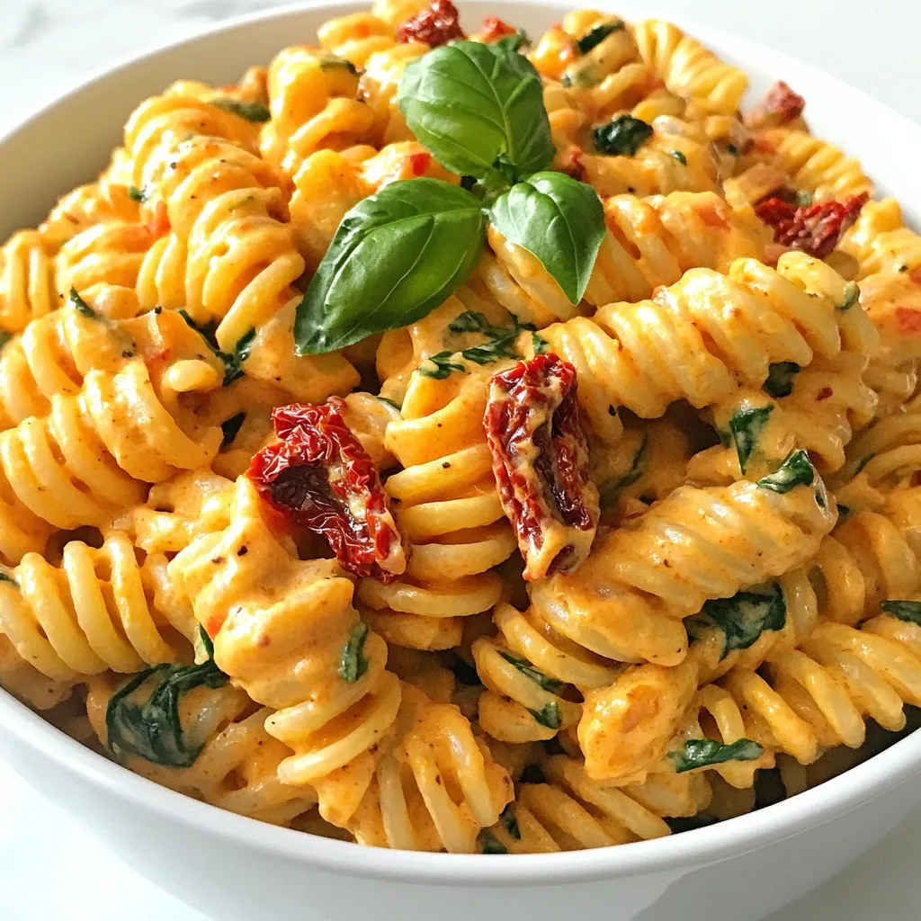 - Whole Wheat Pasta: Use 8 oz of whole wheat pasta, like fusilli or penne. Whole wheat gives a hearty texture and adds fiber. - Sun-Dried Tomatoes: You need 1 cup of sun-dried tomatoes, packed in oil. Drain them and chop roughly. They bring a rich, tangy flavor to the dish. - Plant-Based Milk: Choose 1 cup of unsweetened almond milk or any plant-based milk. Almond milk keeps the sauce creamy without added sugar. - Dried Basil and Oregano: These herbs add warmth and depth. They make the dish taste fresh and bright. - Garlic: Use 3 cloves of finely minced garlic. Garlic gives a strong, savory flavor that enhances the whole dish. - Nutritional Yeast: This is optional but highly recommended. It adds a cheesy taste without using dairy. Just sprinkle some in for extra flavor! - Fresh Spinach: Add 2 cups of roughly chopped fresh spinach. Spinach adds vibrant color and nutrition. - Alternative Greens: You can substitute with kale or arugula for a different flavor. - Additional Herbs or Spices: Feel free to add fresh herbs like parsley or more spices to suit your taste. Experiment for your perfect blend! {{ingredient_image_2}} To cook the pasta perfectly, use a large pot. Bring salted water to a rolling boil. Add the whole wheat pasta, using either fusilli or penne. Follow the package instructions for timing. You want it to be al dente, which means it should have a slight bite to it. This gives the pasta a nice texture. Once cooked, drain it, but don’t forget to save about 1/2 cup of pasta water. This water has starch, which helps make the sauce creamy. Soaking the cashews is key for a smooth cream. Use raw cashews and soak them in water for 2-4 hours. This softens them and makes blending easier. After soaking, drain the cashews. In a high-speed blender, mix the soaked cashews with almond milk, minced garlic, dried basil, and oregano. Blend until smooth. If your cream is too thick, add a splash of the reserved pasta water. This helps you reach the creamy consistency you want. To enhance the flavors, sauté the sun-dried tomatoes. Heat olive oil in a large skillet over medium heat. Once hot, add the chopped sun-dried tomatoes. Sauté for about 3 minutes. This step helps the tomatoes release their rich flavors into the oil. It makes the whole dish taste better. Be careful not to burn the tomatoes; medium heat works best. Now it’s time to mix everything. Add the drained pasta to the skillet with the sautéed sun-dried tomatoes. Pour the creamy cashew mixture over the pasta. Gently toss everything together. If the sauce seems too thick, stir in the reserved pasta water little by little. This helps achieve your desired creamy texture. Next, fold in the chopped spinach. Cook for about 2 minutes, just until the spinach wilts. Make sure to taste and adjust the seasoning with salt and pepper. Serve the creamy sun-dried tomato pasta generously on plates. If you want, sprinkle nutritional yeast on top for a cheesy flavor and add fresh basil leaves for a nice touch. To get the perfect creaminess in your sauce, start by adjusting the thickness. If your cashew cream is too thick, add a splash of pasta water. This helps make the sauce silky and smooth. If you want an alternative to cashew cream, use silken tofu or coconut cream. Both options yield a rich texture. Adding spices or herbs can elevate your dish. Consider mixing in red pepper flakes for a kick. Fresh herbs, like parsley or chives, can brighten the flavor. You might also want to try adding a squeeze of lemon juice for a zesty twist. Optional ingredients like artichoke hearts or olives can also enhance the taste. Avoid overcooking your spinach. It should wilt quickly—just about two minutes is perfect. This keeps it vibrant and fresh. Also, make sure to blend your cashew mixture correctly. If it's too chunky, the sauce won’t be smooth. Blend until it’s creamy for the best texture. Pro Tips Soak Cashews Properly: For the creamiest texture, soak your cashews for at least 2-4 hours. This allows them to soften, making it easier to blend into a smooth sauce. Choose Quality Sun-Dried Tomatoes: Opt for sun-dried tomatoes packed in oil for added flavor. These will enhance the overall richness of the dish. Use Fresh Spinach: Fresh spinach wilts beautifully and adds vibrant color. Avoid using frozen spinach as it can release excess water into the dish. Adjust Creaminess: If you prefer a thinner sauce, gradually add reserved pasta water until you reach your desired consistency. This allows you to customize the dish to your liking. {{image_4}} For a protein boost, add chickpeas or lentils to your dish. These plant-based proteins blend well with the creamy sauce. Simply mix in a cup of cooked chickpeas when you combine the pasta and cream. They add a nice texture and are very filling. You can also try adding tofu or tempeh. Cook them in the skillet before adding the sun-dried tomatoes. This adds a hearty element and makes the meal even more satisfying. If you need gluten-free pasta, look for brown rice or chickpea pasta. These options work well and taste great. Cook them just like regular pasta. Whole grain pasta offers more fiber than regular pasta. It can make your dish more nutritious. I recommend using whole wheat fusilli or penne for a chewy texture. Regular pasta can be used, but whole grain adds a healthy twist. To switch up the flavors, add vegetables like mushrooms or bell peppers. Sauté them with the sun-dried tomatoes for extra taste. This adds color and nutrients to your dish. You can also experiment with different herbs. Try fresh basil or parsley for a pop of freshness. Adding a pinch of red pepper flakes can give your dish a nice kick. Don't hesitate to mix and match! To store leftovers of your creamy sun-dried tomato vegan pasta, let it cool first. Place it in an airtight container. This helps keep it fresh longer. You can store it in the fridge for up to three days. If you see any signs of spoilage, it’s best to throw it out. You can freeze this creamy pasta if you want to save some for later. First, let it cool down completely. Then, scoop it into freezer-safe containers. Make sure to leave some space at the top, as it will expand when frozen. You can keep it in the freezer for up to three months. When it’s time to eat, thaw the pasta in the fridge overnight. To reheat, warm it on the stove. Add a splash of plant-based milk or reserved pasta water to help it become creamy again. This creamy pasta pairs well with many dishes. Try serving it with a simple side salad or steamed veggies. You can also enjoy it with garlic bread for a hearty meal. If you want to add protein, consider serving it with lentils or chickpeas. A sprinkle of fresh herbs can also enhance the flavors. Yes, you can make this pasta gluten-free. Use gluten-free pasta options like brown rice or chickpea pasta. These alternatives cook well and hold sauce nicely. Just follow the package directions for cooking times. The sauce lasts about three to five days in the fridge. Store it in an airtight container. Make sure it cools down before sealing. When ready to eat, you can warm it on the stove or in the microwave. This recipe is not nut-free due to cashews. For a nut-free option, try using sunflower seeds instead. Soak them the same way and blend until smooth. This will give you a creamy texture without nuts. Yes, you can use other non-dairy milks. Options like oat milk or soy milk work well too. Each type adds its own flavor. Almond milk gives a subtle taste, while coconut milk adds richness. You can add heat by using red pepper flakes or diced jalapeños. Start with a small amount and taste as you go. This way, you can control the spice level to suit your taste. This blog post guides you in making a delicious pasta dish. We covered essential ingredients, including whole wheat pasta and sun-dried tomatoes. You learned tips on cooking pasta and making smooth cashew cream. Don't forget about optional add-ins like spinach and flavored herbs to boost taste. Storing leftovers properly extends shelf life and maintains flavor. With these tips, you'll create a creamy, satisfying meal every time. Enjoy experimenting and making this dish your own!