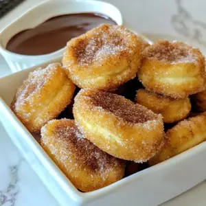 - 1 cup all-purpose flour - 1/4 cup granulated sugar (for the batter) - 1 teaspoon baking powder - 1/4 teaspoon salt - 1/2 teaspoon ground cinnamon (for the batter) - 1/4 cup unsalted butter, melted - 1/2 cup milk - 1 teaspoon vanilla extract - 1/4 cup granulated sugar (for coating) - 1 teaspoon ground cinnamon (for coating) These churro bites are easy to make and use simple ingredients. You start with flour, sugar, and cinnamon. Baking powder helps the dough rise, while salt brings out the flavors. Melted butter adds richness to the batter. Milk makes the dough soft and moist, and vanilla adds a nice touch. For the coating, mix sugar and cinnamon. This gives your churro bites that classic flavor. You can even add some warm chocolate or caramel sauce for dipping. These sauces make the bites extra special. Enjoying churro bites with a dip is a fun experience. You can share them at parties or enjoy them as a snack. {{ingredient_image_2}} - Preheat oven to 375&deg;F (190&deg;C). - Prepare the baking sheet with parchment paper. Start by preheating your oven. This step helps the churro bites cook evenly. Lining your baking sheet with parchment paper makes cleanup easy and keeps the churros from sticking. It&rsquo;s a simple step that saves time later. - Combine dry ingredients in a mixing bowl. - Mix wet ingredients in a separate bowl. In a large mixing bowl, add 1 cup of all-purpose flour, 1/4 cup of granulated sugar, 1 teaspoon of baking powder, 1/4 teaspoon of salt, and 1/2 teaspoon of ground cinnamon. Whisk these until there are no clumps. In another bowl, mix together 1/4 cup of melted unsalted butter, 1/2 cup of milk, and 1 teaspoon of vanilla extract. Stir gently until smooth. Now, slowly pour the wet mix into the dry ingredients. Stir just until combined. The batter should be thick yet pourable. Be careful; overmixing can change the texture. - Pipe the dough onto prepared baking sheet. - Bake until golden brown. Use a piping bag or a zip-top bag with a corner snipped off. Pipe small mounds of dough, about 1 inch in size, onto your lined sheet. Space them 2 inches apart to allow for spreading. Place the baking sheet in the oven. Bake for 15-18 minutes. Look for a light golden brown color. This shows they are cooked through and ready to enjoy. Once baked, remove them from the oven and let them cool slightly. This helps to prepare them for the sweet cinnamon sugar coating. To make the best churro bites, avoid overmixing the batter. When you combine the wet and dry ingredients, stir gently. Stop mixing as soon as you see no dry flour. This keeps your churro bites light and fluffy. Make sure you space the dough evenly when piping. Each mound should be about two inches apart. This allows them to spread without touching. A piping bag works best, but a zip-top bag with a corner cut off will do. Presenting churro bites beautifully adds to their charm. Use a colorful bowl for serving. This makes them look even more tempting. For an extra treat, serve them with warm chocolate or caramel sauce. The dips enhance the flavor and make them more fun to eat. Try using different sauces for a change. Each dip brings its own unique taste. Explore options like raspberry sauce or a vanilla glaze. This keeps the snack exciting and new each time. Pro Tips Chill the Dough: For an even better texture, consider chilling the dough for about 30 minutes before piping. This can help the churro bites hold their shape better during baking. Experiment with Spices: Feel free to mix up the cinnamon sugar coating by adding other spices like nutmeg or cardamom for a unique flavor twist! Use Parchment Paper: Always line your baking sheet with parchment paper to ensure easy removal of the churro bites and to prevent sticking. Serve Immediately: For the best taste and texture, serve the churro bites warm right out of the oven. They are best enjoyed fresh! {{image_4}} You can easily change the flavor of your churro bites. Here are two fun ideas: - Chocolate Churro Bites: For a chocolate twist, add 2 tablespoons of cocoa powder to the dry mix. This simple change gives your churros a rich, sweet taste. - Flavored Extracts: Change the vanilla extract to other extracts. Almond or orange extracts add a unique flavor. Just use the same amount as the vanilla for a tasty surprise. If you need a gluten-free version, it&rsquo;s easy! You can use gluten-free flour instead of all-purpose flour. Look for a blend that works for baking. This way, everyone can enjoy these sweet bites! To keep your leftover churro bites fresh, store them in an airtight container. This helps prevent them from drying out. Place the container in a cool area, like your kitchen counter, for up to two days. If you want them to last longer, you can refrigerate them for about a week. For even longer storage, freeze the churro bites. They will stay good in the freezer for up to three months. When you&rsquo;re ready to enjoy your churro bites again, reheating them properly is key. For the best texture, use your oven. Preheat it to 350&deg;F (175&deg;C). Place the churro bites on a baking sheet and heat for about 5-7 minutes. This helps them regain their crispy exterior. If you&rsquo;re in a hurry, you can use a microwave. Just heat them in short bursts of 10-15 seconds. This method is quicker, but it may make them a bit soft. Enjoy your churro bites warm for the best taste! You can easily make churro bites by baking them. Start by mixing your dry and wet ingredients. Instead of frying, you pipe the dough onto a baking sheet. This method cuts down on oil and mess. Baking gives you a light and fluffy treat. It also keeps the churro bites healthier. Yes, you can freeze baked churro bites. Let them cool completely first. Place them in an airtight container or a zip-top bag. Be sure to remove as much air as possible. You can freeze them for up to three months. To enjoy, thaw them in the fridge overnight. Then, heat them in the oven for a few minutes. This way, they stay soft and warm. Churro bites taste great with many dips. Popular choices include warm chocolate sauce and caramel sauce. Both add a rich sweetness and extra flavor. You can even try vanilla ice cream for a fun twist. Just dip and enjoy! In this blog post, we explored how to make delicious churro bites without frying. We covered the essential ingredients, simple steps to whip up the batter, and the baking process. I shared tips for perfecting your churro bites and fun options for flavor. Whether you choose to serve them warm with chocolate or caramel sauce, these treats are a hit! Remember, they are easy to store and reheat for later enjoyment. I hope you enjoy making and sharing these tasty bites with friends and family!