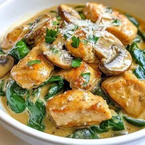 - 2 boneless, skinless chicken breasts, cut into bite-sized cubes - 1 tablespoon extra virgin olive oil - 1 cup mushrooms, sliced (button or cremini for a rich flavor) - 2 cups fresh spinach, washed and coarsely chopped - 2 cloves garlic, minced - 1 cup low-sodium chicken broth - 1 cup heavy cream - 1 teaspoon Italian seasoning blend - Salt and freshly cracked black pepper to taste - 1/2 cup freshly grated Parmesan cheese - Fresh parsley, chopped, for garnish (optional) The main ingredients in this dish combine to create a rich and creamy sauce. The chicken gives a hearty base, while mushrooms add a nice umami flavor. Spinach brings a touch of green, making the dish vibrant and healthy. - Skillet or frying pan - Wooden spoon for stirring - Cooking utensils Using the right equipment is key to making this dish shine. A good skillet allows for even cooking. A wooden spoon helps mix the ingredients without scratching your pan. {{ingredient_image_2}} Heat the olive oil in a large skillet over medium heat until it shimmers. Add the chicken pieces. Season them with salt and pepper. Saut&eacute; the chicken for 6-8 minutes. You want it browned and cooked through. Once done, remove the chicken from the skillet. Set it aside on a plate while you cook the vegetables. In the same skillet, add the sliced mushrooms. Cook them for about 4-5 minutes. You want them to turn golden brown and soften. Then, add the minced garlic. Cook for an additional minute, stirring constantly. This will enhance the flavor without burning the garlic. Now, pour in the chicken broth. Bring it to a gentle simmer. Use a wooden spoon to scrape up any tasty bits from the skillet. Lower the heat and add the heavy cream, stirring until the mixture is smooth. Sprinkle in the Italian seasoning. Adjust the taste with more salt and pepper if needed. Return the cooked chicken to the skillet. Fold in the chopped spinach. Stir gently until the spinach wilts, which takes about 2-3 minutes. Gradually mix in the grated Parmesan cheese. Stir until it melts and blends into the creamy sauce. Let the dish rest for a couple of minutes before serving so the flavors meld together. To achieve the ideal creamy consistency, start with full-fat heavy cream. This helps the sauce stay rich. Stir the cream gently into the skillet. You want it smooth, not lumpy. If your sauce is too thick, add a little more chicken broth. This will help loosen it up. For extra creaminess, mix in more Parmesan cheese as it melts into the sauce. When it comes to seasoning, taste is key. Use salt and pepper to balance flavors. Italian seasoning gives a nice herbal note. If you prefer a kick, try adding a pinch of crushed red pepper flakes. Adjust to your liking for the best flavor. For sides, crusty bread is perfect for dipping. It soaks up the creamy sauce nicely. You can also serve it over fluffy rice or pasta. This makes the meal hearty and filling. To present the dish, use shallow bowls. This adds elegance to your meal. Garnish with chopped parsley for a pop of color. The fresh green looks great against the creamy sauce. Enjoy your beautiful, flavorful dish! Pro Tips Use Fresh Spinach: Fresh spinach not only enhances the flavor but also adds vibrant color and nutrients to the dish. Brown the Chicken Well: Make sure to brown the chicken pieces thoroughly; this step adds depth and enhances the overall flavor of the dish. Adjust Creaminess: For a lighter version, substitute half of the heavy cream with Greek yogurt or low-fat sour cream without compromising on taste. Serve with Sides: Pair this dish with crusty bread, rice, or pasta to soak up the creamy sauce and create a more satisfying meal. {{image_4}} You can easily switch up the proteins in this dish. Try using turkey instead of chicken. Turkey gives a nice flavor and keeps it light. If you prefer a plant-based option, use tofu. Tofu absorbs flavors well and adds a good texture. You can also play with the veggies. Instead of spinach, try kale or Swiss chard. Both will add great taste and nutrition. You can also mix in bell peppers or zucchini for a pop of color and crunch. To boost the flavor, add spices like red pepper flakes for a little heat. A pinch of smoked paprika can give a nice smoky flavor. You can also add a squeeze of lemon juice for brightness. Cheese is another great way to change the taste. Instead of Parmesan, use feta for a tangy twist. Goat cheese can also add creaminess and a unique flavor. Fresh herbs like basil or thyme can lift the dish, making it more vibrant and fresh. To keep your creamy chicken mushroom spinach skillet fresh, place it in an airtight container. This helps prevent air from spoiling the dish. You can store it in the fridge for up to three days. After that, the chicken and spinach may lose their texture and flavor. When you are ready to enjoy your leftovers, reheat them gently. The best method is to use a skillet on low heat. Add a splash of chicken broth or cream to help revive the creamy texture. Stir often until heated through. You can also use a microwave, but be careful not to overheat. Heat in short bursts, stirring in between, to keep the dish creamy and delicious. You can pair this dish with many tasty sides. Here are some ideas: - Crusty bread: Perfect for soaking up the creamy sauce. - Fluffy rice: A great base that adds heartiness. - Pasta: Use any shape you like for a comforting meal. - Steamed veggies: Broccoli or green beans can add color and crunch. These sides enhance your meal and bring balance to the creamy chicken mushroom spinach skillet. Yes, you can easily make this dish dairy-free. Here are a few tips: - Use coconut milk: Swap heavy cream for full-fat coconut milk. It adds a nice flavor. - Nutritional yeast: Replace Parmesan cheese with nutritional yeast for a cheesy taste without dairy. - Dairy-free cream cheese: This can give a nice creamy texture without dairy. These swaps keep the meal creamy and delicious while meeting dairy-free needs. If you love heat, here&rsquo;s how to kick it up a notch: - Red pepper flakes: Add a pinch during cooking for warmth. - Hot sauce: Drizzle some into the sauce for extra flavor. - Jalape&ntilde;os: Chop fresh jalape&ntilde;os and cook them with the mushrooms. These options let you control the spice level to fit your taste. In this blog post, we explored cooking a creamy chicken mushroom spinach skillet. We discussed key ingredients and equipment, detailed step-by-step instructions, and shared helpful tips to perfect your dish. You learned about variations like ingredient swaps and flavor enhancements, as well as how to store and reheat leftovers. Cooking can be simple and fun. With these tips and tricks, you can make a delicious meal that everyone will enjoy. Try it out and make it your own!