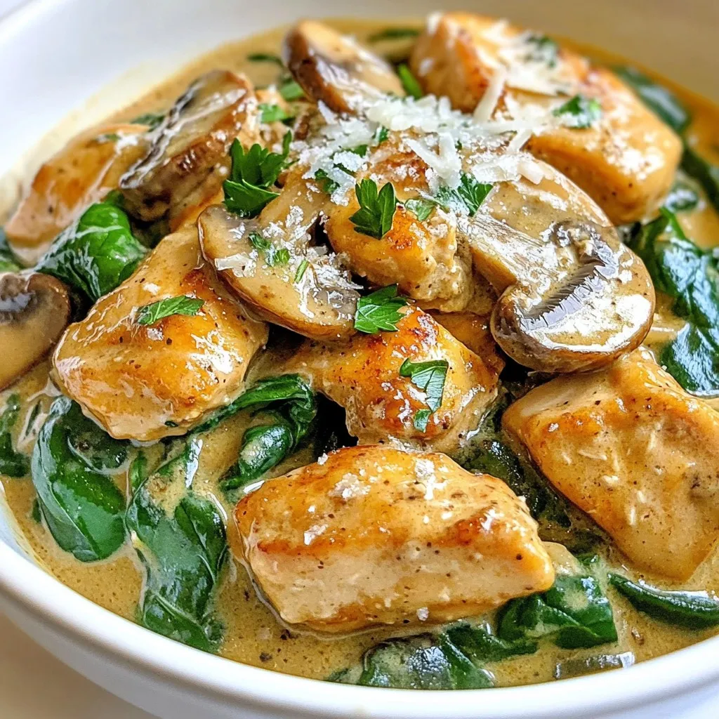 - 2 boneless, skinless chicken breasts, cut into bite-sized cubes - 1 tablespoon extra virgin olive oil - 1 cup mushrooms, sliced (button or cremini for a rich flavor) - 2 cups fresh spinach, washed and coarsely chopped - 2 cloves garlic, minced - 1 cup low-sodium chicken broth - 1 cup heavy cream - 1 teaspoon Italian seasoning blend - Salt and freshly cracked black pepper to taste - 1/2 cup freshly grated Parmesan cheese - Fresh parsley, chopped, for garnish (optional) The main ingredients in this dish combine to create a rich and creamy sauce. The chicken gives a hearty base, while mushrooms add a nice umami flavor. Spinach brings a touch of green, making the dish vibrant and healthy. - Skillet or frying pan - Wooden spoon for stirring - Cooking utensils Using the right equipment is key to making this dish shine. A good skillet allows for even cooking. A wooden spoon helps mix the ingredients without scratching your pan. {{ingredient_image_2}} Heat the olive oil in a large skillet over medium heat until it shimmers. Add the chicken pieces. Season them with salt and pepper. Sauté the chicken for 6-8 minutes. You want it browned and cooked through. Once done, remove the chicken from the skillet. Set it aside on a plate while you cook the vegetables. In the same skillet, add the sliced mushrooms. Cook them for about 4-5 minutes. You want them to turn golden brown and soften. Then, add the minced garlic. Cook for an additional minute, stirring constantly. This will enhance the flavor without burning the garlic. Now, pour in the chicken broth. Bring it to a gentle simmer. Use a wooden spoon to scrape up any tasty bits from the skillet. Lower the heat and add the heavy cream, stirring until the mixture is smooth. Sprinkle in the Italian seasoning. Adjust the taste with more salt and pepper if needed. Return the cooked chicken to the skillet. Fold in the chopped spinach. Stir gently until the spinach wilts, which takes about 2-3 minutes. Gradually mix in the grated Parmesan cheese. Stir until it melts and blends into the creamy sauce. Let the dish rest for a couple of minutes before serving so the flavors meld together. To achieve the ideal creamy consistency, start with full-fat heavy cream. This helps the sauce stay rich. Stir the cream gently into the skillet. You want it smooth, not lumpy. If your sauce is too thick, add a little more chicken broth. This will help loosen it up. For extra creaminess, mix in more Parmesan cheese as it melts into the sauce. When it comes to seasoning, taste is key. Use salt and pepper to balance flavors. Italian seasoning gives a nice herbal note. If you prefer a kick, try adding a pinch of crushed red pepper flakes. Adjust to your liking for the best flavor. For sides, crusty bread is perfect for dipping. It soaks up the creamy sauce nicely. You can also serve it over fluffy rice or pasta. This makes the meal hearty and filling. To present the dish, use shallow bowls. This adds elegance to your meal. Garnish with chopped parsley for a pop of color. The fresh green looks great against the creamy sauce. Enjoy your beautiful, flavorful dish! Pro Tips Use Fresh Spinach: Fresh spinach not only enhances the flavor but also adds vibrant color and nutrients to the dish. Brown the Chicken Well: Make sure to brown the chicken pieces thoroughly; this step adds depth and enhances the overall flavor of the dish. Adjust Creaminess: For a lighter version, substitute half of the heavy cream with Greek yogurt or low-fat sour cream without compromising on taste. Serve with Sides: Pair this dish with crusty bread, rice, or pasta to soak up the creamy sauce and create a more satisfying meal. {{image_4}} You can easily switch up the proteins in this dish. Try using turkey instead of chicken. Turkey gives a nice flavor and keeps it light. If you prefer a plant-based option, use tofu. Tofu absorbs flavors well and adds a good texture. You can also play with the veggies. Instead of spinach, try kale or Swiss chard. Both will add great taste and nutrition. You can also mix in bell peppers or zucchini for a pop of color and crunch. To boost the flavor, add spices like red pepper flakes for a little heat. A pinch of smoked paprika can give a nice smoky flavor. You can also add a squeeze of lemon juice for brightness. Cheese is another great way to change the taste. Instead of Parmesan, use feta for a tangy twist. Goat cheese can also add creaminess and a unique flavor. Fresh herbs like basil or thyme can lift the dish, making it more vibrant and fresh. To keep your creamy chicken mushroom spinach skillet fresh, place it in an airtight container. This helps prevent air from spoiling the dish. You can store it in the fridge for up to three days. After that, the chicken and spinach may lose their texture and flavor. When you are ready to enjoy your leftovers, reheat them gently. The best method is to use a skillet on low heat. Add a splash of chicken broth or cream to help revive the creamy texture. Stir often until heated through. You can also use a microwave, but be careful not to overheat. Heat in short bursts, stirring in between, to keep the dish creamy and delicious. You can pair this dish with many tasty sides. Here are some ideas: - Crusty bread: Perfect for soaking up the creamy sauce. - Fluffy rice: A great base that adds heartiness. - Pasta: Use any shape you like for a comforting meal. - Steamed veggies: Broccoli or green beans can add color and crunch. These sides enhance your meal and bring balance to the creamy chicken mushroom spinach skillet. Yes, you can easily make this dish dairy-free. Here are a few tips: - Use coconut milk: Swap heavy cream for full-fat coconut milk. It adds a nice flavor. - Nutritional yeast: Replace Parmesan cheese with nutritional yeast for a cheesy taste without dairy. - Dairy-free cream cheese: This can give a nice creamy texture without dairy. These swaps keep the meal creamy and delicious while meeting dairy-free needs. If you love heat, here’s how to kick it up a notch: - Red pepper flakes: Add a pinch during cooking for warmth. - Hot sauce: Drizzle some into the sauce for extra flavor. - Jalapeños: Chop fresh jalapeños and cook them with the mushrooms. These options let you control the spice level to fit your taste. In this blog post, we explored cooking a creamy chicken mushroom spinach skillet. We discussed key ingredients and equipment, detailed step-by-step instructions, and shared helpful tips to perfect your dish. You learned about variations like ingredient swaps and flavor enhancements, as well as how to store and reheat leftovers. Cooking can be simple and fun. With these tips and tricks, you can make a delicious meal that everyone will enjoy. Try it out and make it your own!