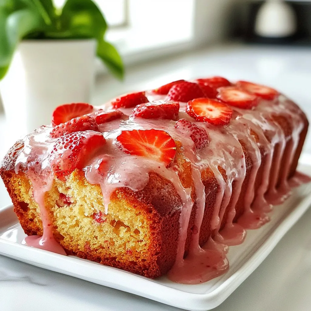 To make this delightful bread, gather these fresh ingredients: - 1 cup fresh strawberries, pureed - 1/2 cup unsalted butter, softened to room temperature - 1 cup granulated sugar - 2 large eggs, at room temperature - 1 teaspoon pure vanilla extract - 2 cups all-purpose flour - 1 teaspoon baking soda - 1/2 teaspoon salt - 1/2 cup buttermilk, at room temperature - 1/2 cup diced strawberries (for added texture) These ingredients come together to create a moist, flavorful bread that is bursting with strawberry goodness. For the sweet and tangy glaze, you will need: - 1 cup powdered sugar - 2 tablespoons fresh strawberry puree - 1-2 teaspoons milk (adjust as needed for desired consistency) This glaze adds a perfect finish, making your bread even more special. You can enhance your bread with some fun add-ins if you like: - Chopped nuts, such as walnuts or pecans - A sprinkle of cinnamon or nutmeg - Chocolate chips for a sweet twist - Zest from a lemon or orange for brightness These options allow you to customize your strawberry glazed strawberry bread to fit your taste perfectly. {{ingredient_image_2}} To start, preheat your oven to 350°F (175°C). This step warms the oven for even baking. Next, take a 9x5 inch loaf pan and grease it with butter. You can also dust it with flour or line it with parchment paper. This helps the bread come out easily later. In a medium bowl, mix 1 cup of pureed strawberries with 1/2 cup of softened butter and 1 cup of granulated sugar. I use an electric mixer to blend these until the mix is smooth and creamy. Then, add 2 large eggs one by one. Make sure each egg blends well before adding the next. Stir in 1 teaspoon of pure vanilla extract for flavor. In another bowl, whisk together 2 cups of all-purpose flour, 1 teaspoon of baking soda, and 1/2 teaspoon of salt. This mix is the dry part of your recipe. Gradually add this dry mix to the strawberry mix. Alternate adding the flour mix and 1/2 cup of buttermilk, starting and ending with the flour. Finally, gently fold in 1/2 cup of diced strawberries. Be careful not to overmix. Then, pour the batter into your prepared loaf pan, smoothing the top with a spatula. Now it's time to bake! Place the loaf pan in the preheated oven. Bake for 55 to 65 minutes. You'll know the bread is done when a toothpick inserted in the center comes out clean or with a few moist crumbs. Once baked, let the bread cool in the pan for about 10 to 15 minutes. Then, carefully move the loaf to a wire rack. Let it cool completely before adding the glaze. This cooling step is crucial; glazing a warm loaf can make it messy. While the bread cools, we can prepare the glaze. In a small bowl, whisk together 1 cup of powdered sugar, 2 tablespoons of fresh strawberry puree, and 1 to 2 teaspoons of milk. Keep adding milk until the glaze reaches a pourable consistency. Once the bread is cooled, drizzle the glaze over the top. Allow it to cascade down the sides for a beautiful finish. Let the glaze set before slicing into your delicious creation. To make the best strawberry bread, start with ripe strawberries. They add natural sweetness. Use fresh strawberries for the glaze too. Always measure your ingredients carefully. This keeps your bread light and fluffy. Room temperature eggs and buttermilk mix better. This helps create a smoother batter. The glaze needs to be smooth and pourable. Start with one cup of powdered sugar. Add two tablespoons of fresh strawberry puree. Mix well. Then, add milk one teaspoon at a time. Keep stirring until you like the thickness. If it’s too thin, add more sugar. If it's too thick, add more milk. Don’t skip cooling the bread before glazing. If it’s warm, the glaze will melt. Also, avoid overmixing the batter. This can make the bread dense. When adding the strawberries, fold them in gently. Finally, make sure to use a toothpick to test for doneness. If it comes out clean, your bread is ready. Pro Tips Use Ripe Strawberries: For the best flavor, make sure to use ripe, juicy strawberries. They will enhance the sweetness and overall taste of your bread. Don’t Overmix: When folding in the diced strawberries, be gentle. Overmixing can lead to a dense bread rather than a light and fluffy texture. Check for Doneness: Since oven temperatures can vary, check the bread a few minutes before the baking time is up. A toothpick should come out clean or with a few moist crumbs. Let It Cool Fully: Allow the bread to cool completely before glazing. This prevents the glaze from melting off and ensures a beautiful finish. {{image_4}} You can enjoy this bread without gluten. Use a gluten-free flour blend instead of regular flour. Look for blends made with almond flour or coconut flour. Make sure the blend has xanthan gum, which helps with texture. Follow the same steps as in the regular recipe. It will taste great and be safe for those with gluten issues. Feel free to mix in other fruits or nuts. Blueberries, raspberries, or chopped bananas work well. These fruits add different flavors and colors. For nuts, try walnuts or pecans. Chop them finely and fold them in at the end. This twist gives the bread a new layer of taste and a delightful crunch. You can change how sweet your bread is. If you prefer less sugar, cut the sugar by a third. You could also use honey or maple syrup as a natural sweetener. Just remember to adjust the liquid ingredients if you do. Taste the batter before baking; it should be sweet but not overpowering. This helps you create the perfect balance just for you. To keep your strawberry glazed bread fresh, wrap it tightly in plastic wrap. This keeps moisture in and prevents it from drying out. You can also place it in an airtight container. Store it at room temperature for up to three days. If you want to keep it longer, consider freezing it. To freeze leftover bread, slice it first. Wrap each slice in plastic wrap, then place them in a freezer bag. Remove as much air as possible to prevent freezer burn. Label the bag with the date. The bread will stay fresh for up to three months. Thaw slices at room temperature or pop them in the toaster for a warm treat. When you’re ready to serve, let the bread come to room temperature. If it was frozen, thaw it first. You can add a fresh glaze on top for a nice touch. Serve with whole strawberries for a pop of color. Enjoy it with a cup of tea or coffee for a perfect snack! Strawberry glazed bread stays fresh for about 3 to 5 days at room temperature. Store it in an airtight container. If you want it to last longer, keep it in the fridge, where it can last up to a week. To enjoy it at its best, eat it fresh! Yes, you can use frozen strawberries. Just make sure to thaw and drain them first. This helps get rid of extra moisture, which can change the bread's texture. After thawing, you can mash them into a puree or chop them for added texture. If you don’t have buttermilk, you can make a quick substitute. Mix 1/2 cup of milk with 1/2 tablespoon of lemon juice or vinegar. Let it sit for about 5 minutes. This will give you a similar tangy flavor and acidity that buttermilk provides. This blog post covered how to make strawberry glazed bread from start to finish. We went over the key ingredients, steps for preparation and baking, and tips for the best results. You also learned about variations, storage, and answered common questions. Strawberry glazed bread is a fun treat to make. It’s easy to customize and share. Enjoy the delicious flavors and use the tips to make your version perfect. I hope you feel excited to bake and enjoy this tasty recipe!
