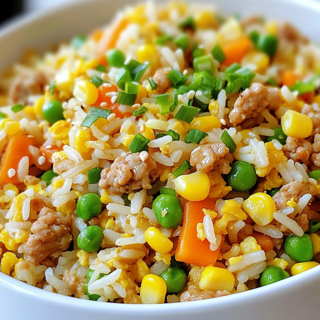 To make this fried rice, you will need: - 1 cup ground chicken - 2 cups cooked jasmine rice (preferably refrigerated overnight for best texture) - 1 cup mixed vegetables (like diced carrots, sweet peas, and corn) - 2 large eggs, lightly beaten - 3 tablespoons soy sauce (adjust to taste) - 1 tablespoon sesame oil - 2 green onions, finely chopped - 2 cloves garlic, minced - Salt and freshly ground black pepper to taste You can add extra flavors and textures with these options: - Toasted sesame seeds for garnish - Additional veggies like bell peppers or broccoli - Spicy sauce like sriracha for heat - Fresh herbs like cilantro or basil for a fresh touch Having the right tools makes cooking easier: - A large skillet or wok for stir-frying - A spatula to mix and turn the ingredients - A cutting board and knife for chopping veggies - Measuring spoons for precise ingredient amounts - A bowl for beating eggs These ingredients and tools will help you create a tasty and quick meal. Enjoy personalizing your fried rice! {{ingredient_image_2}} Gather all your ingredients first. You will need: - 1 cup ground chicken - 2 cups cooked jasmine rice - 1 cup mixed vegetables (like carrots, peas, and corn) - 2 large eggs - 3 tablespoons soy sauce - 1 tablespoon sesame oil - 2 green onions - 2 cloves garlic - Salt and black pepper Make sure your rice is cooked and chilled. This helps it fry better! Heat 1 tablespoon of sesame oil in a large skillet over medium heat. When the oil shimmers, add minced garlic. Sauté it for about 30 seconds. You want it fragrant but not burnt. Then, add the ground chicken. Use a spatula to break it into small pieces. Cook for about 5 to 7 minutes. The chicken should turn white and not look pink. Once the chicken is cooked, move it to one side of the skillet. Pour the beaten eggs into the empty side. Stir gently until they set. Mix the eggs with the chicken. Next, add the mixed vegetables. Stir-fry everything for 2 to 3 minutes. The veggies should soften but still be crisp. Now, add the chilled rice. Break apart any clumps with your spatula. Drizzle the soy sauce over it and mix well. Cook for another 2 to 3 minutes. This allows all the flavors to blend. Add the chopped green onions. Season with salt and black pepper to taste. Toss everything together for a final mix. This helps all the flavors come together. Remove the skillet from the heat. Serve the fried rice hot. You can garnish with toasted sesame seeds for extra flavor. Enjoy! When cooking ground chicken, always use fresh meat. Fresh chicken gives the best flavor. Break the meat into small pieces while cooking. This helps it cook evenly. Make sure to cook it until there is no pink left. This takes about 5 to 7 minutes. Use a non-stick skillet or wok to avoid sticking. This helps with easy serving and cleanup. Use cold, cooked jasmine rice for the best texture. Day-old rice works great because it is less sticky. If you don't have day-old rice, spread freshly cooked rice on a tray. Let it cool to room temperature before using. When adding rice to the skillet, break up any clumps. Stir well to mix with the other ingredients. This helps achieve a nice, fluffy fried rice. To speed up your cooking, have all your ingredients ready before you start. Chop your vegetables and measure your sauces ahead of time. You can also use frozen mixed vegetables. They save time and still taste great. If you want to cook faster, consider using pre-cooked rice. This cuts down your total cooking time. Remember, a hot skillet helps everything cook faster, so preheat it well! Pro Tips Use Day-Old Rice: For the best texture, use rice that has been cooked and refrigerated overnight. This helps prevent the rice from becoming mushy. Customize Your Veggies: Feel free to swap in your favorite vegetables or whatever you have on hand. Bell peppers, broccoli, or snap peas work great too! Adjust the Soy Sauce: Start with less soy sauce and gradually add more to taste, especially if you're watching your sodium intake. Sauté Garlic Carefully: Be cautious not to burn the garlic when sautéing, as it can turn bitter. Cook it just until fragrant. {{image_4}} You can easily make this dish vegetarian or vegan. Replace ground chicken with plant-based ground meat. Options include lentils, mushrooms, or tofu. These substitutes add texture and flavor. Use soy sauce or tamari for a gluten-free option. For eggs, try scrambled tofu or chickpea flour to keep it vegan. This way, you can enjoy a tasty meal without meat. If you want to change the protein, consider using shrimp, beef, or pork. These proteins work well with the other flavors. Cook shrimp for only a few minutes until pink. For beef or pork, make sure to cook it until it’s no longer pink. Each protein adds its own taste, making your fried rice unique every time. You can customize the flavor of your fried rice with different sauces and spices. Try adding sriracha for heat or hoisin sauce for sweetness. A splash of rice vinegar can brighten the dish. Also, consider adding fresh ginger or chili flakes for extra flavor. A sprinkle of five-spice powder can give a delightful twist. With these options, you can create a new taste experience each time! Store any leftover fried rice in an airtight container. This keeps it fresh. Make sure to refrigerate within two hours of cooking. The rice stays good for about three to four days. Before serving, check for any off-smells or changes in texture. You can freeze fried rice for later use. Let it cool completely before packing it. Use freezer-safe bags or containers to keep it safe. Fried rice can last up to three months in the freezer. When you're ready to eat, just thaw it overnight in the fridge. Reheat your fried rice on the stove for best results. Add a splash of water or broth to keep it moist. Stir it often over medium heat until it's hot. If you're using a microwave, cover the dish and heat in short bursts. Stir between intervals to heat evenly. This keeps the flavors fresh and tasty. Yes, you can use leftover rice for this dish. In fact, it works better! Cold rice separates well when frying. Just make sure it’s not too soggy. Break up any clumps before adding it to the pan. This makes your fried rice light and fluffy. You can add many kinds of vegetables. Try diced bell peppers, broccoli, or snow peas. You can also use frozen mixed veggies for speed. Just toss them in with the ground chicken. The more colorful, the better! This adds flavor and nutrients. To spice things up, add red pepper flakes or hot sauce. You can mix in a splash of sriracha while cooking. Another option is to use spicy soy sauce. Just start with a little, then taste and adjust. Heat should enhance, not overwhelm. Yes, you can use other oils. Canola or peanut oil works well for frying. Olive oil is also fine, but it has a lower smoke point. If you want a nutty flavor, try using sesame oil with another oil. Just make sure to heat the oil before adding ingredients. In summary, we explored how to make tasty ground chicken fried rice. We covered key ingredients, helpful cooking tools, and step-by-step instructions. You learned tips for the best texture and faster prep. We also discussed different variations and how to store leftovers. Enjoy cooking this dish! With a few simple tweaks, you can make it your own. Now, go ahead and try making this easy meal at home!