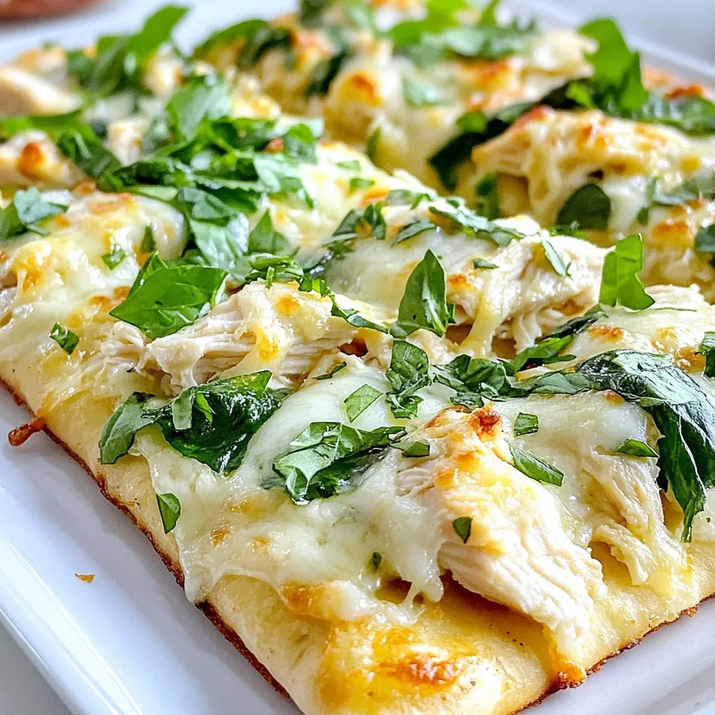 To make Chicken Alfredo Flatbread, you need these key ingredients: - 1 large flatbread (store-bought or homemade) - 1 cup cooked chicken breast, shredded - 1 cup Alfredo sauce (store-bought or homemade) - 1 cup mozzarella cheese, shredded - 1/2 cup Parmesan cheese, grated - 1 cup fresh spinach leaves - 1 clove garlic, minced - 1 tablespoon olive oil - Salt and pepper to taste - Optional: Fresh parsley, chopped (for garnish) These ingredients combine to create a rich and creamy flavor that everyone will love. When picking Alfredo sauce, I recommend brands like Classico or Rao's. They have great taste and quality. For cheese, I love using Whole Foods' mozzarella and Parmigiano-Reggiano. These brands melt well and add depth to your dish. You can make some easy swaps for a healthier flatbread. Try using whole wheat flatbread instead of regular. For a lighter sauce, consider using Greek yogurt mixed with a bit of milk. You can also opt for low-fat cheeses to cut calories. If you want extra veggies, add bell peppers or mushrooms for more nutrition. {{ingredient_image_2}} Start by gathering your ingredients. You will need: - 1 large flatbread (store-bought or homemade) - 1 cup cooked chicken breast, shredded - 1 cup Alfredo sauce (store-bought or homemade) - 1 cup mozzarella cheese, shredded - 1/2 cup Parmesan cheese, grated - 1 cup fresh spinach leaves - 1 clove garlic, minced - 1 tablespoon olive oil - Salt and pepper to taste - Optional: Fresh parsley, chopped (for garnish) Preheat your oven to 400°F (200°C). This step is key for a great bake. While the oven heats, shred your cooked chicken and mince the garlic. Measure out your cheese and sauce. Having everything ready makes cooking smoother. Grab a medium skillet and add the olive oil over medium heat. Once the oil is warm, add the minced garlic. Sauté the garlic for about one minute. Watch it closely; you don't want it to brown. Next, add the shredded chicken to the skillet. Season it with salt and pepper. Pour in half of the Alfredo sauce and mix well. Cook this mixture for 2-3 minutes, stirring often. Your goal is to heat the chicken and coat it with that creamy sauce. Now, take a baking sheet and place your flatbread on it. Use a spoon to spread the remaining Alfredo sauce evenly on the flatbread. Leave a small border around the edges for a nice crust. Next, evenly distribute the chicken mixture over the sauce. Make sure every bite gets that rich flavor. Then, sprinkle the shredded mozzarella on top. Follow it with the grated Parmesan cheese for extra flavor. Finally, scatter the fresh spinach leaves on top. Press the spinach down slightly so it sticks to the cheese. Place the flatbread in the preheated oven and bake for 10-12 minutes. You want the cheese to melt and bubble, with the edges turning golden brown. Once baked, take the flatbread out and let it cool for a couple of minutes. This helps avoid burns. Slice it into wedges, and feel free to garnish with chopped parsley. Your Chicken Alfredo Flatbread is now ready to enjoy! To make a great Alfredo sauce, start with fresh ingredients. Use heavy cream for a rich taste. If you want, add butter for extra creaminess. Heat the cream gently and whisk in grated Parmesan cheese. This helps create a smooth sauce. Stir until the cheese melts completely. Taste and add salt and pepper as needed. Avoid high heat, as it can scorch the sauce. For more flavor, add a pinch of nutmeg or garlic powder. Baking your flatbread correctly gives it a nice crunch. Preheat your oven to 400°F (200°C) to get the heat right. Place the flatbread directly on the oven rack for more even baking. This allows the bottom to crisp up nicely. Bake for 10-12 minutes, but keep an eye on it. The edges should turn golden brown. If you prefer a crunchier base, you can pre-bake the flatbread for 5 minutes before adding your toppings. Presentation makes your meal more inviting. Serve the flatbread on a wooden board for a rustic look. Cut it into wedges for easy sharing. Garnish with fresh parsley for color and flavor. You can add a small bowl of marinara sauce for dipping. This adds a nice touch and extra flavor. Don't forget to enjoy it while it's warm! Pro Tips Use Fresh Ingredients: Opt for fresh spinach and quality cheeses to enhance the flavor and texture of your flatbread. Customize Your Sauce: Feel free to add herbs or spices to your Alfredo sauce for an extra kick of flavor. Experiment with Toppings: Try adding sun-dried tomatoes, artichokes, or even bacon bits for a unique twist on this classic dish. Perfectly Crispy Crust: For an extra crispy flatbread, bake it on a pizza stone or preheated baking sheet. {{image_4}} You can switch up the chicken for many other proteins. Try shredded turkey for a lighter option. If you love seafood, shrimp works great too. For a smoky touch, add some diced bacon or pancetta. These swaps keep the dish exciting while still being tasty. If you want a veggie version, skip the chicken. Use grilled zucchini or roasted bell peppers instead. You can also try artichoke hearts for a unique flavor. Add mushrooms for a hearty feel. These options keep the dish flavorful and filling without meat. To boost flavor, add fresh herbs like basil or oregano. A sprinkle of red pepper flakes adds heat. For a hint of freshness, squeeze some lemon juice on top. You can also mix in some Italian seasoning for depth. These simple changes take your flatbread to a new level! To keep your Chicken Alfredo Flatbread fresh, let it cool first. Wrap it tightly in plastic wrap or foil. You can also place it in an airtight container. Store it in the fridge for up to three days. This keeps the flavors intact and prevents drying out. When you’re ready to eat the leftovers, preheat your oven to 350°F (175°C). Place the flatbread on a baking sheet. Heat it for about 10 minutes, or until it is warm and the cheese melts slightly. You can also use a microwave. If using a microwave, place a damp paper towel over the flatbread. Heat for 1-2 minutes. This method helps keep it soft. If you want to save some for later, freezing is a great option. Wrap the flatbread tightly in plastic wrap and then in foil. This helps prevent freezer burn. Store it in the freezer for up to two months. When you want to eat it, thaw it overnight in the fridge. Then, reheat it in the oven as mentioned above. This way, you can enjoy a tasty meal anytime! Yes, you can use other types of bread. Try using naan, pita, or even a tortilla. Each bread type gives a unique taste and texture. Just make sure it can hold the toppings well. Thin crusts work best for a crispy bite, while thicker ones add a chewy texture. I love serving Chicken Alfredo Flatbread with fresh sides. Here are some great options: - Garden salad: A crisp, green salad balances the creamy flatbread. - Steamed veggies: Broccoli, green beans, or carrots offer a nice crunch. - Garlic bread: A classic side that complements the meal's flavors. - Marinara sauce: Perfect for dipping and adds a nice tang. Making Chicken Alfredo Flatbread is quick. It takes about 25 minutes in total: - Prep time: 10 minutes to gather and prepare your ingredients. - Cooking time: 10-12 minutes to bake it in the oven. This dish is great for a fast weeknight meal! In this blog post, I shared the key ingredients for Chicken Alfredo Flatbread. I provided step-by-step instructions and tips to perfect the dish. Variations allow for custom flavors, while storage tips ensure leftovers stay fresh. Keep these ideas in mind to create a meal that suits your taste. Chicken Alfredo Flatbread is simple to make and enjoy. You can easily adapt it for different diets. Cooking can be fun, and this dish showcases how creative you can be. Enjoy making your flatbread just the way you like it!