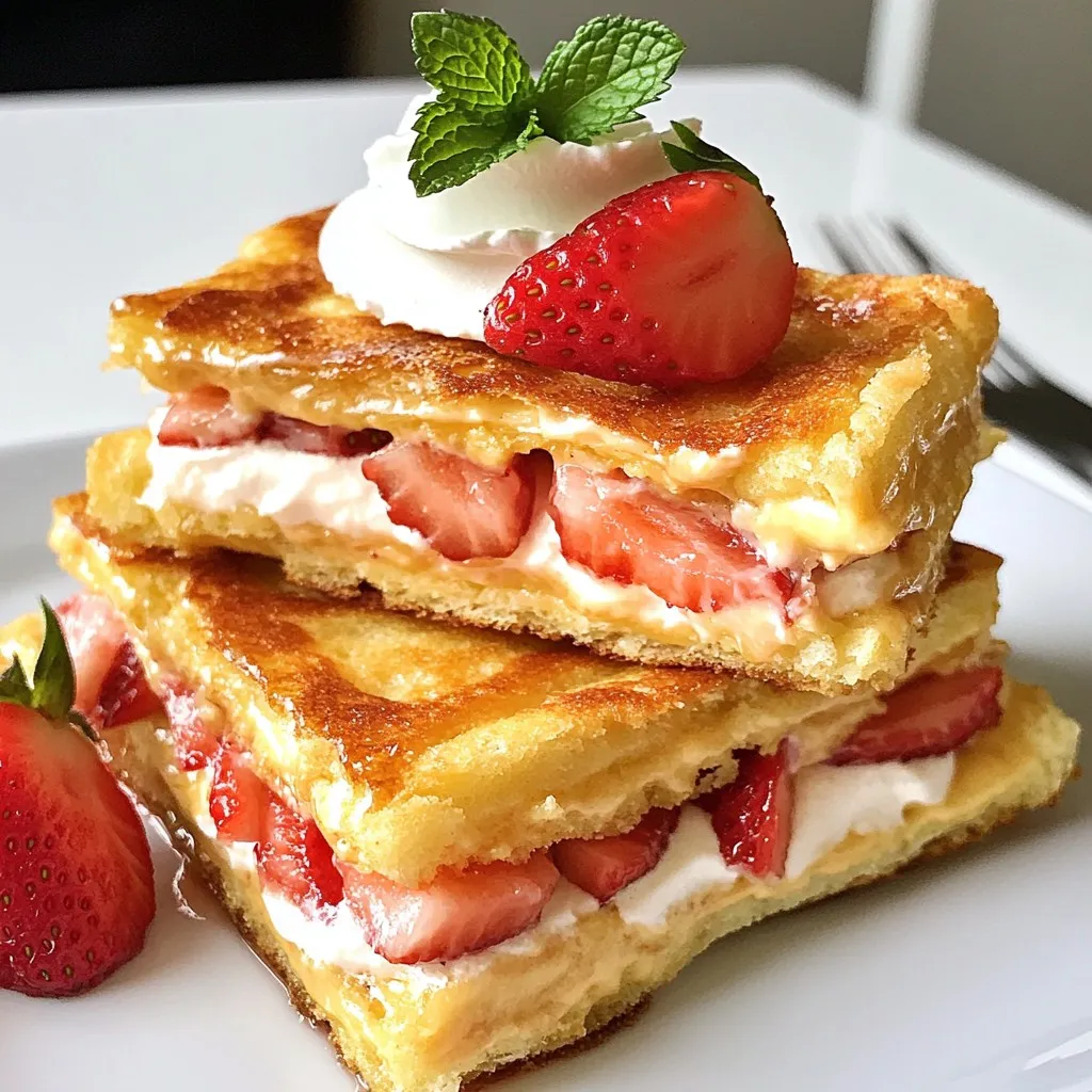 To make these tasty sandwiches, you need: - 8 slices of bread (white, whole grain, or brioche) - 1 cup cream cheese, softened - 1/4 cup powdered sugar - 1 teaspoon pure vanilla extract - 1 cup fresh strawberries, hulled and diced - 1/2 teaspoon ground cinnamon - 1 large egg - 1/2 cup milk, any type - 1 cup breadcrumbs (panko is best) - Vegetable oil (for frying) These ingredients work together to create a sweet and creamy filling, making every bite a delight. You can make your sandwiches even better with these extras: - Whipped cream (for topping) - Fresh mint leaves (for garnish) The whipped cream adds creaminess, while mint gives a nice touch of freshness. If you want to change things up, try these options: - Use almond or coconut milk instead of regular milk. - Swap out strawberries for other fruits, like blueberries or peaches. - For a lower-sugar option, you can use a sugar substitute in place of powdered sugar. These swaps let you customize the flavor to fit your taste. {{ingredient_image_2}} To start, grab a medium bowl. Add 1 cup of softened cream cheese, 1/4 cup of powdered sugar, and 1 teaspoon of vanilla extract. Blend these until smooth. You can use a hand mixer or a whisk. This mixture should be creamy and well combined. Next, fold in 1 cup of hulled and diced strawberries. Make sure the strawberries are evenly mixed in. Set this tasty filling aside for now. Now, take 2 slices of your favorite bread. Spread a generous amount of the strawberry cream cheese mixture on one slice. Place the second slice on top to form a sandwich. Repeat this until you use all the bread and filling. You can choose white, whole grain, or brioche bread. Each type adds a different flavor. In a shallow dish, whisk together 1 large egg and 1/2 cup of milk. This will coat the sandwiches. In another shallow dish, mix 1 cup of breadcrumbs with 1/2 teaspoon of ground cinnamon. This will give the sandwiches a nice flavor. Heat vegetable oil in a large skillet over medium heat. Aim for about 1/4 inch deep. Dip each sandwich in the egg mixture. Let any extra egg drip off. Then, coat the sandwich in the breadcrumb mixture. Press gently to make sure the crumbs stick. Once the oil is hot, fry the sandwiches in batches. Cook for about 2-3 minutes on each side until they turn golden brown. Transfer the fried sandwiches to a plate lined with paper towels to soak up extra oil. Enjoy them warm with whipped cream and mint leaves, if you like! To make your fried strawberry cheesecake sandwiches crispy, heat your oil well. Use enough oil to cover the bottom of your skillet. Test the oil by dropping a small piece of bread in it. If it sizzles, you are ready to fry. Fry each sandwich for about 2-3 minutes on each side. You want them golden brown. If they brown too quickly, your oil is too hot. Lower the heat to get an even fry. You can add extra flavors to your filling. Try mixing in some chopped chocolate or a bit of lemon zest. This adds a fresh twist to the sweet cream cheese. For a crunch, consider adding crushed nuts like pecans or walnuts. They blend well with strawberries. If you want a spice kick, add a dash of nutmeg along with the cinnamon. This gives a warm flavor that pairs nicely with the berries. Serve your sandwiches warm for the best taste. Top them with whipped cream for extra richness. Fresh mint leaves not only look nice but also add a fresh taste. You can also drizzle some chocolate or caramel sauce over the top. It makes your dish even more tempting. For a fun twist, serve these sandwiches with a scoop of vanilla ice cream on the side. Enjoying them hot with cold ice cream is a great treat! Pro Tips Choose the Right Bread: Using brioche will give your sandwiches a rich, buttery flavor, while whole grain will add a nutty taste. Choose based on your preference! Perfectly Crispy Coating: For an extra crunch, use panko breadcrumbs. They create a lighter, crispier texture compared to regular breadcrumbs. Control the Oil Temperature: Test the oil's readiness by dropping a small piece of bread in. If it sizzles, it's perfect. Too hot can burn the coating, while too cool will make them greasy. Serving Suggestions: Serve these sandwiches warm with a dollop of whipped cream and fresh mint for a refreshing contrast to the sweetness of the strawberries. {{image_4}} You can choose many types of bread for your sandwiches. White bread works well for a classic taste. Whole grain adds a nutty flavor. Brioche gives a rich and buttery bite. Each bread type changes the texture and taste of the sandwich. Try different options to see what you like best! Strawberries are great, but other fruits can shine too. Blueberries offer a sweet touch. Raspberries add a tart twist. Sliced bananas give a creamy base. You can mix and match fruits for fun flavors. Just make sure to keep the fruit fresh and ripe for the best taste. You can make these sandwiches without eggs for a vegan option. Use a mixture of flaxseed and water instead of eggs. Combine 1 tablespoon of ground flaxseed with 2.5 tablespoons of water. Let it sit for a few minutes to thicken. For the cream cheese, use a vegan cream cheese. This way, everyone can enjoy this tasty treat! Store any leftover fried strawberry cheesecake sandwiches in an airtight container. Place parchment paper between layers to keep them from sticking. Keep the sandwiches in the fridge for up to three days. To reheat your sandwiches, use a skillet on low heat. Add a bit of butter to the pan for extra flavor. Heat for about 2-3 minutes on each side. This will help keep the bread crispy. You can also use an air fryer for 3-5 minutes at 350°F for a quick and tasty option. You can freeze these sandwiches before frying. Wrap each sandwich tightly in plastic wrap. Then, place them in a freezer bag. Store them for up to three months. When you are ready to eat, thaw in the fridge overnight. Fry them directly from frozen or let them sit at room temperature for a bit before frying. For this recipe, I recommend using: - White bread - Whole grain bread - Brioche bread Each type brings a unique taste and texture. Brioche offers a rich, buttery flavor. Whole grain adds a nutty note. White bread keeps it classic and soft. Yes, you can make the filling ahead of time. I suggest mixing the cream cheese, sugar, and strawberries. Store it in the fridge for up to two days. This saves time on cooking day. Just remember to stir it well before spreading. To check if the oil is hot, drop a small piece of bread into it. If it sizzles, the oil is ready. The temperature should be around 350°F. This ensures the sandwiches fry evenly and become golden brown. You can use frozen strawberries, but they should be thawed first. Drain any excess liquid to avoid a soggy filling. Fresh strawberries provide the best flavor and texture, but frozen works in a pinch. If you don't have powdered sugar, use granulated sugar. Blend it in a food processor until fine. You can also mix granulated sugar with a little cornstarch. This creates a similar texture to powdered sugar. In this post, I covered how to make fried strawberry cheesecake sandwiches. We looked at the key ingredients and creative ways to serve them. I shared tips for perfect frying and storage for leftovers. You can even try different fruits and bread types. These sandwiches are fun to make and tasty to eat. Don't hesitate to experiment with flavors and enjoy your sweet treat!