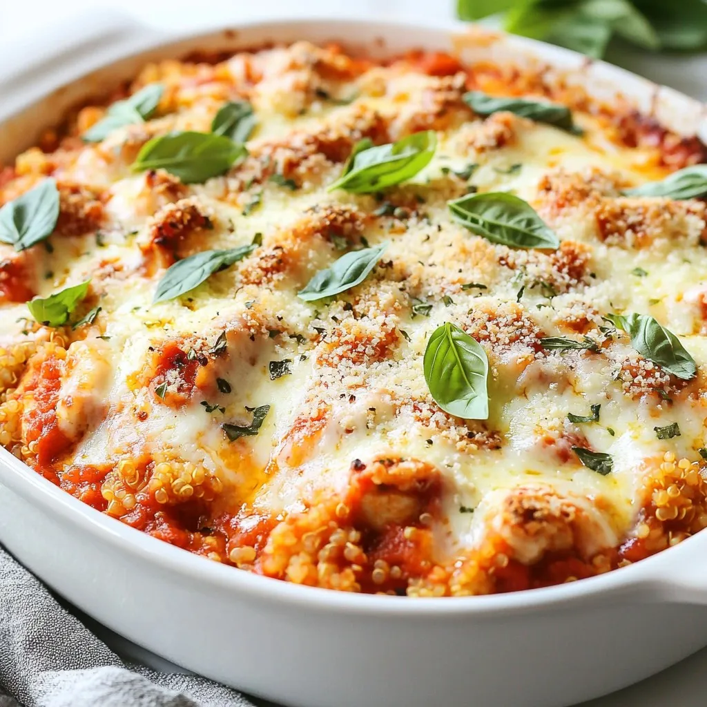 - 2 cups cooked quinoa - 1 lb boneless, skinless chicken breasts, cooked and diced - 1 cup marinara sauce - 1 cup low-fat ricotta cheese - 1 cup shredded mozzarella cheese - 1/2 cup grated Parmesan cheese - 2 cloves garlic, minced - 1 teaspoon Italian seasoning - Salt and black pepper, to taste - Fresh basil leaves, chopped (for garnish) The first step to making this dish is gathering your ingredients. Each item adds flavor and nutrition. The protein content in this casserole is quite high. The chicken and quinoa provide essential amino acids. - One serving has about 30 grams of protein, making it great for muscle repair. - The caloric breakdown is balanced, around 400 calories per serving. - Other benefits include fiber from quinoa and calcium from the cheese. This dish is not just tasty; it's good for you too! {{ingredient_image_2}} Preheating the oven is key for great cooking. It helps the dish cook evenly. Set your oven to 375°F (190°C). This is the perfect temperature for our casserole. In a large bowl, mix the key ingredients. Use cooked quinoa, diced chicken, marinara sauce, ricotta cheese, minced garlic, and Italian seasoning. Add a pinch of salt and pepper. To mix well, a wooden spoon works great. Make sure every bite has good flavor. Grease a 9x13 inch casserole dish. You can use cooking spray or olive oil. This step helps the casserole come out easily. Next, spread the quinoa and chicken mix evenly in the dish. Aim for a nice, flat layer. Cover the dish with aluminum foil for the first part of baking. This keeps moisture in and helps cook the dish right. Bake for 25 minutes. After that, take off the foil. Bake for another 15 minutes. This helps the cheese bubble and brown. Once your casserole is done, let it cool for about 5 minutes. Cooling helps it set, making it easier to serve. For a fresh touch, sprinkle chopped basil on top before serving. This adds color and flavor to your dish. - Best practices for cooking chicken: Use boneless, skinless chicken breasts for a tender bite. Cook them until they reach 165°F. Dicing the chicken small helps it mix well with other ingredients. - Quinoa cooking tips: Rinse quinoa before cooking to remove its natural coating. This makes it taste better. Use a ratio of 1 part quinoa to 2 parts water. Bring it to a boil, then simmer until fluffy. - Additional herbs and spices: Add fresh parsley or oregano to boost flavor. A pinch of red pepper flakes can add some heat. Don’t be afraid to experiment with spices you love! - Cheese alternatives: Try using cottage cheese instead of ricotta for a lighter dish. For a stronger flavor, swap some mozzarella for provolone cheese. This gives a different taste to the casserole. - Presentation ideas: Serve the casserole in individual bowls to impress your guests. Add a drizzle of olive oil on top and more fresh basil for a pop of color. - Pairing recommendations: This dish pairs well with a simple green salad. A side of garlic bread can complement the flavors too. For a refreshing drink, try sparkling water with lemon. Pro Tips Cook Quinoa Perfectly: Rinse quinoa under cold water before cooking to remove its natural bitterness, and use a 2:1 water-to-quinoa ratio for fluffy results. Season Your Chicken: For more flavor, season the chicken with salt, pepper, and Italian herbs before cooking, allowing it to absorb the spices. Layering for Flavor: Consider layering the ingredients in the casserole dish for a more even distribution of flavors, starting with quinoa and ending with cheese. Rest Before Serving: Let the casserole sit for a few minutes after baking to allow the layers to set, making it easier to cut and serve clean slices. {{image_4}} You can switch out the chicken for other proteins. Try turkey or even tofu for a plant-based option. Each brings unique flavors and textures. If you want to make it dairy-free, use cashew cream instead of ricotta. Nutritional yeast can give you a cheesy flavor without dairy. Change up the sauce for a new taste. Instead of marinara, use pesto or a creamy alfredo. These sauces can change the whole dish. You can also add vegetables like spinach, bell peppers, or zucchini. They will boost nutrition and add color. For gluten-free needs, swap quinoa with brown rice or gluten-free pasta. Each option keeps the dish hearty. If you're watching carbs, use cauliflower rice in place of quinoa. This keeps the dish light but still filling. To keep your High-Protein Chicken Parmesan Casserole fresh, follow these tips: - Refrigeration tips: Store any leftovers in an airtight container. This dish lasts up to four days in the fridge. Make sure it cools down before sealing it. - Freezing techniques: You can freeze the casserole too. Cut it into portions and wrap each piece in plastic wrap. Place the wrapped pieces in a freezer-safe bag. It will stay good for up to three months. To enjoy your casserole again, you need to reheat it properly. - Best methods for reheating: The best way to reheat is in the oven. Preheat your oven to 350°F (175°C) and place the casserole in an oven-safe dish. Cover it with foil to prevent drying out. Bake for about 20-25 minutes. - Tips to maintain texture: To keep that cheesy goodness, add a splash of marinara or a little water before reheating. This helps keep it moist and delicious. You can add some heat to your casserole easily. Try adding red pepper flakes for a mild kick. You could also mix in diced jalapeños for more spice. If you love heat, consider using spicy marinara sauce. This sauce will give your casserole a nice, bold flavor. Yes, leftovers work great in this dish. You can use leftover chicken from a previous meal. Just make sure it is cooked well and diced. You can also add leftover vegetables like spinach or zucchini. This way, you reduce waste and add flavor. This casserole pairs well with several sides. A fresh green salad makes a great choice. You can also serve it with garlic bread for a tasty touch. Roasted vegetables like broccoli or Brussels sprouts add color and nutrients too. The casserole stays good in the fridge for about three to four days. Make sure to store it in an airtight container. If you want to keep it longer, consider freezing it. It can last up to three months in the freezer. Always check for any signs of spoilage before eating. This blog post covered a tasty High-Protein Chicken Parmesan Casserole. We discussed the key ingredients, from quinoa to chicken and cheeses. I shared easy steps to prepare and bake the dish successfully. You learned tips for enhancing flavor and variations to suit your diet. Finally, I covered how to store leftovers and serve the casserole. This dish is not just healthy; it’s also simple to make. Enjoy experimenting with flavors and ingredients to make it your own! Happy cooking!