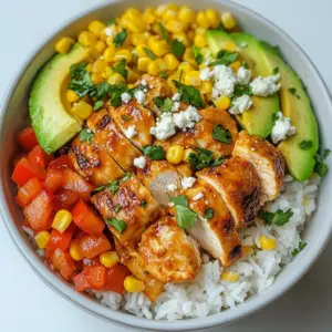 - 2 cups cooked rice (white or brown for a nutty flavor) - 1 lb boneless, skinless chicken thighs, diced into bite-sized pieces - 1 cup canned corn, thoroughly drained (or fresh grilled corn on the cob, kernels removed) - 1 red bell pepper, diced into small cubes - 1 ripe avocado, sliced into thin wedges - 1/2 cup feta cheese, crumbled for a tangy touch - 1/4 cup fresh cilantro, finely chopped for garnish - 2 tablespoons extra virgin olive oil - 1 tablespoon freshly squeezed lime juice - 1 teaspoon chili powder for a hint of warmth - 1 teaspoon ground cumin for depth of flavor - Salt and freshly cracked pepper to taste - Optional: a few dashes of your favorite hot sauce for added spice When I prepare my Street Corn Chicken Bowl, I always use fresh ingredients. The vibrant colors make the meal even more inviting. You can switch some items if you like. For instance, try using shrimp or tofu instead of chicken. If you want more spice, add jalape&ntilde;os or hot sauce. You can also swap feta for a dairy-free cheese to make it vegan. Each ingredient adds its own flavor. Mixing them gives a tasty and filling meal. {{ingredient_image_2}} To start, you need to make the marinade. In a medium bowl, mix these ingredients: - 1 lb boneless, skinless chicken thighs, diced - 2 tablespoons extra virgin olive oil - 1 tablespoon freshly squeezed lime juice - 1 teaspoon chili powder - 1 teaspoon ground cumin - Salt and freshly cracked pepper to taste Stir well to coat the chicken evenly. Let it sit for at least 10 minutes. This wait helps the flavors soak into the chicken. Heat a skillet over medium heat. Once hot, add the marinated chicken. Cook for 6-8 minutes. Stir occasionally to get even cooking. You're looking for a golden brown color on the outside. Make sure the chicken is fully cooked. Check that the inside is no longer pink. While the chicken cooks, prepare the corn and pepper salad. In a separate bowl, mix: - 1 cup canned corn, drained - 1 red bell pepper, diced - 1/4 cup fresh cilantro, chopped Season with salt and pepper. This boosts the flavors. Give it a gentle toss to mix everything. Now it&rsquo;s time to build your bowls. Start with a scoop of cooked rice at the bottom. This creates a strong base. Next, add the saut&eacute;ed chicken evenly across the bowls. Spoon the vibrant corn and pepper salad on top. For the final touch, add slices of avocado. Sprinkle crumbled feta cheese for richness. If you like heat, drizzle some hot sauce on top. This adds a nice kick to your dish. To cook chicken perfectly, avoid overcooking. Overcooked chicken gets dry and tough. Cook the chicken until it's golden brown and no longer pink inside. Use a meat thermometer; it should read 165&deg;F. This shows the chicken is safe and juicy. For great rice, rinse it before cooking. This removes excess starch, making it fluffy. Use a 2:1 water-to-rice ratio for cooking. If you want nutty rice, try brown rice. It adds flavor and a chewy texture. Spice up your bowl with fun toppings. Try adding smoked paprika or cayenne pepper for warmth. You can also use fresh lime zest for a citrus kick. If you want more crunch, add crushed tortilla chips or nuts. For dressings, consider a cilantro-lime sauce. Just blend cilantro, lime juice, and a splash of olive oil. This adds freshness to your meal. A drizzle of ranch or tahini can also elevate the taste. Make your dish pop by layering colors. Start with rice, then add chicken, and top it with corn and peppers. Use a wide bowl to show off the layers. To garnish, add cilantro leaves for green freshness. Place lime wedges on the side for a bright touch. These small details make your bowl look professional and inviting. Pro Tips Marinate for Flavor: Allow the chicken to marinate for at least 30 minutes or up to overnight for a deeper flavor infusion. Optimal Avocado Ripeness: Choose avocados that are slightly soft to the touch for the best flavor and creaminess. Fresh Corn Advantage: If using fresh corn, grilling it first will enhance its sweetness and add a smoky flavor that elevates the dish. Customize Your Heat: Adjust the amount of chili powder or hot sauce according to your spice preference to balance the dish to your liking. {{image_4}} You can easily switch proteins in this bowl. Shrimp works well in place of chicken. Just cook it until it turns pink. Tofu is a great vegan option. Make sure to press and cube it before cooking. For toppings, try using black beans instead of corn. They add a nice texture and flavor. You can also use diced jalape&ntilde;os if you like heat. Sliced radishes add a crunch. They also brighten the dish with color. To make this bowl gluten-free, use certified gluten-free rice. Most of the other ingredients are naturally gluten-free. If you want a vegan bowl, skip the chicken and feta. Instead, add more beans or grilled vegetables for protein. You can also use a vegan cheese substitute. For low-carb options, swap rice for cauliflower rice. It keeps the meal light and fresh. You can also skip the corn if you're watching carbs. A mix of greens can add more nutrients without the carbs. To keep your Street Corn Chicken Bowl fresh, store leftovers in airtight containers. This helps prevent moisture loss and keeps flavors intact. Place the chicken, corn salad, and rice in separate containers if possible. This method ensures that each component retains its best taste. The dish lasts up to three days in the fridge. For longer storage, you can freeze components separately. First, cool the chicken and rice before freezing. Use freezer-safe bags or containers. The corn salad should be frozen without the avocado, which does not freeze well. When ready to eat, thaw everything in the fridge overnight. Reheat the chicken in a skillet for best results. Microwave the rice, adding a splash of water to keep it moist. Enjoy your meal as if it were just made! If you need a feta substitute, you have options. - Goat cheese offers a creamy texture and tang. - Ricotta adds a mild flavor and soft texture. - Cotija cheese is crumbly and salty, great for this dish. - For dairy-free, try tofu feta or nut-based cheese, which work well. Yes, frozen corn is a good choice. - It is often sweeter and more tender than canned corn. - Just thaw it before using, and drain excess water. - Cook it briefly to enhance its flavor and texture. - Fresh corn has a crunch that frozen lacks, but both work well. To add heat, consider these options: - Use more chili powder in the marinade. - Add cayenne pepper for extra kick. - Fresh jalape&ntilde;os can be diced and mixed into the corn salad. - Drizzle your favorite hot sauce over the bowl before serving. This bowl pairs well with many sides: - Tortilla chips for crunch and dipping. - A simple green salad adds freshness. - Serve with guacamole or salsa for extra flavor. - Cilantro lime rice can enhance the meal's taste and theme. In this blog post, we covered how to make a tasty Street Corn Chicken Bowl. We discussed the key ingredients, marinating tips, and cooking methods to ensure perfect chicken. We also shared ideas for a vibrant corn and pepper salad and creative ways to present your dish. Remember, customizing your bowl with substitutions or dietary changes can add fun. Overall, this dish is both delicious and adaptable, making it great for any meal. Enjoy your cooking!