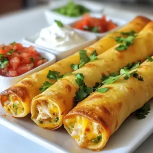 - 2 cups cooked chicken, shredded - 1 cup shredded cheese (cheddar or a delightful cheese blend) - 1/2 cup onion, finely diced - 1/2 cup canned green chilies, drained - 1 teaspoon garlic powder - 1 teaspoon cumin - 1/2 teaspoon chili powder - Salt and pepper to taste - 10 small corn tortillas - Oil for frying (vegetable or canola) - Fresh cilantro, finely chopped, for garnish - Sour cream and fresh salsa, for serving - Large mixing bowl - Spatula or fork - Small skillet - Large frying pan - Tongs - Paper towels - Serving platter - Calories: Approximately 300 - Protein: 20g - Fat: 15g - Carbohydrates: 30g - Fiber: 3g - Sodium: 500mg This dish packs a punch of flavor and crunch. You can feel good knowing you&rsquo;re serving a meal with protein and nutrients. The warm tortillas hold all that tasty filling, making each bite satisfying. {{ingredient_image_2}} Start by gathering your ingredients. You need 2 cups of cooked chicken, shredded. Add 1 cup of your favorite shredded cheese, like cheddar. Then, toss in 1/2 cup of finely diced onion and 1/2 cup of drained canned green chilies. Sprinkle in 1 teaspoon of garlic powder, 1 teaspoon of cumin, and 1/2 teaspoon of chili powder. Finally, add salt and pepper to taste. Mix everything well in a large bowl. Use a spatula or fork to combine the ingredients evenly. This filling is packed with flavor! Next, heat a small skillet over medium heat. Warm each corn tortilla for about 30 seconds on each side. This makes them soft and easy to roll. Take one warmed tortilla and spoon in 2-3 tablespoons of the chicken mixture. Roll it tightly, tucking in the sides as you go. Repeat this for the rest of the tortillas and filling. Make sure each taquito is well-rolled to keep the filling inside. Now, it&rsquo;s time to fry! In a large frying pan, pour enough oil to cover the bottom with about 1/2 inch of oil. Heat the oil over medium-high. Wait until the oil is shimmering but not smoking. Carefully lay each taquito seam-side down in the pan. Fry for about 3-4 minutes on each side. You want them golden brown and crispy! Once done, use tongs to remove them and place them on a plate lined with paper towels to soak up extra oil. Enjoy the crispy goodness! To make sure your taquitos turn out crispy, follow these simple steps: - Use fresh tortillas: Fresh corn tortillas work best. They roll easier and fry better. - Warm before filling: Heat each tortilla for 30 seconds on each side. This softens them. - Don&rsquo;t overfill: Use only 2-3 tablespoons of filling per tortilla. Too much will break them. - Hot oil: Make sure the oil is hot enough before frying. It should shimmer but not smoke. - Drain properly: Place fried taquitos on paper towels. This helps remove extra oil and keeps them crisp. Avoid these common mistakes to ensure a great batch of taquitos: - Skipping the warm-up: Don&rsquo;t skip warming the tortillas. It leads to cracking when rolling. - Not sealing well: Tuck in the sides while rolling. This keeps filling from leaking out. - Frying too long: Keep an eye on frying time. Overcooking can make them hard instead of crispy. - Using cold oil: Cold oil will lead to soggy taquitos. Always heat it until it&rsquo;s hot. Here are some tasty ideas for serving your taquitos: - Dips: Pair them with sour cream or fresh salsa for a zesty kick. - Garnish: Top with fresh cilantro for extra flavor and color. - Sides: Serve alongside rice or beans for a complete meal. - Extras: Consider adding guacamole or pico de gallo for a fresh touch. - Make it a platter: Arrange taquitos on a platter with assorted dips for a fun snack spread. Pro Tips Soft Tortillas: Always warm your corn tortillas before filling to prevent them from cracking when rolled. Filling Consistency: Ensure the chicken mixture is well-combined for even distribution of flavors in every bite. Oil Temperature: Check the oil temperature by dropping a small piece of tortilla; if it sizzles, it's ready for frying. Serving Fresh: Serve taquitos immediately after frying to maintain their crispy texture and deliciousness. {{image_4}} You can easily make a vegetarian version of taquitos. Replace the chicken with cooked black beans or refried beans. Add in some diced bell peppers and corn for added flavor. Use the same spices to keep the taste rich and bold. This keeps the dish hearty and satisfying. If you love heat, spice up your taquitos! Add diced jalape&ntilde;os or chipotle peppers to the chicken mix. You can also increase the chili powder amount for more kick. This variation gives your taquitos a fiery twist that is sure to impress. For a simple and cheesy treat, make cheese-only taquitos. Skip the chicken and use more cheese, like pepper jack or mozzarella. Mix in some herbs like oregano or basil for extra flavor. These cheesy bites are great for kids and cheese lovers alike. To store leftover taquitos, let them cool first. Place them in an airtight container. Keep them in the fridge. They will stay fresh for up to three days. If you have more than that, consider freezing them. For freezing, wrap each taquito in plastic wrap. Then, put them in a freezer-safe bag. Remove as much air as possible. They can last up to two months in the freezer. When you are ready to eat, just thaw them in the fridge overnight. To reheat, you can use an oven for best results. Preheat the oven to 375&deg;F (190&deg;C). Place the taquitos on a baking sheet. Bake for about 10 to 15 minutes until hot and crispy. You can also use a microwave, but they won&rsquo;t be as crispy. Just heat for about one minute. Enjoy your crispy chicken taquitos again! Yes, you can make taquitos in the oven. Preheat your oven to 425&deg;F (220&deg;C). After you fill and roll your taquitos, place them seam-side down on a baking sheet. Brush them lightly with oil for crispiness. Bake for about 15-20 minutes. Turn them halfway through for an even golden color. This method is healthier and still gives a nice crunch. The best chicken for taquitos is cooked, shredded chicken. I recommend using rotisserie chicken for ease and flavor. It saves time and adds great taste. You can also use leftover chicken from your meals. Just shred it well, ensuring even distribution in the filling. To keep taquitos from getting soggy, warm the corn tortillas before filling them. This step helps them stay pliable and prevents cracking. Make sure to fry them until golden brown and crispy. If you bake them, use a wire rack to allow air circulation. This helps maintain their crunchiness. You now have a clear guide to make tasty taquitos. We covered the ingredients, cooking tools, and nutritional facts. The step-by-step instructions simplify making the filling, assembling, and frying. I shared tips for crispy taquitos and noted common mistakes. You can try variations too, like vegetarian or spicy options. Remember to store leftovers properly, whether in the fridge or freezer. I hope you enjoy these taquitos as much as I do. Get cooking, and savor each bite!