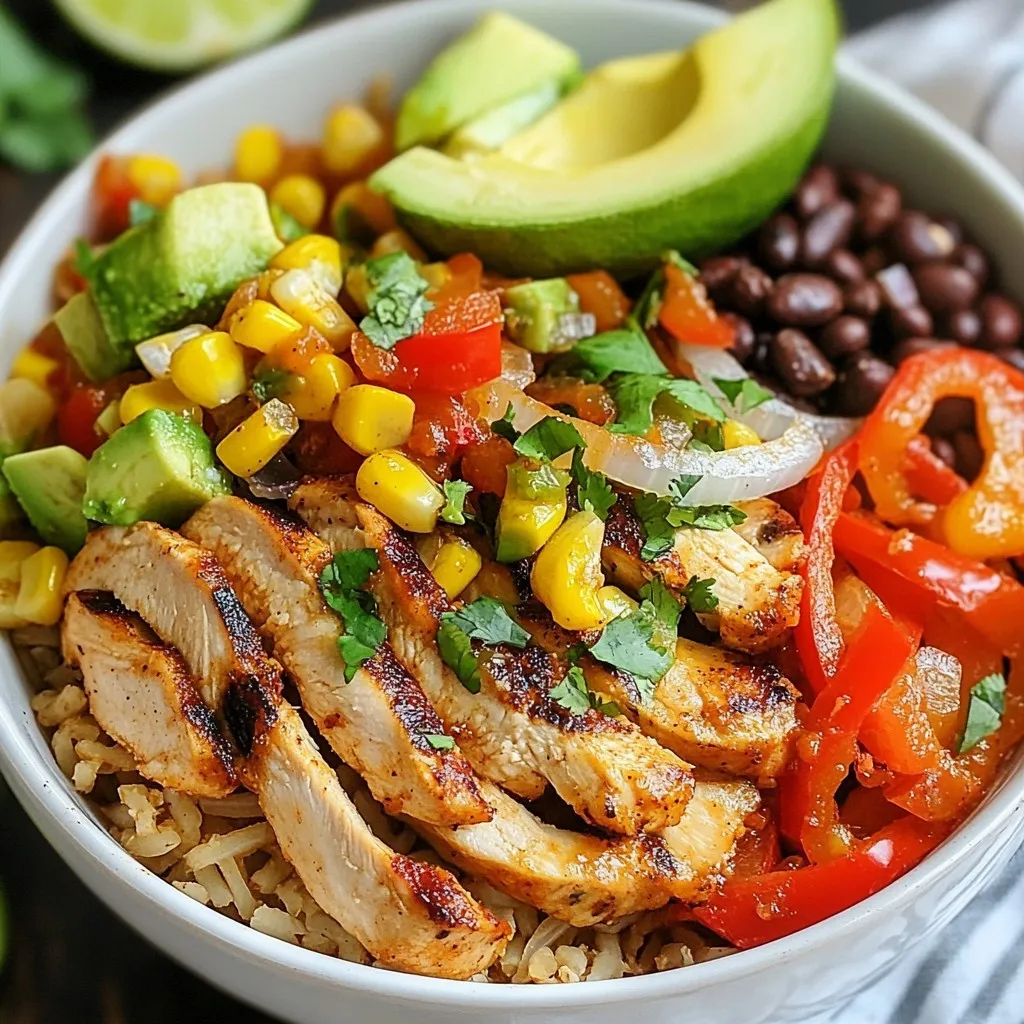 - 1 lb chicken breast, thinly sliced - 1 red bell pepper, sliced - 1 green bell pepper, sliced - 1 yellow onion, sliced - 2 tablespoons olive oil - 2 cups cooked brown rice or quinoa - 1 cup corn (fresh or frozen) - 1 cup black beans, drained and rinsed For the chicken fajita bowls, I focus on fresh and vibrant ingredients. The main star is the chicken breast. Thinly sliced, it cooks evenly and absorbs flavors well. I always marinate it to add depth. Next, I choose fresh vegetables. I love using red and green bell peppers for sweetness and crunch. A yellow onion adds a nice flavor too. You can mix and match any veggies you like, but these are my favorites. For the base, I often use either brown rice or quinoa. Both options are healthy and filling. They soak up the flavors from the chicken and veggies perfectly. To marinate the chicken, I use a mix of spices. You need: - 2 teaspoons chili powder - 1 teaspoon cumin - 1 teaspoon garlic powder - 1 teaspoon onion powder - 1 teaspoon smoked paprika - Salt and freshly ground black pepper, to taste These spices give the chicken a smoky and spicy kick. I recommend letting the chicken marinate for at least 15 minutes. This allows the flavors to meld beautifully. To achieve the best taste, don't skip on the salt and pepper. They enhance the overall flavor. When you cook the chicken, season the veggies too. A pinch of salt makes them sweeter. For the finishing touch, I love to add: - 1 avocado, diced - 1 cup salsa - Fresh cilantro for garnish (optional) - Lime wedges for serving Diced avocado adds creaminess to the bowls. Salsa brings a fresh, zesty flavor. I often sprinkle fresh cilantro on top for a pop of color and taste. Lime wedges are a must! A squeeze of lime brightens each bite. These toppings not only enhance the flavor but also make your bowls look stunning. {{ingredient_image_2}} To marinate chicken for flavor, start with thinly sliced chicken breast. In a big bowl, mix in olive oil and spices like chili powder, cumin, and garlic powder. Make sure the chicken is coated well. Cover the bowl and let it sit for at least 15 minutes. This time helps the chicken soak in all the flavors. When cooking chicken, heat a large skillet over medium-high heat. Add the marinated chicken in a single layer. Cook it for about 5 to 7 minutes. Stir occasionally until the chicken turns golden and is no longer pink. A slight char adds a nice flavor, so don’t skip that step. Once cooked, set it aside on a plate. In the same skillet, add sliced red and green bell peppers along with the onion. Sauté these for 3 to 5 minutes. Keep stirring to avoid burning. They should get tender and caramelize a bit. Season them with a pinch of salt and pepper to enhance their sweet taste. Now, it’s time to build your bowls. Start with a base of cooked brown rice or quinoa. Use about half a cup for each bowl. Then layer on the corn, black beans, and the sautéed peppers and onions. Finally, top it with the cooked chicken for a complete meal. For the finishing touch, add diced avocado on top of each bowl. Then, spoon on some salsa. If you like, sprinkle fresh cilantro for extra flavor. Serve each bowl with lime wedges on the side. A squeeze of lime adds a zesty kick that brightens the dish. To make the best fajita bowls, avoid common mistakes. One mistake is not marinating the chicken long enough. Make sure to marinate for at least 15 minutes. This step builds great flavor. Another mistake is overcrowding the skillet when cooking. Cook the chicken in a single layer for even cooking and a nice char. To enhance texture and flavor, consider adding more spices. A pinch of cayenne or some fresh lime juice can make your bowls pop. You can also try different oils like avocado oil for a unique taste. For perfectly cooked chicken, use the sauté method. Heat the skillet to medium-high before adding the chicken. This helps seal in juices. Cook it until no longer pink, about 5-7 minutes. If you prefer not to sauté, you can bake the chicken. Just season it well, place it on a baking sheet, and bake at 400°F for about 20 minutes. Grilling is another option that adds flavor. Just make sure to preheat your grill and cook until fully done. A great bowl needs to look just as good as it tastes. Use colorful dishes to make your fajita bowls pop. Arrange each item in sections. Start with rice or quinoa as the base. Then, layer on the chicken, veggies, corn, and beans. Add diced avocado and salsa on top. Sprinkle fresh cilantro for a burst of green. This not only adds flavor but also makes your dish eye-catching. Use lime wedges on the side for a zesty finish. Pro Tips Marinate for Maximum Flavor: Allow the chicken to marinate for at least 30 minutes, or even overnight, to deepen the flavors and ensure a juicier result. Use Fresh Ingredients: Whenever possible, opt for fresh vegetables and herbs. They not only taste better but also enhance the overall nutritional value of your meal. Customize Your Toppings: Feel free to add your favorite toppings such as shredded cheese, sour cream, or jalapeños to personalize your fajita bowls. Serve Immediately: To enjoy the best texture and flavor, serve the bowls immediately after assembling while everything is still warm and fresh. {{image_4}} You can swap chicken for many tasty proteins. Try beef or shrimp for a change. Both cook quickly and add rich flavors. If you want plant-based options, consider tofu or tempeh. They absorb flavors well and provide a nice texture. For a spicy kick, use spicy sausage or chorizo. This keeps your meals fun and interesting. Changing spices can give you a new dish each time. Instead of chili powder, use taco seasoning for a twist. You could also try adding a pinch of cayenne pepper for heat. Mix in smoked paprika for a deeper flavor. Don't forget about the veggies! Toss in zucchini, mushrooms, or corn for extra color and crunch. You can even add leafy greens like spinach or kale for a healthy boost. Pair your fajita bowls with sides for a complete meal. Serve with tortilla chips and guacamole for crunch. A fresh salad can also be great to balance the flavors. For easy lunches, make extra bowls on the weekend. Store them in the fridge for quick meals during the week. Just reheat and enjoy! To store leftover chicken fajita bowls safely, let them cool first. Then, put the bowls in airtight containers. This keeps the flavors fresh. I like to use glass containers for meal prep. They are sturdy and do not stain. When it's time to eat, you can reheat your bowls in a few ways. The microwave works well. Heat for 1-2 minutes, stirring halfway. This keeps the chicken moist and warm. You can also use a skillet on low heat. Stir gently to avoid drying out the chicken. Chicken fajita bowls last for about 3-4 days in the fridge. If you want to freeze them, use freezer-safe containers. They can stay good for about 3 months. When ready to eat, thaw the bowl in the fridge overnight. Reheat as mentioned above for best results. To make chicken fajita bowls spicy, add jalapeños or cayenne pepper. You can also mix in hot sauce or chili flakes. Start with a small amount, then taste to adjust heat. For more spice, try using chipotle seasoning. This gives a smoky heat that enhances the dish. Yes, you can make chicken fajita bowls ahead of time. Cook all the ingredients and let them cool. Store them in airtight containers. Keep the rice or quinoa separate from the chicken and veggies. This keeps everything fresh. Reheat when ready to eat. To make the dish lighter, use skinless chicken breast. You can also swap brown rice for cauliflower rice. This lowers carbs and adds veggies. For less fat, use Greek yogurt instead of sour cream. Try using fresh veggies like spinach for added nutrients. In this blog post, we explored how to create delicious chicken fajita bowls, focusing on key ingredients like marinated chicken, fresh veggies, and flavor-packed toppings. I shared step-by-step instructions for marinating and cooking, as well as tips for presentation and variations. You can customize your bowls to suit your taste and dietary preferences. With the right techniques, you can elevate your meal to a new level. Enjoy your fajita bowls, and don’t be afraid to get creative with flavors!