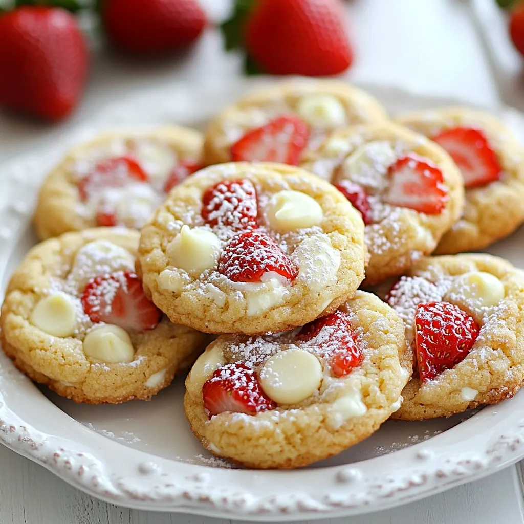 To make Strawberry Cheesecake Cookies, you need a few simple ingredients that create a delightful treat. Here’s your shopping list: - 1 cup all-purpose flour - 1/2 teaspoon baking powder - 1/4 teaspoon salt - 1/2 cup unsalted butter, softened - 1/2 cup cream cheese, softened - 3/4 cup granulated sugar - 1 teaspoon pure vanilla extract - 1 large egg - 1 cup fresh strawberries, hulled and diced - 1/2 cup white chocolate chips (optional) - Powdered sugar for dusting (optional) These ingredients work together to give you a soft, chewy cookie that tastes just like strawberry cheesecake. The butter and cream cheese create a rich base, while the strawberries add a fruity burst. You can sprinkle some powdered sugar on top for a lovely finish. If you want an extra treat, mix in white chocolate chips. They add sweetness and a creamy texture. Each ingredient plays a vital role, so make sure to gather them all before you start baking. This will help you create the best cookies possible! {{ingredient_image_2}} - Preheat the oven to 350°F (175°C). - Line baking sheets with parchment paper. To start, it’s important to have everything in place. Preheating your oven gives the cookies a nice rise. Lining the baking sheets with parchment paper prevents sticking. Plus, it makes cleanup a breeze! - Combine dry ingredients. - Beat butter and cream cheese. - Add sugar, egg, and vanilla. In a small bowl, mix the flour, baking powder, and salt. This makes sure the dry ingredients blend well. In a larger bowl, use an electric mixer to beat the butter and cream cheese until smooth. This takes about 2 to 3 minutes. Next, add the sugar and vanilla, mixing until light and airy. Crack in the egg and mix until just combined. Gradually add the dry mix. Stir gently with a spatula to keep the dough soft. - Mix in dry ingredients and strawberries. - Shape dough and place on baking sheet. - Bake and cool. Now, fold in the diced strawberries and white chocolate chips if you choose to use them. Be gentle so you don't mash the strawberries. Use a cookie scoop or a tablespoon to drop rounded dough onto the baking sheet. Space them about 2 inches apart. Bake for 12 to 15 minutes, until the edges are golden. The centers might look soft, but they will firm up while cooling. Let them cool on the baking sheet for about 5 minutes, then move them to a wire rack. If you like, dust them with powdered sugar once they’re cool. Enjoy your delightful strawberry cheesecake cookies! - Avoid overmixing the dough: When you mix too much, your cookies can become tough. Stir just until the flour disappears. - Using room temperature ingredients: Soft butter and cream cheese mix better. This makes your dough smooth and easy to work with. - Tips for achieving a chewy texture: Use a bit less flour than the recipe calls for. This keeps your cookies soft and chewy. - Substituting or adding different chocolate: You can swap white chocolate for dark chocolate or milk chocolate. This small change adds a new layer of taste. - Using freeze-dried strawberries for added flavor: Freeze-dried strawberries pack a punch! They give a strong strawberry taste without adding too much moisture. Mix them in for a fun twist. Pro Tips Use Fresh Strawberries: For the best flavor, opt for fresh, ripe strawberries. They will enhance the sweetness and provide a juicy burst in every bite. Room Temperature Ingredients: Ensure that your butter and cream cheese are softened to room temperature. This allows for better incorporation and a smoother cookie dough. Don’t Overmix: When combining the flour mixture with the wet ingredients, mix just until combined. Overmixing can lead to tough cookies. Cooling Time: Let the cookies cool on the baking sheet for a few minutes before transferring them to a wire rack. This helps them firm up and prevents breakage. {{image_4}} You can switch up the flavors to keep things fun. Here are two tasty ideas: - Lemon Cheesecake Cookies: Start by adding lemon zest and juice to the dough. This gives the cookies a fresh, zesty kick that pairs well with the cream cheese. Use about 1 tablespoon of lemon juice and 1 teaspoon of zest. These cookies will brighten your day! - Chocolate Strawberry Cheesecake Cookies: If you love chocolate, try this twist. Mix in cocoa powder to the dough for a rich chocolate flavor. Add chocolate chips alongside the strawberries. Use about 1/4 cup of cocoa powder and adjust the flour to keep the texture right. These cookies are a chocolate lover's dream! Want a lighter version of these cookies? Here are some ideas to make them healthier: - Using almond flour or whole wheat flour: Swap all-purpose flour for almond flour or whole wheat flour. Almond flour adds a nutty taste and is gluten-free. Whole wheat flour gives you more fiber. This change keeps the cookies tasty but adds some nutrition. - Reducing sugar and adding natural sweeteners: Cut down on sugar by using natural sweeteners like honey or maple syrup. About 1/2 cup of honey can replace the sugar. This gives your cookies a sweet flavor without all the granulated sugar. You’ll enjoy a delicious treat that feels less guilty! To keep your strawberry cheesecake cookies fresh, use an airtight container. This method helps prevent air from getting in and keeps cookies soft. You can layer the cookies with parchment paper. This avoids sticking and keeps them looking nice. The cookies stay fresh for up to a week at room temperature. If you want to keep them longer, refrigeration is a good option. Just remember to let them come back to room temperature before serving. Freezing cookie dough is great for later baking. To freeze, shape the dough into balls and place them on a baking sheet. After freezing for a few hours, transfer the dough balls to a freezer bag. Label the bag with the date. The dough lasts for about three months in the freezer. When you're ready to bake, just take out the dough and let it thaw in the fridge overnight. For baked cookies, let them cool completely. Place them in an airtight container or freezer bag. Baked cookies can be frozen for about three months, too. To reheat, simply place them in a warm oven at 300°F (150°C) for about 5-10 minutes. This brings back their soft texture and makes them taste fresh again. Can I use frozen strawberries? Yes, you can use frozen strawberries. Make sure to thaw and drain them well. This helps avoid too much moisture in your cookies. Diced strawberries will mix better into the dough. How long do these cookies stay fresh? These cookies stay fresh for about 3-5 days. Store them in an airtight container. Keep them in a cool, dry place to maintain their taste and texture. Can I make these cookies dairy-free? Yes, you can make these cookies dairy-free. Use dairy-free butter and a dairy-free cream cheese. Make sure the other ingredients are also dairy-free. What to do if the dough is too sticky? If your dough is too sticky, add a bit more flour. Start with one tablespoon at a time. Mix until the dough is manageable. Be careful not to add too much flour, as it can change the texture. How can I prevent cookies from spreading too much? To prevent spreading, chill the cookie dough for about 30 minutes. This helps firm up the fat. Also, make sure your baking sheet is not too warm when you place the dough on it. Bakeries specializing in Strawberry Cheesecake Cookies Many local bakeries offer these cookies. Check out specialty dessert shops in your area. They often have unique takes on this classic treat. Options for pre-made cookies If you prefer pre-made cookies, grocery stores often carry them. Look for them in the bakery section. You can also find them online from various dessert retailers. In this post, we explored the simple steps to make delicious strawberry cheesecake cookies. We covered the essential ingredients, from flour to fresh strawberries, and provided clear instructions for preparation and baking. I shared tips to ensure a chewy texture and suggested tasty variations. Remember, these cookies can be stored or frozen for later enjoyment. Have fun experimenting with flavors! Making these cookies is not just a recipe; it’s a way to create joy in your kitchen. Happy baking!