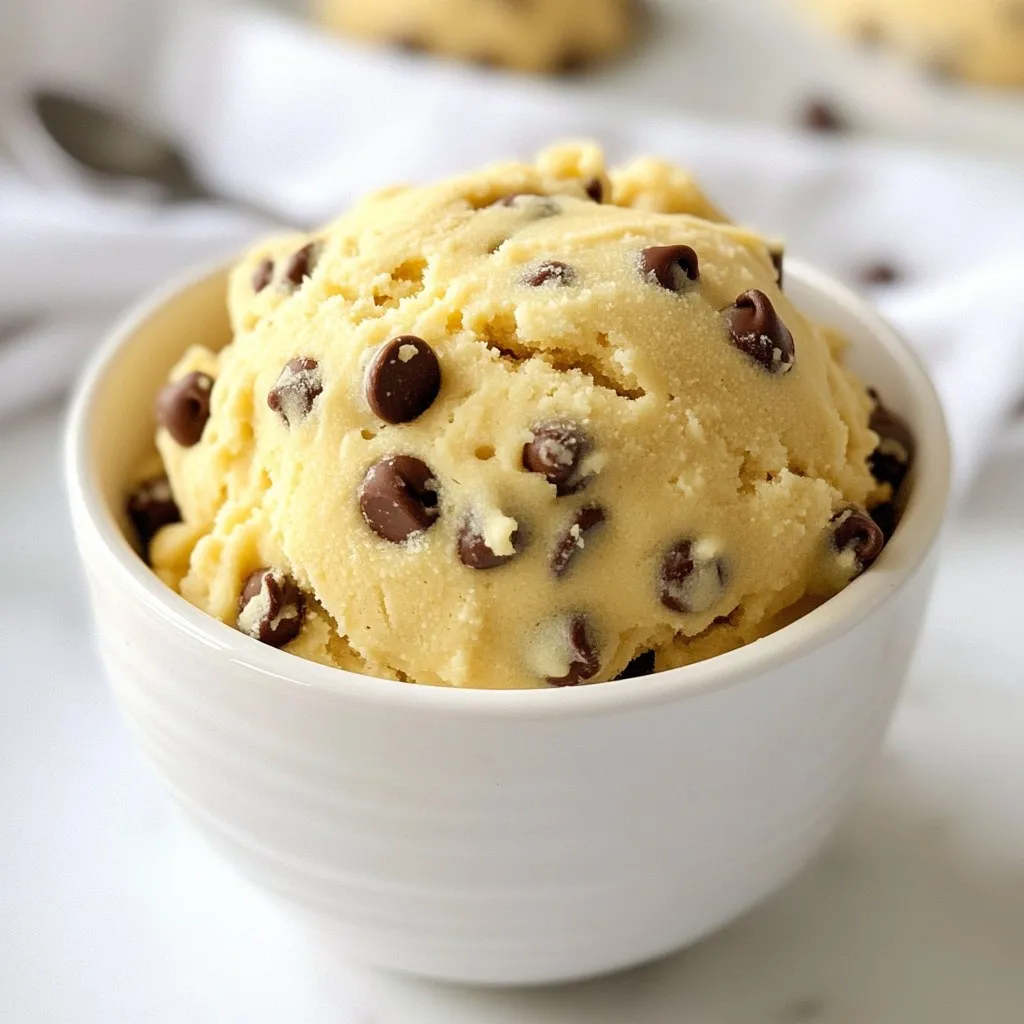 - 1 cup all-purpose flour (heat-treated) - ½ cup unsalted butter, softened to room temperature - ¾ cup brown sugar, packed tightly - ¼ cup granulated sugar - 2 teaspoons pure vanilla extract - 2 tablespoons milk (adjust as needed) - ½ cup semi-sweet chocolate chips - Pinch of sea salt - All-purpose flour: This is the base for our cookie dough. We heat-treat it to make it safe. - Unsalted butter: Softened butter adds creaminess and richness to the dough. - Brown sugar: This sugar gives the dough a deep, lovely flavor. It makes it chewy and moist. - Granulated sugar: This sugar adds sweetness and helps with the dough's texture. - Vanilla extract: This adds a warm flavor that makes the dough taste like home. - Milk: Adjust the milk to change the dough's consistency. It helps bind the ingredients. - Semi-sweet chocolate chips: These chips add a sweet pop of chocolate in every bite. - Sea salt: A pinch of salt balances the sweetness and enhances flavors. Heat-treated flour is key to making this cookie dough safe. Raw flour can contain harmful bacteria. By heating it to 160°F (71°C), we kill any germs. This step keeps our dough tasty and safe to eat. It’s easy to do and very important. Always remember to let it cool before mixing it with other ingredients. This step is crucial for enjoying cookie dough without worry! {{ingredient_image_2}} First, we need to heat the flour. This step is key for safety. Preheat your oven to 350°F (175°C). Spread 1 cup of all-purpose flour evenly on a baking sheet. Bake the flour for 5 to 7 minutes. We want it to reach 160°F (71°C) to kill any bad bacteria. Once it’s done, take it out and let it cool completely. Next, we’ll cream the butter and sugars. In a large bowl, combine ½ cup of softened unsalted butter, ¾ cup of packed brown sugar, and ¼ cup of granulated sugar. Use a hand mixer on medium speed. Beat the mixture until it’s light and fluffy, which takes about 2 to 3 minutes. This will help create a nice texture in the dough. Now, let’s mix in the other ingredients. Add 2 teaspoons of pure vanilla extract and 2 tablespoons of milk to the bowl. Mix until everything is smooth. Gradually add in the cooled, heat-treated flour and a pinch of sea salt. Mix on low speed until a dough forms. Finally, gently fold in ½ cup of semi-sweet chocolate chips. Make sure they’re spread evenly throughout. If the dough feels too dry, add more milk a little at a time. Taste it to see if you like the texture. For firmer dough, cover it and chill for about 30 minutes before serving. Enjoy your safe-to-eat cookie dough! To enjoy cookie dough safely, start with heat-treated flour. This step kills harmful bacteria. Preheat your oven to 350°F (175°C) and bake the flour for 5-7 minutes. Use a food thermometer to check that it reaches 160°F (71°C). Let the flour cool completely before mixing it in. This simple step makes your cookie dough safe to eat. Getting the right texture is key. Cream the softened butter with both sugars until fluffy. This process takes about 2-3 minutes. Mix in the vanilla and milk. If your dough feels dry, add more milk a tablespoon at a time. Mix well after each addition. Taste it! You want it to be smooth and creamy but not runny. Serve your cookie dough in small ramekins for a fun touch. This keeps portions neat and tidy. You can also create a dessert platter. Pair the dough with ice cream or pancakes. A scoop of dough beside a dollop of ice cream looks enticing. Add sprinkles on top for extra flair. Enjoy sharing this treat with friends and family! Pro Tips Heat Treatment is Key: Always heat-treat the flour to eliminate any potential bacteria, ensuring your cookie dough is safe to eat. Softened Butter Matters: Make sure your butter is at room temperature for optimal creaming, resulting in a light and fluffy texture. Adjusting Consistency: If the dough feels too dry, gradually add milk until you reach your desired texture—this helps achieve the perfect balance. Chilling for Scoopability: Refrigerate the dough for about 30 minutes if you prefer a firmer consistency, making it easier to scoop and serve. {{image_4}} You can swap out sugars for other sweeteners. Try using maple syrup or honey. They add a unique flavor to your cookie dough. You might need less liquid when using these. Adjust the milk to get the right texture. Mix-ins can make your cookie dough even more fun. Toss in chopped nuts for crunch or colorful sprinkles for a festive touch. You can also add dried fruits or candies for extra sweetness. Just fold them in gently to keep the dough smooth. To make vegan cookie dough, use plant-based butter. Replace milk with almond or oat milk. For gluten-free dough, use gluten-free flour blends. Make sure the flour is heat-treated to keep it safe. These swaps keep the dough tasty and friendly for different diets. To keep your cookie dough fresh, store it in an airtight container. This method prevents the dough from drying out or absorbing other odors in the fridge. If you want to keep it longer, wrap it tightly in plastic wrap before placing it in the container. Be sure to label the container with the date for easy reference. When stored in the fridge, your safe-to-eat cookie dough will stay fresh for about one week. If you think you won't use it within that time, freezing is a great option. Just remember to check for any signs of spoilage, like a strange smell or discoloration, before you use it. To freeze your cookie dough, divide it into smaller portions. You can scoop it into balls or flatten it into a disc shape. Wrap each portion tightly in plastic wrap and place them in a freezer-safe bag. This way, you can pull out just what you need. The dough can last up to three months in the freezer. When you're ready to enjoy it, simply thaw it in the fridge overnight before using. Yes, it is safe to eat cookie dough when you use heat-treated flour. Baking regular flour may leave harmful bacteria. Heating the flour to 160°F (71°C) kills those bacteria. This way, you can enjoy your dough without worry! Yes, you can bake this cookie dough! Simply scoop it onto a baking sheet and bake at 350°F (175°C) for about 10-12 minutes. The dough will turn into delicious cookies. Just keep an eye on them so they don’t overbake. To make cookie dough safe for children, always use heat-treated flour. Avoid raw eggs in your recipe. This way, the dough is safe for everyone to enjoy. You can even let kids help mix the dough for a fun family activity! In this article, we explored essential ingredients for safe cookie dough, including the need for heat-treated flour. I provided step-by-step instructions for making the dough and shared tips for perfect consistency and presentation. We also looked at variations like sweeteners and mix-ins, and discussed storage tips to keep your dough fresh. Remember, cookie dough can be safe and fun to eat with the right steps. Enjoy making your own delicious versions at home!