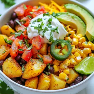 The magic of Loaded Potato Taco Bowls comes from their fresh and tasty ingredients. Each item adds a special touch to the dish. Here is what you need: - 4 medium russet potatoes, peeled and diced - 1 tablespoon olive oil - 1 teaspoon smoked paprika - 1 teaspoon garlic powder - 1 teaspoon ground cumin - Salt and black pepper to taste - 1 cup canned black beans, drained - 1 cup corn kernels - 1 cup diced tomatoes - 1 cup shredded sharp cheddar cheese - 1 ripe avocado, diced - &frac12; cup sour cream or Greek yogurt - 1 jalape&ntilde;o, thinly sliced (optional) - Fresh cilantro, finely chopped - Lime wedges for serving These ingredients blend well together. The potatoes are the main star, giving a hearty base. The spices like smoked paprika and cumin add deep flavors. Black beans and corn bring texture and color. You can customize each bowl with toppings like avocado, sour cream, and jalape&ntilde;os, making every bite exciting. Plus, lime juice adds a zesty kick! Each ingredient plays a role in making this meal flavorful and satisfying. {{ingredient_image_2}} - Preheat your oven to 425&deg;F (220&deg;C). - In a big bowl, toss the diced potatoes with olive oil. - Add smoked paprika, garlic powder, ground cumin, salt, and pepper. - Mix well so all the potatoes are coated in the seasoning. - Spread the seasoned potatoes evenly on a baking sheet. - Bake them for 25-30 minutes until they are golden brown. - Flip the potatoes halfway through to get them crispy all over. - Rinse and drain the black beans to remove extra salt. - If you use fresh corn, saut&eacute; it in olive oil for about 5 minutes. - Prepare diced tomatoes and cut the avocado into small cubes. - Once the potatoes are crispy, take them out of the oven. - In serving bowls, layer the crispy potatoes first. - Next, add the black beans, corn, diced tomatoes, and cheese. - Top with diced avocado and a dollop of sour cream. - If you like heat, add slices of jalape&ntilde;o on top. - Finish with fresh chopped cilantro for extra flavor. - Don&rsquo;t forget a lime wedge for each bowl. - Squeeze the lime juice over the bowls for a zesty kick. - Enjoy your loaded potato taco bowls while they are warm! The best potatoes for baking are russet potatoes. They have a fluffy texture when cooked. This makes them perfect for our loaded potato taco bowls. You can also use Yukon Gold potatoes. They have a creamy taste and hold their shape well. To get crispy potatoes, coat them well with olive oil and seasonings. Spread them out on the baking sheet. Avoid crowding the potatoes. Flip them halfway through baking for even crispiness. Bake at 425&deg;F (220&deg;C) for 25-30 minutes. To boost flavor, try adding more spices. You can mix in chili powder or onion powder. Fresh herbs like thyme or rosemary also work well. For toppings, consider using flavored sour cream or Greek yogurt. You can add salsa or guacamole for extra zest. Feel free to mix in other toppings like sliced olives or diced bell peppers. You can also sprinkle some crushed tortilla chips for added crunch! Enjoy customizing your loaded potato taco bowls! Pro Tips Choose the Right Potatoes: For the best texture and flavor, use medium russet potatoes as they become fluffy inside while achieving a crispy exterior when baked. Season Generously: Don&rsquo;t be shy with your spices! The more flavor you build during the potato preparation, the more delicious your taco bowls will be. Customize Your Toppings: Feel free to add other toppings like saut&eacute;ed bell peppers, jalape&ntilde;os, or even a sprinkle of lime zest for an extra flavor boost. Serve Immediately: These loaded potato taco bowls are best enjoyed right after assembling while the potatoes are still hot and crispy; this ensures the best eating experience! {{image_4}} You can change the beans to fit your tastes. Black beans are great, but you can try pinto or kidney beans. Each type adds a different flavor and texture. If you want more protein, consider adding lentils or chickpeas. They blend well with the potatoes and add a hearty feel. You can also mix in some saut&eacute;ed mushrooms for a savory bite. If you love meat, try adding chicken or beef to your bowls. Cooked chicken breast, shredded or diced, works well. Ground beef adds a rich flavor. Season your meat with the same spices as the potatoes. This keeps the flavors balanced. Cook the meat before adding it to the bowl. It adds warmth and heartiness to the dish. To make this dish gluten-free, check all your ingredients. Most beans and fresh veggies are naturally gluten-free. Use gluten-free sour cream or Greek yogurt. If you want a crunchy topping, skip the usual croutons. Instead, try crushed tortilla chips. They give a satisfying crunch without gluten. Always read labels to ensure safety for gluten sensitivity. To keep your loaded potato taco bowls fresh, store leftovers in an airtight container. Let the bowls cool down to room temperature before sealing them. Place them in the fridge. This method helps keep the flavors intact and prevents sogginess. When it's time to enjoy leftovers, reheating is key. The best method is to use an oven. Preheat it to 350&deg;F (175&deg;C). Place the bowl on a baking sheet and cover it with foil. Heat for about 10-15 minutes. This keeps the potatoes crispy and the toppings warm. These bowls stay fresh in the fridge for about 3 to 4 days. After that, the flavors may fade. If you want to keep them longer, consider freezing the potatoes and toppings separately. They can last up to 2 months in the freezer. Just remember to thaw them overnight in the fridge before reheating. Yes, you can make these bowls ahead of time. For meal prep, cook the potatoes and toppings. Store them separately in airtight containers. When you're ready to eat, assemble the bowls. This keeps the potatoes crispy and the toppings fresh. You can also prepare the toppings, like black beans and corn, in advance. Just keep them in the fridge. If you need a substitute for sour cream, try Greek yogurt. It adds creaminess and tanginess. Another option is avocado cream. Just blend ripe avocado with lime juice and a pinch of salt. This gives a rich flavor and smooth texture. You can also use cashew cream for a dairy-free option. Yes, Loaded Potato Taco Bowls are great for meal prep. Cook the potatoes and toppings in advance. Store each component in separate containers. Assemble the bowls just before eating. This helps maintain the texture and flavor of every ingredient. It's a fun, easy meal you can enjoy all week. You can freeze Loaded Potato Taco Bowls, but with caution. Freeze the cooked potatoes and toppings separately. Allow them to cool completely first. When ready to eat, thaw them in the fridge overnight. Reheat the potatoes in the oven for crispiness. Toppings can be microwaved. Avoid freezing the fresh avocado and sour cream. These do not freeze well. To wrap up, this blog post covered how to make Loaded Potato Taco Bowls. We discussed all the key ingredients, from russet potatoes to fresh toppings. I shared clear steps to prep, bake, and assemble your bowls. We also explored helpful tips for storage and variations to suit your taste. Whether you want a hearty meal or a lighter option, these bowls are sure to please. Now, it&rsquo;s time to get cooking and enjoy a fun, tasty dish!