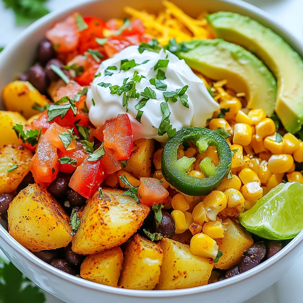 The magic of Loaded Potato Taco Bowls comes from their fresh and tasty ingredients. Each item adds a special touch to the dish. Here is what you need: - 4 medium russet potatoes, peeled and diced - 1 tablespoon olive oil - 1 teaspoon smoked paprika - 1 teaspoon garlic powder - 1 teaspoon ground cumin - Salt and black pepper to taste - 1 cup canned black beans, drained - 1 cup corn kernels - 1 cup diced tomatoes - 1 cup shredded sharp cheddar cheese - 1 ripe avocado, diced - ½ cup sour cream or Greek yogurt - 1 jalapeño, thinly sliced (optional) - Fresh cilantro, finely chopped - Lime wedges for serving These ingredients blend well together. The potatoes are the main star, giving a hearty base. The spices like smoked paprika and cumin add deep flavors. Black beans and corn bring texture and color. You can customize each bowl with toppings like avocado, sour cream, and jalapeños, making every bite exciting. Plus, lime juice adds a zesty kick! Each ingredient plays a role in making this meal flavorful and satisfying. {{ingredient_image_2}} - Preheat your oven to 425°F (220°C). - In a big bowl, toss the diced potatoes with olive oil. - Add smoked paprika, garlic powder, ground cumin, salt, and pepper. - Mix well so all the potatoes are coated in the seasoning. - Spread the seasoned potatoes evenly on a baking sheet. - Bake them for 25-30 minutes until they are golden brown. - Flip the potatoes halfway through to get them crispy all over. - Rinse and drain the black beans to remove extra salt. - If you use fresh corn, sauté it in olive oil for about 5 minutes. - Prepare diced tomatoes and cut the avocado into small cubes. - Once the potatoes are crispy, take them out of the oven. - In serving bowls, layer the crispy potatoes first. - Next, add the black beans, corn, diced tomatoes, and cheese. - Top with diced avocado and a dollop of sour cream. - If you like heat, add slices of jalapeño on top. - Finish with fresh chopped cilantro for extra flavor. - Don’t forget a lime wedge for each bowl. - Squeeze the lime juice over the bowls for a zesty kick. - Enjoy your loaded potato taco bowls while they are warm! The best potatoes for baking are russet potatoes. They have a fluffy texture when cooked. This makes them perfect for our loaded potato taco bowls. You can also use Yukon Gold potatoes. They have a creamy taste and hold their shape well. To get crispy potatoes, coat them well with olive oil and seasonings. Spread them out on the baking sheet. Avoid crowding the potatoes. Flip them halfway through baking for even crispiness. Bake at 425°F (220°C) for 25-30 minutes. To boost flavor, try adding more spices. You can mix in chili powder or onion powder. Fresh herbs like thyme or rosemary also work well. For toppings, consider using flavored sour cream or Greek yogurt. You can add salsa or guacamole for extra zest. Feel free to mix in other toppings like sliced olives or diced bell peppers. You can also sprinkle some crushed tortilla chips for added crunch! Enjoy customizing your loaded potato taco bowls! Pro Tips Choose the Right Potatoes: For the best texture and flavor, use medium russet potatoes as they become fluffy inside while achieving a crispy exterior when baked. Season Generously: Don’t be shy with your spices! The more flavor you build during the potato preparation, the more delicious your taco bowls will be. Customize Your Toppings: Feel free to add other toppings like sautéed bell peppers, jalapeños, or even a sprinkle of lime zest for an extra flavor boost. Serve Immediately: These loaded potato taco bowls are best enjoyed right after assembling while the potatoes are still hot and crispy; this ensures the best eating experience! {{image_4}} You can change the beans to fit your tastes. Black beans are great, but you can try pinto or kidney beans. Each type adds a different flavor and texture. If you want more protein, consider adding lentils or chickpeas. They blend well with the potatoes and add a hearty feel. You can also mix in some sautéed mushrooms for a savory bite. If you love meat, try adding chicken or beef to your bowls. Cooked chicken breast, shredded or diced, works well. Ground beef adds a rich flavor. Season your meat with the same spices as the potatoes. This keeps the flavors balanced. Cook the meat before adding it to the bowl. It adds warmth and heartiness to the dish. To make this dish gluten-free, check all your ingredients. Most beans and fresh veggies are naturally gluten-free. Use gluten-free sour cream or Greek yogurt. If you want a crunchy topping, skip the usual croutons. Instead, try crushed tortilla chips. They give a satisfying crunch without gluten. Always read labels to ensure safety for gluten sensitivity. To keep your loaded potato taco bowls fresh, store leftovers in an airtight container. Let the bowls cool down to room temperature before sealing them. Place them in the fridge. This method helps keep the flavors intact and prevents sogginess. When it's time to enjoy leftovers, reheating is key. The best method is to use an oven. Preheat it to 350°F (175°C). Place the bowl on a baking sheet and cover it with foil. Heat for about 10-15 minutes. This keeps the potatoes crispy and the toppings warm. These bowls stay fresh in the fridge for about 3 to 4 days. After that, the flavors may fade. If you want to keep them longer, consider freezing the potatoes and toppings separately. They can last up to 2 months in the freezer. Just remember to thaw them overnight in the fridge before reheating. Yes, you can make these bowls ahead of time. For meal prep, cook the potatoes and toppings. Store them separately in airtight containers. When you're ready to eat, assemble the bowls. This keeps the potatoes crispy and the toppings fresh. You can also prepare the toppings, like black beans and corn, in advance. Just keep them in the fridge. If you need a substitute for sour cream, try Greek yogurt. It adds creaminess and tanginess. Another option is avocado cream. Just blend ripe avocado with lime juice and a pinch of salt. This gives a rich flavor and smooth texture. You can also use cashew cream for a dairy-free option. Yes, Loaded Potato Taco Bowls are great for meal prep. Cook the potatoes and toppings in advance. Store each component in separate containers. Assemble the bowls just before eating. This helps maintain the texture and flavor of every ingredient. It's a fun, easy meal you can enjoy all week. You can freeze Loaded Potato Taco Bowls, but with caution. Freeze the cooked potatoes and toppings separately. Allow them to cool completely first. When ready to eat, thaw them in the fridge overnight. Reheat the potatoes in the oven for crispiness. Toppings can be microwaved. Avoid freezing the fresh avocado and sour cream. These do not freeze well. To wrap up, this blog post covered how to make Loaded Potato Taco Bowls. We discussed all the key ingredients, from russet potatoes to fresh toppings. I shared clear steps to prep, bake, and assemble your bowls. We also explored helpful tips for storage and variations to suit your taste. Whether you want a hearty meal or a lighter option, these bowls are sure to please. Now, it’s time to get cooking and enjoy a fun, tasty dish!
