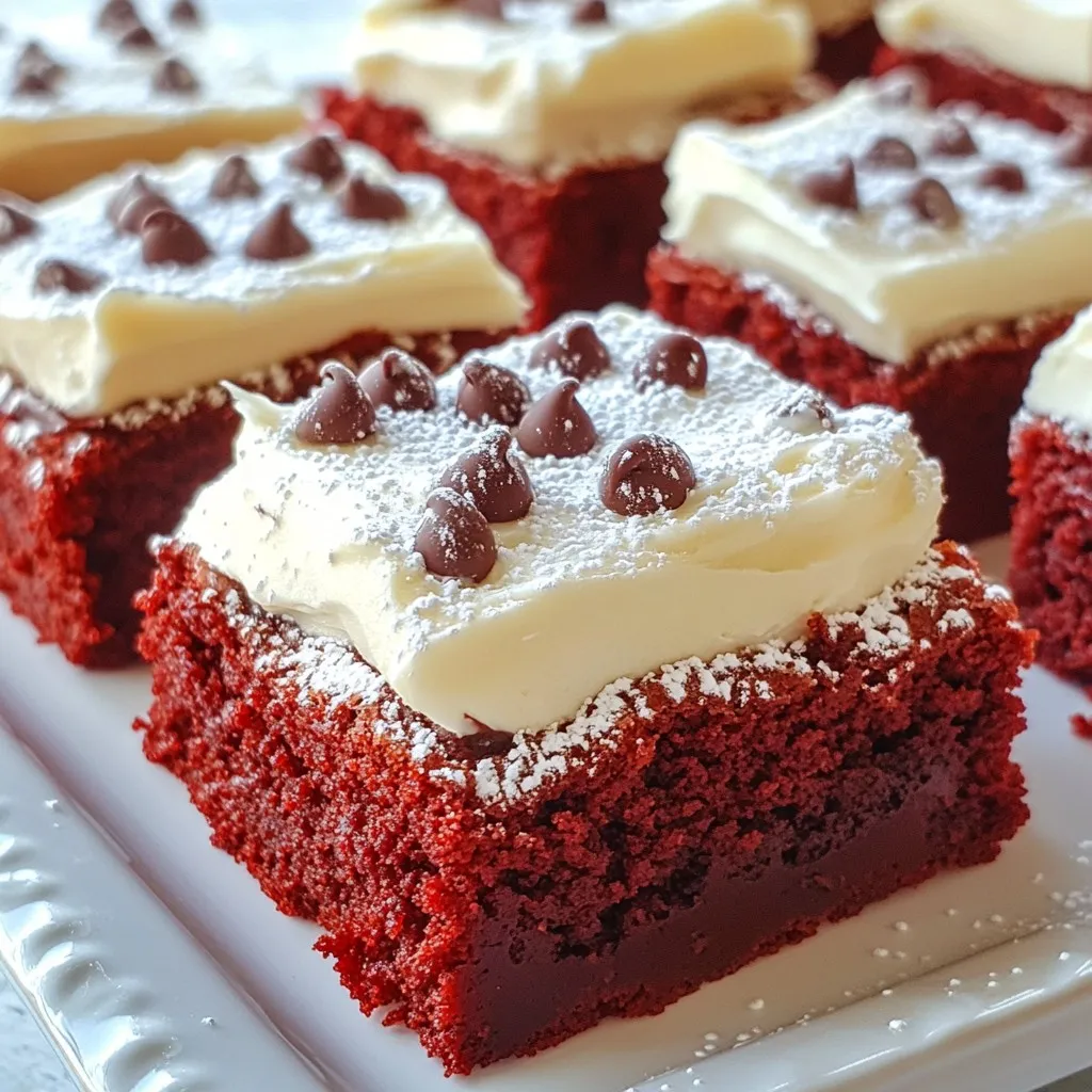 - 1 cup unsalted butter - 1 ½ cups granulated sugar - 1 teaspoon vanilla extract - 2 large eggs - 1 ½ cups all-purpose flour - ½ cup unsweetened cocoa powder - 1 teaspoon baking powder - ½ teaspoon salt - 1 tablespoon red food coloring - ½ cup semi-sweet or dark chocolate chips - Cream cheese frosting (for topping) To make fudgy red velvet brownies, you need simple and tasty ingredients. Start with one cup of unsalted butter. Melt it gently to give your brownies a rich flavor. Then, measure out one and a half cups of granulated sugar. This sugar will add sweetness and help create that fudgy texture. Next, you need one teaspoon of vanilla extract. This will enhance the flavor of the brownies. Don’t forget two large eggs! They bind everything together and add moisture. For the dry ingredients, gather one and a half cups of all-purpose flour. This gives structure to the brownies. Add half a cup of unsweetened cocoa powder for that deep, chocolate taste. One teaspoon of baking powder will help the brownies rise a bit. Lastly, use half a teaspoon of salt to balance the sweetness. The star of this recipe is one tablespoon of red food coloring. It gives those brownies their signature color. You can also mix in half a cup of semi-sweet or dark chocolate chips for extra chocolatey goodness. Finally, finish with cream cheese frosting on top for a deliciously creamy finish. These ingredients combine to create a beautiful and tasty treat. You will love how they look and taste! {{ingredient_image_2}} Start by preheating your oven to 350°F (175°C). Take a 9x13 inch baking pan and grease it lightly. You can also line it with parchment paper. This makes it easy to lift the brownies out after baking. In a large bowl, pour in 1 cup of melted unsalted butter. Add 1 ½ cups of granulated sugar. Whisk them together until smooth and glossy. This step helps create the fudgy texture we love. Then, add 1 teaspoon of vanilla extract and crack in 2 large eggs. Whisk them until fully blended. In another bowl, sift together 1 ½ cups of all-purpose flour, ½ cup of unsweetened cocoa powder, 1 teaspoon of baking powder, and ½ teaspoon of salt. Sifting helps remove lumps. It also makes sure the baking powder spreads evenly. Now, gradually fold the dry mixture into the wet mixture. Use a spatula or wooden spoon, mixing gently. Only combine until you see no flour. Over-mixing can make your brownies tough. Next, add 1 tablespoon of red food coloring to the batter. Stir until the color is evenly mixed throughout. Gently fold in ½ cup of semi-sweet or dark chocolate chips. Pour the brownie batter into the prepared pan. Use a spatula to spread it evenly. Place the pan in the oven and bake for 25-30 minutes. Check with a toothpick; it should come out with moist crumbs. Once they are baked, remove the pan from the oven. Let the brownies cool completely on a wire rack. This step is key for a fudgy texture. After they cool, spread a layer of cream cheese frosting on top. Slice them into squares, serve, and enjoy your fudgy red velvet brownies! To get that rich, fudgy texture, focus on the melted butter and sugar mix. Whisk them until they are smooth and shiny. This step is key for the chewy feel. When you mix in the dry ingredients, do not overwork the batter. Just mix until you see no flour. This keeps the brownies dense and moist. Mixing too much can make the brownies tough. After adding the dry mix, use a spatula. Fold gently until everything combines. If you see a few flour spots, that’s okay. A light touch here helps keep them soft. You can make these brownies even tastier. Try adding chopped nuts or white chocolate chips. They add a nice crunch and extra sweetness. You can also mix in a bit of espresso powder. This will boost the chocolate flavor without being too strong. Make your brownies look great before serving. After cooling, spread cream cheese frosting on top. For a fun touch, dust powdered sugar over it. You can also sprinkle extra chocolate chips for flair. Serve with a scoop of vanilla ice cream for a treat everyone loves! Pro Tips Use Room Temperature Ingredients: Allow your eggs and butter to come to room temperature before mixing. This helps create a smoother batter and contributes to a better texture. Careful with Food Coloring: Start with a small amount of red food coloring and gradually add more until you achieve your desired hue. This prevents overpowering the flavor. Don’t Overmix: Once you combine the wet and dry ingredients, mix just until incorporated. Overmixing can lead to tougher brownies. Storage Tips: Store brownies in an airtight container at room temperature for up to 3 days or refrigerate for up to a week. They can also be frozen for longer shelf life! {{image_4}} You can make these brownies gluten-free with a simple swap. Use gluten-free all-purpose flour instead of regular flour. Make sure the blend contains xanthan gum. This will help keep the texture fudgy and delicious. The taste will stay rich and chocolatey, just like the classic version. Take your brownies to the next level! Cut the brownies into squares and place them in bowls. Top each square with a scoop of vanilla ice cream. Drizzle with hot fudge or chocolate sauce. Add whipped cream and a cherry on top. This sundae twist will wow your family and friends at any gathering. Get creative by adding nuts or other mix-ins. Walnuts or pecans work great for a crunchy contrast. You can also toss in white chocolate chips or even crushed candy canes for a fun twist. Just fold them in gently, so you don’t over-mix the batter. This will add texture and new flavors to your fudgy brownies. Store your fudgy red velvet brownies in an airtight container. This keeps them fresh and moist. You can place parchment paper between layers to prevent sticking. Keep them at room temperature for up to four days. If it’s warm or humid, refrigerate them for better preservation. To freeze brownies, cut them into squares first. Wrap each piece tightly in plastic wrap. Then, place them in a freezer-safe bag or container. Label the bag with the date. Your brownies will stay fresh for up to three months. When you’re ready to eat, just thaw them in the fridge overnight. To reheat brownies, preheat your oven to 350°F (175°C). Place the brownies on a baking sheet. Heat for about 10 minutes, or until warm. You can also microwave them for 15-20 seconds. This softens them and brings back that fudgy texture. Enjoy them warm with a scoop of ice cream! You can tell your brownies are done by using a toothpick. Insert it in the center. If it comes out with moist crumbs, your brownies are ready. Avoid a clean toothpick since that means they are overbaked. The perfect bake keeps them fudgy and soft. Yes, you can use various chocolate chips. Semi-sweet or dark chocolate chips work best. You might also try white chocolate chips for a sweeter taste. Feel free to mix and match to find your favorite flavor. If you need an alternative to cream cheese frosting, try buttercream. You can also use whipped cream or chocolate ganache. Each option adds a unique taste and texture to your brownies. Fudgy red velvet brownies last about 3 to 4 days at room temperature. Store them in an airtight container to keep them fresh. If you want to keep them longer, you can freeze them for up to three months. Making fudgy red velvet brownies is simple and fun. You start with key ingredients like butter, sugar, and cocoa powder. Follow the steps to mix wet and dry items, then bake. Use my tips to achieve the best texture and choose variations to suit your taste. Proper storage helps keep them fresh. Finally, remember to check doneness and enjoy your delicious brownies! These brownies are a delightful treat for any occasion. Happy baking!
