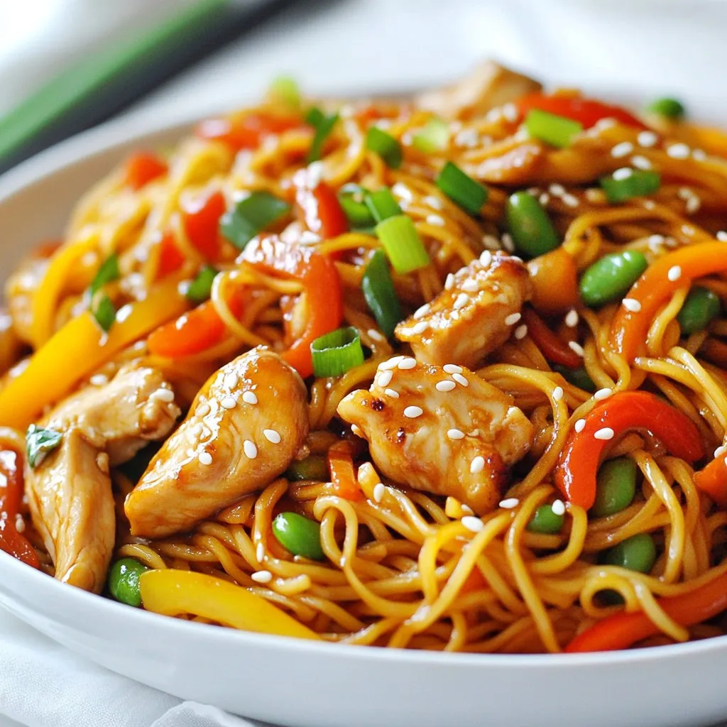 - 8 oz lo mein noodles - 1 pound boneless, skinless chicken breasts - 2 cups mixed vegetables (like bell peppers, carrots, and snap peas) - ¼ cup soy sauce - 2 tablespoons oyster sauce (optional) - 1 tablespoon sesame oil - 4 cloves garlic, minced - 1 tablespoon fresh ginger, grated - 3 green onions, chopped - Sesame seeds for garnish When making Easy Chicken Lo Mein, you need good ingredients. Start with lo mein noodles. They are soft and chewy, perfect for this dish. Next is chicken. I like to use boneless, skinless chicken breasts for a tender bite. You can slice them thin for quick cooking. Mixed vegetables add color and crunch. I enjoy bell peppers, carrots, and snap peas. Feel free to swap in your favorites. Now, let’s talk about the sauces and oils. Soy sauce is key for flavor. It adds saltiness and depth. If you want more flavor, add oyster sauce. It's optional but tasty. Finally, sesame oil gives a nutty aroma that makes the dish special. For seasoning, garlic and ginger are must-haves. They bring warmth and zest. Don’t forget the green onions. They add freshness when you mix them in at the end. Top it off with sesame seeds for a nice crunch. These ingredients come together to create a quick and flavorful meal. {{ingredient_image_2}} Start by bringing a large pot of salted water to a rolling boil. The salt helps enhance the flavor of the noodles. Once boiling, add the lo mein noodles. Cook them according to the package instructions, which usually takes about 3 to 5 minutes. You want them al dente, so they stay firm. After cooking, drain the noodles in a colander and set them aside. In a large skillet or wok, heat 1 tablespoon of vegetable oil over medium-high heat. When the oil is hot, add the thinly sliced chicken breasts. Season the chicken with salt and pepper to taste. Stir-fry the chicken for about 5 to 7 minutes. You want it to be golden brown and fully cooked. Once done, remove the chicken from the skillet and keep it warm on the side. Now, with the same skillet still hot, add the remaining tablespoon of vegetable oil. Toss in the mixed vegetables like bell peppers, carrots, and snap peas. Stir-fry for about 3 to 4 minutes. You want them tender yet still crisp. Then, add the minced garlic and grated ginger. Stir for another minute. This releases their lovely aroma. Return the cooked chicken to the skillet along with the drained lo mein noodles. Pour in the soy sauce, oyster sauce (if you're using it), and sesame oil. Toss all the ingredients together for about 2 to 3 minutes. Make sure everything is well combined and heated through. Just before serving, fold in the chopped green onions. This adds a nice freshness to the dish. Serve hot, garnished with a sprinkle of sesame seeds. This gives your chicken lo mein a delightful crunch and a pretty visual appeal. For presentation, serve it in deep bowls or plates. Make sure the colorful mix of noodles and vegetables shines through! - How to achieve perfect stir-fried chicken: Always use high heat. Thinly slice the chicken for quick cooking. Season with salt and pepper before cooking. Stir frequently to get a nice golden color. Remove it before it overcooks to keep it juicy. - Best practices for noodle texture: Cook lo mein noodles just until al dente. Follow package instructions closely. Drain them right away and rinse under cold water. This stops the cooking and prevents clumping. Toss them in a bit of oil to keep them separate. - Suggestions for additional seasonings: Add crushed red pepper for some heat. A dash of five-spice powder can boost flavor. Try a splash of rice vinegar for tanginess. Fresh herbs like cilantro can brighten your dish. - Ways to customize with different sauces: Swap soy sauce for tamari for a gluten-free option. Use hoisin sauce for sweetness. A mix of chili paste can give you a spicy kick. Experiment with different sauces to find your favorite flavor profile. - Plating tips for visual appeal: Use deep bowls to showcase the colorful mix of noodles and veggies. Arrange the chicken neatly on top for a layered look. Make sure the colors pop for a beautiful presentation. - Garnishing ideas to enhance aesthetics: Sprinkle sesame seeds over the top for crunch. Add extra chopped green onions for brightness. A few sprigs of fresh herbs can make the dish look fresh and inviting. Pro Tips Prep Your Ingredients: Before you start cooking, make sure to have all your ingredients prepped and ready to go. This will streamline the cooking process and help you avoid any last-minute scrambling. Don’t Overcook the Vegetables: To maintain the vibrant color and crisp texture of your mixed vegetables, stir-fry them just until they are tender yet still have a bit of crunch. This usually takes only a few minutes. Choose Fresh Ingredients: Using fresh vegetables and high-quality chicken will enhance the flavor of your lo mein. Local produce and free-range chicken can make a noticeable difference in taste. Experiment with Sauces: Feel free to adjust the soy sauce and oyster sauce to your taste. Adding chili paste or a splash of rice vinegar can elevate the dish further, adding depth and a kick of flavor. {{image_4}} You can easily change the protein in your lo mein. Shrimp or tofu work great here. - Using shrimp: Shrimp cooks fast and adds a nice texture. Just sauté it until pink. - Substituting with tofu: Tofu is a good choice for a plant-based meal. Use firm tofu and stir-fry until golden. You can also swap chicken for beef or pork. Thinly slice either meat and cook it the same way. Mixing in different vegetables can make your lo mein exciting. Seasonal veggies add color and flavor. - Seasonal vegetables: Try zucchini, asparagus, or broccoli. They fit well into this dish. - Recommendations for leafy greens: Spinach or bok choy are excellent choices. Add them towards the end for a nice crunch. If you need gluten-free options, it’s easy to modify this recipe. - Alternatives for lo mein noodles: Use rice noodles or gluten-free pasta. They both work well for this dish. - Gluten-free sauce options: Look for gluten-free soy sauce or tamari. They provide great flavor without gluten. These variations let you tailor the dish to your taste and dietary needs. Enjoy exploring new flavors! To store leftovers, let your chicken lo mein cool down first. Then, place it in an airtight container. This helps keep it fresh. Store it in the fridge for up to three days. Use glass or BPA-free plastic containers for best results. For reheating, the stove works best. Heat a pan over medium heat. Add a splash of water or oil to keep it moist. Stir often to prevent sticking. If you use a microwave, cover the dish with a damp paper towel. This helps avoid sogginess. Heat in short bursts, stirring in between. You can freeze chicken lo mein for up to three months. First, let it cool completely. Then, use freezer-safe containers or bags. Remove as much air as possible to prevent freezer burn. When ready to eat, thaw it in the fridge overnight. Reheat on the stove or microwave until hot. Yes, you can prepare parts of chicken lo mein ahead of time. Cook the noodles and store them in the fridge. You can also slice the chicken and chop the vegetables in advance. This way, you save time when you're ready to cook. Just remember to store everything in airtight containers. This keeps them fresh and tasty. For chicken lo mein, lo mein noodles are the best choice. They are soft and chewy, perfect for stir-frying. You can also use egg noodles or even rice noodles if needed. Just make sure to cook them al dente. This helps them hold up well in the stir-fry. Chicken lo mein can be a healthy dish. It has lean protein from chicken and vitamins from mixed vegetables. You can control the amount of sauce you use, which helps reduce sodium. If you want a lighter version, use less oil and add more veggies. This way, you keep it nutritious and delicious. Yes, you can use frozen vegetables for chicken lo mein. They are convenient and quick to use. Just make sure to thaw them before cooking. This helps them cook evenly. Fresh vegetables are great, but frozen ones are just fine, too. They can save you time and effort in the kitchen. In this post, we explored how to make delicious chicken lo mein. We covered the main ingredients, from lo mein noodles to mixed veggies. We provided step-by-step instructions for cooking each part and shared useful tips for better flavor and presentation. You can easily customize this dish with different proteins or veggies. Remember, storing and reheating properly keeps your meal fresh. With these insights, you can enjoy a tasty, homemade chicken lo mein any day of the week. Happy cooking!