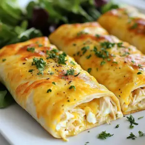 - 2 large chicken breasts, cooked and shredded - 1 cup shredded mozzarella cheese - 1/2 cup cream cheese, softened at room temperature You need cooked chicken for this dish. Shredded chicken helps mix well with the creamy cheeses. Mozzarella gives a nice stretch, while cream cheese adds richness. - 3 cloves garlic, minced - 1/4 cup fresh parsley, finely chopped - 1 teaspoon garlic powder - 1 teaspoon onion powder - Salt and freshly ground pepper, to taste Garlic brings bold flavor to the wraps. Fresh parsley adds brightness. The garlic powder and onion powder boost taste without extra effort. Season with salt and pepper to make everything pop. - 4 large tortillas (flour or whole wheat) - 1 cup mixed greens (baby spinach and arugula) - Olive oil, for cooking Choose tortillas that fit your diet. Flour is soft, while whole wheat adds health benefits. Mixed greens give a fresh crunch. Olive oil helps crisp the outside of the wraps. {{ingredient_image_2}} - In a large bowl, mix the shredded chicken with the cheeses, garlic, and herbs. - Add salt and pepper to taste. Stir until smooth. - Preheat your skillet over low heat. - Heat the tortillas for a few seconds on each side in the skillet or microwave. - Lay a tortilla flat on a clean surface. - Spoon a good amount of the cheesy chicken mixture onto the center. - Add a handful of mixed greens on top for a fresh crunch. - Fold in the sides of the tortilla. - Starting from the bottom, roll it up tightly to secure the filling. - Drizzle olive oil in the hot skillet. - Place the wraps seam side down in the skillet. - Cook for 2-3 minutes until golden and crispy. - Flip and cook the other side for another 2-3 minutes. - Remove the wraps and let them cool for a minute. - Slice the wraps in half diagonally to serve. Preheating your skillet is key. When you heat it first, it helps cook the wraps evenly. This step makes sure the outside gets crispy, while the inside stays warm and melted. To get the perfect crispy texture, use medium heat. If it's too low, they may not brown well. If it's too high, you risk burning the outside before the inside warms up. Remember to flip them carefully, so both sides get that golden touch. For sides, try fresh veggies or a light salad. A simple green salad pairs well. You can also serve these wraps with dips like marinara sauce or ranch dressing. They add extra flavor and fun. When presenting your wraps, think about the colors. Place them on a bright plate or a wooden board. This makes the meal look more inviting. A sprinkle of fresh parsley on top adds a nice touch too. One common mistake is overfilling the wraps. If you add too much filling, they can burst when cooking. Stick to a generous spoonful to keep things neat. Another mistake is cooking on too high of heat. This can burn the wraps quickly. Always start at medium heat and adjust as needed. Enjoy cooking your Cheesy Garlic Chicken Wraps! Pro Tips Mix It Up: Feel free to customize the filling by adding your favorite vegetables like bell peppers or mushrooms for extra flavor and nutrition. Perfectly Golden: To achieve a perfectly golden and crispy wrap, ensure your skillet is adequately heated before adding the wraps. Keep It Fresh: Use fresh herbs like basil or cilantro in place of parsley for a different flavor profile that complements the cheesy filling beautifully. Storage Solutions: If you have leftovers, wrap them tightly in foil or plastic wrap and refrigerate. They can be reheated in a skillet for a quick meal! {{image_4}} You can easily change the cheese in this recipe. Try using cheddar for a sharper taste. Pepper jack adds a spicy kick. You can also switch the protein. Turkey works well if you want a lighter option. For a vegetarian twist, use tofu as your main protein. Just make sure to press it before cooking to remove excess water. To spice things up, add some jalape&ntilde;os or a dash of hot sauce. This adds heat and excitement. You might also want to include extra veggies. Bell peppers add color and crunch. Corn brings natural sweetness that pairs well with the garlic. Feel free to mix and match based on your taste. If you prefer something different, turn your wrap into a burrito bowl. Just layer the ingredients in a bowl instead of a tortilla. Another great option is to make a salad wrap. Use lettuce leaves instead of tortillas for a fresh, low-carb choice. If you need gluten-free options, look for gluten-free tortillas. They work just as well and keep the meal tasty. To keep your Cheesy Garlic Chicken Wraps fresh, refrigerate them. Wrap each one tightly in plastic wrap. This helps prevent them from drying out. Place the wrapped wraps in an airtight container. This keeps smells and moisture away. If you want to save wraps for later, you can freeze them. Make sure they are fully cooled before freezing. Wrap each wrap in plastic wrap and then in foil. This extra layer helps avoid freezer burn. You can keep them in the freezer for up to three months. To reheat, let them thaw in the fridge overnight for best results. The best way to reheat wraps is in a skillet. Heat a little olive oil over medium heat. Place the wrap in the skillet for about 2-3 minutes on each side. This keeps the outside crispy and the inside warm. Always check the center is hot before serving. If using a microwave, cover with a damp paper towel. This helps keep it moist. Heat in short bursts to avoid sogginess. You can make these wraps ahead of time. Start by preparing the filling. Mix the chicken, cheeses, garlic, parsley, and spices in a bowl. Next, fill the tortillas. Roll them tightly. Wrap each one in plastic wrap. Place them in the fridge for up to two days. For longer storage, freeze them. Just make sure to wrap them well. When you're ready, thaw and cook them as directed. Yes, you can. Try using turkey or pork instead of chicken. Shredded rotisserie chicken works well, too. If you want a plant-based option, use tofu or tempeh. Each choice will give a different taste but can work nicely in this wrap. These wraps pair well with many sides. Serve them with a fresh salad or crispy fries. Dips like ranch or marinara add fun flavors. You could also try guacamole or salsa for a twist. A side of mixed veggies would be great, too! You now know all the steps to make Cheesy Garlic Chicken Wraps. From gathering ingredients to cooking, every detail matters. Remember to preheat your skillet for that perfect crunch. Don't hesitate to try different flavors or ingredients. This recipe is all about making it yours. Enjoy your wraps with tasty sides or dips for the full experience. Now, go ahead and make your meal special! Your kitchen adventure starts here.
