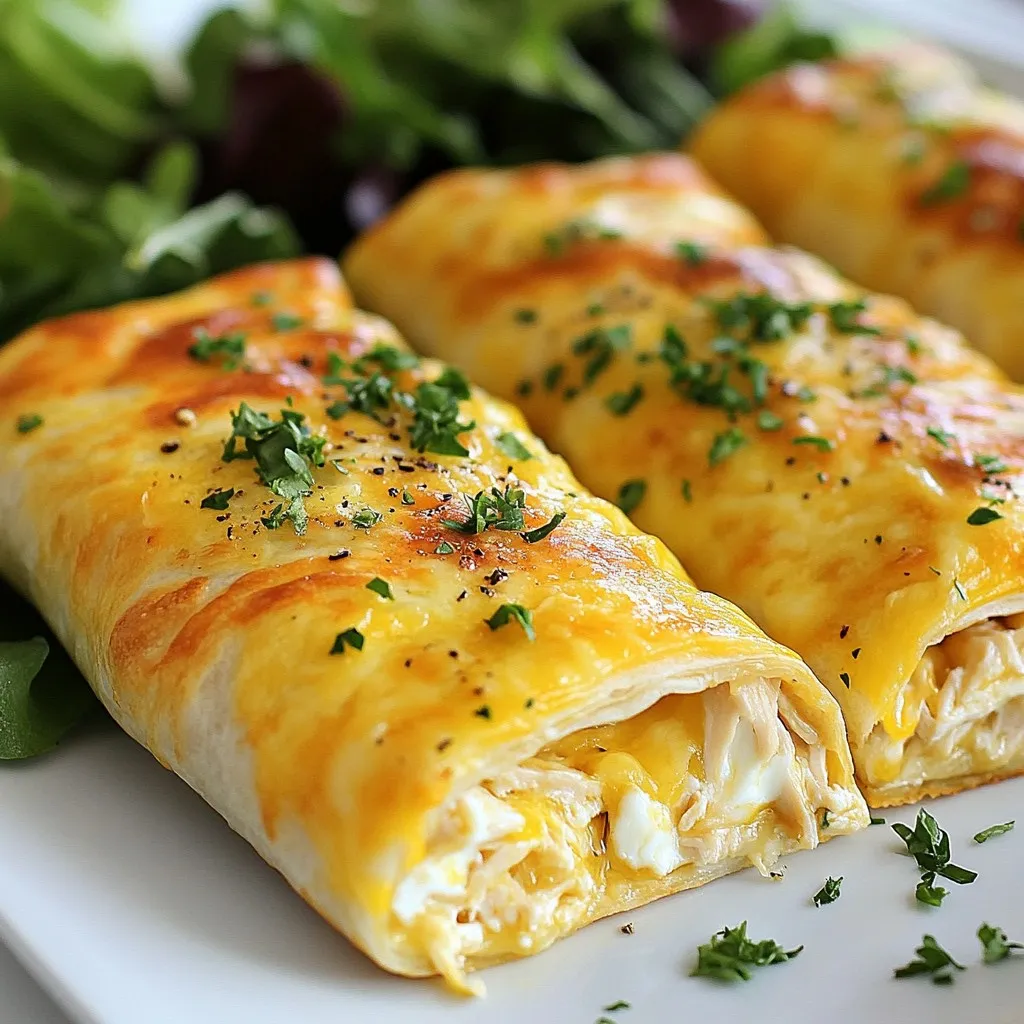 - 2 large chicken breasts, cooked and shredded - 1 cup shredded mozzarella cheese - 1/2 cup cream cheese, softened at room temperature You need cooked chicken for this dish. Shredded chicken helps mix well with the creamy cheeses. Mozzarella gives a nice stretch, while cream cheese adds richness. - 3 cloves garlic, minced - 1/4 cup fresh parsley, finely chopped - 1 teaspoon garlic powder - 1 teaspoon onion powder - Salt and freshly ground pepper, to taste Garlic brings bold flavor to the wraps. Fresh parsley adds brightness. The garlic powder and onion powder boost taste without extra effort. Season with salt and pepper to make everything pop. - 4 large tortillas (flour or whole wheat) - 1 cup mixed greens (baby spinach and arugula) - Olive oil, for cooking Choose tortillas that fit your diet. Flour is soft, while whole wheat adds health benefits. Mixed greens give a fresh crunch. Olive oil helps crisp the outside of the wraps. {{ingredient_image_2}} - In a large bowl, mix the shredded chicken with the cheeses, garlic, and herbs. - Add salt and pepper to taste. Stir until smooth. - Preheat your skillet over low heat. - Heat the tortillas for a few seconds on each side in the skillet or microwave. - Lay a tortilla flat on a clean surface. - Spoon a good amount of the cheesy chicken mixture onto the center. - Add a handful of mixed greens on top for a fresh crunch. - Fold in the sides of the tortilla. - Starting from the bottom, roll it up tightly to secure the filling. - Drizzle olive oil in the hot skillet. - Place the wraps seam side down in the skillet. - Cook for 2-3 minutes until golden and crispy. - Flip and cook the other side for another 2-3 minutes. - Remove the wraps and let them cool for a minute. - Slice the wraps in half diagonally to serve. Preheating your skillet is key. When you heat it first, it helps cook the wraps evenly. This step makes sure the outside gets crispy, while the inside stays warm and melted. To get the perfect crispy texture, use medium heat. If it's too low, they may not brown well. If it's too high, you risk burning the outside before the inside warms up. Remember to flip them carefully, so both sides get that golden touch. For sides, try fresh veggies or a light salad. A simple green salad pairs well. You can also serve these wraps with dips like marinara sauce or ranch dressing. They add extra flavor and fun. When presenting your wraps, think about the colors. Place them on a bright plate or a wooden board. This makes the meal look more inviting. A sprinkle of fresh parsley on top adds a nice touch too. One common mistake is overfilling the wraps. If you add too much filling, they can burst when cooking. Stick to a generous spoonful to keep things neat. Another mistake is cooking on too high of heat. This can burn the wraps quickly. Always start at medium heat and adjust as needed. Enjoy cooking your Cheesy Garlic Chicken Wraps! Pro Tips Mix It Up: Feel free to customize the filling by adding your favorite vegetables like bell peppers or mushrooms for extra flavor and nutrition. Perfectly Golden: To achieve a perfectly golden and crispy wrap, ensure your skillet is adequately heated before adding the wraps. Keep It Fresh: Use fresh herbs like basil or cilantro in place of parsley for a different flavor profile that complements the cheesy filling beautifully. Storage Solutions: If you have leftovers, wrap them tightly in foil or plastic wrap and refrigerate. They can be reheated in a skillet for a quick meal! {{image_4}} You can easily change the cheese in this recipe. Try using cheddar for a sharper taste. Pepper jack adds a spicy kick. You can also switch the protein. Turkey works well if you want a lighter option. For a vegetarian twist, use tofu as your main protein. Just make sure to press it before cooking to remove excess water. To spice things up, add some jalapeños or a dash of hot sauce. This adds heat and excitement. You might also want to include extra veggies. Bell peppers add color and crunch. Corn brings natural sweetness that pairs well with the garlic. Feel free to mix and match based on your taste. If you prefer something different, turn your wrap into a burrito bowl. Just layer the ingredients in a bowl instead of a tortilla. Another great option is to make a salad wrap. Use lettuce leaves instead of tortillas for a fresh, low-carb choice. If you need gluten-free options, look for gluten-free tortillas. They work just as well and keep the meal tasty. To keep your Cheesy Garlic Chicken Wraps fresh, refrigerate them. Wrap each one tightly in plastic wrap. This helps prevent them from drying out. Place the wrapped wraps in an airtight container. This keeps smells and moisture away. If you want to save wraps for later, you can freeze them. Make sure they are fully cooled before freezing. Wrap each wrap in plastic wrap and then in foil. This extra layer helps avoid freezer burn. You can keep them in the freezer for up to three months. To reheat, let them thaw in the fridge overnight for best results. The best way to reheat wraps is in a skillet. Heat a little olive oil over medium heat. Place the wrap in the skillet for about 2-3 minutes on each side. This keeps the outside crispy and the inside warm. Always check the center is hot before serving. If using a microwave, cover with a damp paper towel. This helps keep it moist. Heat in short bursts to avoid sogginess. You can make these wraps ahead of time. Start by preparing the filling. Mix the chicken, cheeses, garlic, parsley, and spices in a bowl. Next, fill the tortillas. Roll them tightly. Wrap each one in plastic wrap. Place them in the fridge for up to two days. For longer storage, freeze them. Just make sure to wrap them well. When you're ready, thaw and cook them as directed. Yes, you can. Try using turkey or pork instead of chicken. Shredded rotisserie chicken works well, too. If you want a plant-based option, use tofu or tempeh. Each choice will give a different taste but can work nicely in this wrap. These wraps pair well with many sides. Serve them with a fresh salad or crispy fries. Dips like ranch or marinara add fun flavors. You could also try guacamole or salsa for a twist. A side of mixed veggies would be great, too! You now know all the steps to make Cheesy Garlic Chicken Wraps. From gathering ingredients to cooking, every detail matters. Remember to preheat your skillet for that perfect crunch. Don't hesitate to try different flavors or ingredients. This recipe is all about making it yours. Enjoy your wraps with tasty sides or dips for the full experience. Now, go ahead and make your meal special! Your kitchen adventure starts here.