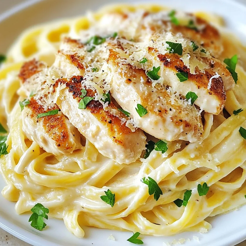 - 2 boneless, skinless chicken breasts - Salt and freshly cracked pepper, to taste - 2 tablespoons extra virgin olive oil - 3 cloves garlic, finely minced - 1 cup heavy cream - 1 cup freshly grated Parmesan cheese - 1 teaspoon Italian seasoning - 8 oz fettuccine pasta - Fresh parsley, finely chopped, for garnish These ingredients create a rich and creamy dish that your taste buds will love. The chicken brings protein, and the pasta adds a nice bite. Garlic gives a strong flavor, while Parmesan adds depth. - 1 teaspoon crushed red pepper flakes (optional, for a spicy twist) This ingredient can spice up your dish. If you enjoy heat, add it to the sauce. It will give your Alfredo a kick that makes it even more exciting. - Large skillet - Pot for boiling pasta - Cutting board - Knife - Whisk - Measuring cups and spoons Having the right tools makes cooking easier. A large skillet is key for making the sauce and cooking the chicken. A pot for boiling pasta is essential too. These tools will help you create a delicious meal quickly. {{ingredient_image_2}} Start with two boneless, skinless chicken breasts. Season both sides with salt and freshly cracked pepper. Make sure to coat them well. Heat two tablespoons of extra virgin olive oil in a large skillet. Use medium-high heat until the oil shimmers. Carefully add the seasoned chicken breasts. Sear them for 5-7 minutes on each side. They should be golden brown and fully cooked. Once done, take the chicken out and place it on a plate to rest. In the same skillet, do not wash it! Add three cloves of finely minced garlic. Sauté for about one minute, stirring constantly. This step will release a lovely aroma. Lower the heat to medium and pour in one cup of heavy cream slowly. Stir continuously until it reaches a gentle simmer. Gradually add one cup of freshly grated Parmesan cheese. Whisk it in until the sauce becomes creamy and smooth. Add in one teaspoon of Italian seasoning and crushed red pepper flakes if you want some heat. Mix well. While you work on the sauce, boil water in a separate pot. Cook eight ounces of fettuccine pasta according to the package instructions until it's al dente. After cooking, drain the pasta and set it aside. Slice the cooked chicken into medium strips. Return the chicken to the skillet with the creamy Alfredo sauce. Let it simmer for a couple of minutes to reheat. Finally, gently toss the cooked fettuccine in the skillet with the chicken and sauce. Ensure all the pasta is coated. Serve hot, garnished with freshly chopped parsley for color and freshness. Enjoy! To cook chicken breasts just right, start by seasoning them well. Use salt and pepper on both sides. Heat olive oil in a skillet until it shimmers. Add the chicken and cook for 5-7 minutes on each side. The chicken should be golden brown and cooked through. Use a meat thermometer if needed. Aim for an internal temperature of 165°F. After cooking, let the chicken rest for a few minutes. This keeps it juicy and tender. A creamy Alfredo sauce is key to this dish. Start by sautéing minced garlic in the skillet. Then, pour in heavy cream slowly. Stir it gently and bring it to a simmer. Next, add freshly grated Parmesan cheese. Whisk it in until the sauce is smooth. If the sauce seems thick, add a splash of pasta water to loosen it. This adds flavor and keeps the sauce silky. You can easily adjust the spice level to your taste. If you want some heat, add crushed red pepper flakes. Start with a teaspoon; you can always add more later. If you prefer it mild, skip the pepper flakes. Remember, the goal is to create a sauce that you enjoy. Taste your sauce as you cook. This way, you can find the right balance for you. Pro Tips Use Fresh Ingredients: Fresh garlic and high-quality Parmesan cheese can significantly enhance the flavor of your Alfredo sauce. Avoid pre-grated cheese for a creamier texture. Perfectly Cooked Pasta: Always cook your fettuccine until al dente. This ensures that the pasta holds its shape and texture when combined with the sauce. Customize Spice Level: Adjust the amount of crushed red pepper flakes according to your preference. You can also experiment with adding a dash of cayenne pepper for an extra kick. Rest Your Chicken: Allow the cooked chicken breasts to rest for a few minutes before slicing. This helps retain the juices, making for a more tender and flavorful dish. {{image_4}} You can switch out chicken for other proteins. Shrimp makes a great choice. It cooks fast and adds a nice flavor. You can also use turkey breast or even tofu for a lighter meal. Each protein changes the taste, so feel free to experiment. Just make sure to cook them well. If you want a vegetarian sauce, skip the chicken and add more veggies. Mushrooms, spinach, or sun-dried tomatoes work well. You can sauté them with garlic for added flavor. For a creamy base, use plant-based cream or cashew cream. This keeps the dish rich and satisfying without meat. Fettuccine is classic, but you can try other pastas. Penne, rigatoni, or even spaghetti can work. Each pasta type holds sauce differently, so choose what you like best. Whole wheat or gluten-free options are great for health. Just make sure to adjust cooking times based on the pasta you choose. To properly store your Marry Me Chicken Alfredo Pasta, let it cool first. Place the pasta in an airtight container. This keeps it fresh and safe. Store it in the fridge for up to three days. Always label the container with the date. This way, you know when to eat it by. When reheating, add a splash of cream or water. This helps keep the sauce smooth. Microwave in short bursts, stirring in between. If using a stove, heat on low. Stir often to avoid burning. Make sure the chicken is hot throughout. This keeps your dish tasty and enjoyable. You can freeze Marry Me Chicken Alfredo Pasta. First, cool the dish completely. Then, use a freezer-safe container. It can last for up to three months. For best results, do not freeze the pasta with sauce. Instead, freeze the chicken and sauce separately. Thaw overnight in the fridge before reheating. This ensures the best flavor and texture. Yes, you can make this dish ahead of time. Cook the chicken and sauce, then store them separately. Keep the pasta in a different container. When you are ready to serve, heat the chicken and sauce in a pan. Cook the pasta fresh for the best texture. If you don’t have heavy cream, you can use whole milk mixed with flour. Use about ¾ cup of milk and 2 tablespoons of flour. Whisk them together until smooth. This mix will give you a creamy texture. You can also use Greek yogurt for a lighter option. To prevent clumping, keep the heat low while adding cheese. Slowly whisk the cheese into the sauce. Stir constantly to blend everything well. Using freshly grated cheese helps it melt smoothly. If clumping happens, add a splash of pasta water to loosen the sauce. You now have everything you need to make Marry Me Chicken Alfredo Pasta. You learned about key ingredients and tools. The step-by-step guide helps you cook the chicken, make the sauce, and combine it all. Remember the tips for perfect chicken and creamy sauce for the best result. Feel free to try different proteins and pasta types for your own twist. Storing leftovers properly will keep your dish tasty for later. Enjoy cooking and impressing your loved ones with this delightful meal!