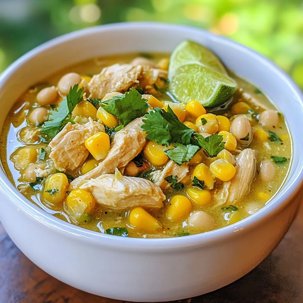 To make a tasty white chicken chili, gather these key items: - 1 lb boneless, skinless chicken breasts, cut into small cubes - 1 can (15 oz) white beans (like cannellini or great northern), rinsed and drained - 1 cup corn kernels (fresh, frozen, or canned) - 1 medium onion, finely chopped - 2 cloves garlic, minced - 2 green chilies, diced (jalapeño or poblano for heat) - 4 cups chicken broth (low-sodium preferred) - 1 cup heavy cream or coconut milk - 1 teaspoon ground cumin - 1 teaspoon chili powder - 1/2 teaspoon smoked paprika - Salt and cracked black pepper, to taste - Fresh cilantro, chopped, for garnish - Lime wedges, for serving You can swap some items to fit your needs or taste: - Use turkey breast instead of chicken for a leaner option. - Replace heavy cream with Greek yogurt for a lighter touch. - Choose black beans if you want a different bean flavor. - For a vegan version, use tofu in place of chicken and coconut milk as a base. To make your chili bright and fresh, use seasonal items: - In summer, fresh corn on the cob adds sweetness. - If it’s fall, try adding diced butternut squash for extra texture. - In winter, fresh cilantro might be harder to find, so use parsley instead. - During spring, fresh green onions can add a lovely crunch and flavor. {{ingredient_image_2}} To start, gather your ingredients. You need: - 1 lb boneless, skinless chicken breasts, cut into small cubes - 1 can (15 oz) white beans, rinsed and drained - 1 cup corn kernels - 1 medium onion, finely chopped - 2 cloves garlic, minced - 2 green chilies, diced - 4 cups chicken broth - 1 cup heavy cream or coconut milk - 1 teaspoon ground cumin - 1 teaspoon chili powder - 1/2 teaspoon smoked paprika - Salt and pepper, to taste - Fresh cilantro, chopped, for garnish - Lime wedges, for serving Now chop the onion and mince the garlic. Dice the green chilies too. This will help the flavors mix well. In a large pot or Dutch oven, heat a tablespoon of olive oil over medium heat. Add the chopped onion and sauté it for about 3-4 minutes. The onion should become soft and clear. Next, add the minced garlic and diced green chilies. Cook them for one more minute. You want the garlic to smell good and the chilies to soften. Now, add the cubed chicken. Sprinkle the ground cumin, chili powder, smoked paprika, salt, and pepper over the chicken. Stir it often for about 5-6 minutes. The chicken should be cooked through and lightly browned. Next, pour in the chicken broth. Mix well and bring it to a gentle simmer. Cover the pot and let it cook for 15 minutes. This lets the chicken finish cooking and the flavors mingle. After 15 minutes, add the white beans and corn. Then, pour in the heavy cream or coconut milk. Stir gently to combine everything. Keep simmering the chili uncovered for another 10-15 minutes. This helps it thicken to your liking. Before you serve, taste the chili. Adjust the seasoning with more salt and pepper if needed. Remove the pot from heat. Serve the chili warm in bowls. Top with fresh cilantro and add lime wedges on the side. The lime adds a nice, zesty kick. Enjoy your hearty and flavorful white chicken chili! To get the right texture in your white chicken chili, start by cutting your chicken into small, even cubes. This helps it cook evenly. Use low-sodium chicken broth for a good base. The beans add creaminess, so rinse them well before adding. If you want a thicker chili, let it simmer a bit longer. The cream or coconut milk will add smoothness. Seasoning is key to great flavor. I love using ground cumin and chili powder for warmth. Smoked paprika adds depth. Adjust salt and pepper to your taste. Adding lime juice right before serving gives a bright kick. For more heat, try diced jalapeños or poblanos. Fresh cilantro on top not only looks nice but adds fresh flavor. If your chili is too thick, add more chicken broth or water until you reach the right consistency. If it's too thin, let it simmer uncovered for a while. For bland flavor, try adding more spices or salt. If you find it too spicy, a dollop of sour cream or more cream can help balance the heat. Pro Tips Use Fresh Ingredients: Whenever possible, opt for fresh chicken and vegetables to enhance the flavor and texture of your chili. Adjust the Heat: Feel free to modify the amount of green chilies based on your heat preference; removing the seeds will also reduce spiciness. Thickening Tip: If you prefer a thicker chili, let it simmer uncovered for a longer time or mash some of the beans into the mixture. Flavor Boost: Add a splash of lime juice right before serving for a bright, zesty finish that elevates the overall taste. {{image_4}} Using a slow cooker is easy and makes this dish even more flavorful. To make this chili in a slow cooker, follow these steps: - Add the ingredients: Place cubed chicken, white beans, corn, chopped onion, minced garlic, diced green chilies, and spices into the slow cooker. - Pour in the broth: Add the chicken broth and mix everything well. - Cook low and slow: Set your slow cooker on low for 6-8 hours or high for 3-4 hours. - Finish with cream: About 30 minutes before serving, stir in the heavy cream or coconut milk. This method allows the flavors to blend beautifully while you go about your day. The Instant Pot speeds up cooking while keeping the flavors rich. Here’s how to do it: - Sauté the veggies: Use the sauté function to cook the onion, garlic, and green chilies. - Add chicken and spices: Mix in the cubed chicken and seasonings, stirring for about 5 minutes. - Add remaining ingredients: Pour in the broth, beans, and corn, making sure to stir well. - Seal and cook: Close the lid and set the Instant Pot to high pressure for 10 minutes. Let it naturally release for 10 minutes before quick-releasing the rest. You get a warm, hearty meal in less time. You can easily make this dish healthier without losing flavor: - Lean chicken: Use skinless chicken thighs for more flavor and less fat. - Low-fat cream: Swap heavy cream for Greek yogurt or reduced-fat sour cream. - More veggies: Add diced zucchini or bell peppers for extra nutrients and texture. - Beans variety: Use black beans or chickpeas for different flavors and added fiber. These small changes help you enjoy this comforting dish while being mindful of your health. To store your leftover white chicken chili, let it cool first. Then, place it in an airtight container. This keeps the chili fresh and tasty. Store it in the fridge for up to four days. If you want to keep it longer, freezing is a great option. When you are ready to enjoy your chili again, reheat it gently. You can use the stove or microwave. If using the stove, warm it over low heat, stirring often. If using a microwave, heat it in short bursts. Stir in between to ensure even heating. Add a splash of broth or water if it seems too thick. Freezing white chicken chili is simple. Transfer it to a freezer-safe container. Leave some space at the top to allow for expansion. Label the container with the date. You can freeze it for up to three months. To thaw, move it to the fridge overnight before reheating. Yes, you can use frozen chicken. Just ensure to thaw it first. I recommend thawing it in the fridge overnight. If you’re in a hurry, you can thaw it in cold water for a couple of hours. Once thawed, cut the chicken into small cubes. This helps it cook evenly in the chili. If you want a lighter option, use coconut milk instead. It adds a nice creaminess and a hint of sweetness. You can also try Greek yogurt for a thicker texture. Just stir it in at the end of cooking to keep it creamy. For a spicier kick, add more diced green chilies or some diced jalapeños. You can also sprinkle in some cayenne pepper. If you prefer a milder chili, reduce the amount of chilies or use poblano peppers instead. Adjust the spices to fit your taste! This blog post covered the key ingredients you'll need for white chicken chili, including alternatives and seasonal options. I also shared step-by-step instructions, along with tips to enhance flavor and texture. You learned about delicious variations, safe storage methods, and answered common questions. Now, you can make a fantastic chili that suits your taste. Remember, cooking is fun and creative. Don’t hesitate to experiment with new flavors! Enjoy your meal!