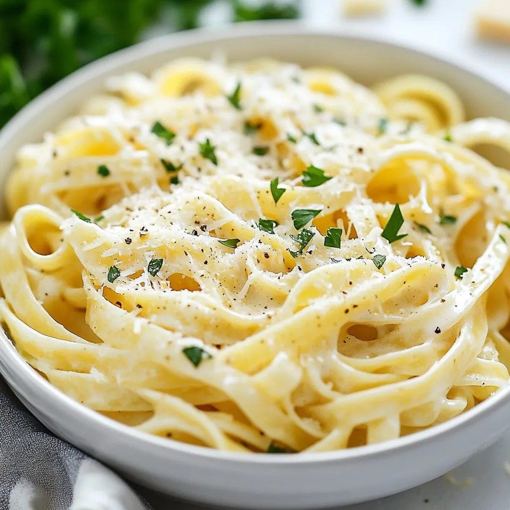 - 12 oz fettuccine or spaghetti - 4 cups vegetable broth - 1 cup heavy cream - 1 cup freshly grated Parmesan cheese - 4 cloves garlic, minced - 2 tablespoons extra virgin olive oil - 1 teaspoon Italian seasoning blend - Fresh parsley, finely chopped (for garnish) - Salt - Black pepper In this recipe, I use fettuccine or spaghetti as the base. You can choose either based on your taste. The vegetable broth adds flavor and moisture while the heavy cream creates that rich, creamy texture we love. Freshly grated Parmesan cheese gives this dish its signature taste. I always include minced garlic for that wonderful aroma and flavor. You can add olive oil, but it’s optional. Italian seasoning adds a nice touch, but feel free to skip it if you prefer. Fresh parsley not only garnishes the dish but also adds a pop of color. For seasoning, salt and black pepper are key. They enhance the overall flavor. Adjust these to your liking for the best results. By keeping these ingredients on hand, you can whip up this tasty meal any time. {{ingredient_image_2}} 1. Heating olive oil Start by heating 2 tablespoons of extra virgin olive oil in a large pot. Set the heat to medium. This will help the oil warm up slowly and evenly. 2. Sautéing garlic Add 4 minced garlic cloves to the pot. Cook for about 1 minute. Stir frequently to keep the garlic from browning. You want it fragrant and soft, not burnt. 1. Adding pasta and liquids Next, add 12 ounces of fettuccine or spaghetti into the pot. Pour in 4 cups of vegetable broth and 1 cup of heavy cream. Stir everything well so the pasta is coated in the liquid. 2. Bringing to a boil and simmering Raise the heat to bring the pot to a gentle boil. Once it boils, reduce the heat to a simmer. Cook the pasta for about 10 to 12 minutes. Stir occasionally and watch for that perfect al dente texture. 1. Incorporating Parmesan and seasoning Once the pasta is cooked, stir in 1 cup of freshly grated Parmesan cheese and 1 teaspoon of Italian seasoning. Mix until the cheese melts and the sauce becomes rich and creamy. 2. Adjusting sauce consistency If the sauce is too thick, add more vegetable broth or cream. Do this until it reaches your desired creaminess. Taste and add salt and freshly cracked black pepper to your liking. To make your One-Pot Garlic Parmesan Pasta shine, pay close attention to cooking time. Start with the heat on medium. As the pasta cooks, stir it every few minutes. This keeps it from sticking and helps it cook evenly. The key is to watch for the pasta to reach al dente. Al dente means it is firm but not hard. It should have a slight bite to it. This texture gives you a perfect base for the creamy sauce. Adding extra seasonings can really boost the flavor. Consider a pinch of red pepper flakes for heat. A squeeze of lemon juice can add brightness. Using fresh ingredients makes a big difference too. Fresh garlic gives a stronger taste than dried. Fresh parsley adds color and freshness at the end. Using high-quality Parmesan cheese enhances the dish’s richness. When serving, think about garnishing ideas. A sprinkle of extra Parmesan on top always impresses. Finely chopped parsley not only looks nice but adds a fresh taste. Pair your pasta with a simple side salad or garlic bread. These sides balance the rich pasta. If you want, you can serve it with grilled vegetables for more color and nutrition. Pro Tips Use Fresh Garlic: Freshly minced garlic adds a vibrant flavor that powdered garlic simply can't match. Be sure to sauté it just until fragrant to avoid bitterness. Cheese Quality Matters: Always use freshly grated Parmesan cheese instead of pre-grated. The texture and flavor will significantly enhance your sauce. Adjusting Sauce Thickness: If your sauce becomes too thick, gradually add a splash of vegetable broth or cream to reach your preferred consistency without compromising flavor. Garnishing Tips: For a pop of color and freshness, don't skip the parsley. You can also add a squeeze of lemon juice for an extra zing! {{image_4}} If you need gluten-free options, use gluten-free pasta. Many brands make tasty gluten-free fettuccine or spaghetti. This swap keeps the dish light and enjoyable. For dairy-free alternatives, try coconut cream or cashew cream. Nutritional yeast adds a cheesy flavor without dairy. These swaps make the dish suitable for more diets. You can easily add protein to your pasta. Chicken or shrimp works well. Just cook the protein in the pot before adding the pasta. This boosts the meal's heartiness and flavor. Incorporating vegetables is another great idea. Spinach adds color and nutrients. Cherry tomatoes bring sweetness and freshness. Mix these in when the pasta is almost done. To give your pasta an Italian twist, add spices like red pepper flakes or oregano. These spices enhance the rich flavors of garlic and Parmesan. For an Asian twist, try soy sauce and sesame oil. This creates a unique flavor profile that is both savory and rich. It’s a fun way to switch things up! To keep your One-Pot Garlic Parmesan Pasta fresh, follow these tips: - Refrigeration: Allow the pasta to cool before storing. Place it in the fridge within two hours of cooking. This helps prevent bacteria growth. - Storage containers: Use airtight containers for best results. Glass or plastic containers work well. Make sure to leave space at the top for any expansion. When you're ready to enjoy leftovers, consider these methods: - Microwave vs. stovetop: The microwave is quick and easy. Use a microwave-safe dish and cover it to keep moisture in. The stovetop method is better for even heating. Add a splash of broth or cream to keep it creamy. - Maintaining sauce consistency: If the sauce thickens too much during storage, add a little broth or cream while reheating. Stir well to combine. If you want to store this dish long-term, freezing is a great option: - Freezing process: Let the pasta cool completely. Place it in freezer-safe containers or bags. Remove as much air as possible to prevent freezer burn. Label and date your containers. - Thawing and reheating instructions: To thaw, place the container in the fridge overnight. For quick thawing, use the microwave. Reheat on the stovetop, adding broth or cream to restore the sauce's creaminess. You can use fettuccine or spaghetti for this dish. Both types work well. They soak up the creamy sauce nicely. Other shapes like penne or linguine are also good options. Just pick what you like best! Yes, you can make this dish vegan! Use plant-based cream instead of heavy cream. For the cheese, try nutritional yeast or a vegan Parmesan. This will give you the creamy flavor without dairy. Use vegetable broth to keep it plant-based. This dish lasts about 3 to 5 days in the fridge. Store it in an airtight container to keep it fresh. When you're ready to eat, just reheat it on the stove or in the microwave. If the sauce is too thick, add a splash of broth or water. This blog post covered how to make One-Pot Garlic Parmesan Pasta. We looked at the main ingredients like fettuccine and garlic, along with optional items to enhance flavor. You learned the steps to prepare the dish from sautéing garlic to cooking the pasta. Tips offered insights on texture and flavor improvements. Variations provided ideas for ingredient swaps and international twists. Lastly, I shared storage tips to keep leftovers fresh. Enjoy making this dish, and remember to add your unique touch!