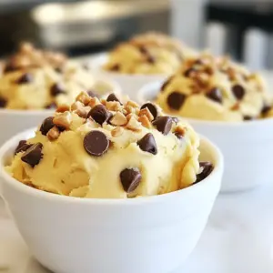 To make a delicious eggless edible cookie dough, you'll need a few simple ingredients. Here is the list: - 1 cup all-purpose flour - 1/2 cup packed brown sugar - 1/4 cup granulated sugar - 1/4 cup unsalted butter, softened to room temperature - 1/2 teaspoon pure vanilla extract - 1/4 teaspoon salt - 2 tablespoons milk (dairy or non-dairy) - 1/2 cup semi-sweet chocolate chips - 1/4 cup chopped nuts (optional) Each ingredient plays a key role in creating the perfect texture and flavor. The all-purpose flour provides the base. The brown and granulated sugars add sweetness and a bit of moisture. Softened butter gives the dough its creamy feel. Vanilla extract brings warmth, while salt enhances all the flavors. Milk binds everything together, making it smooth. Chocolate chips add a delightful treat, and nuts give a nice crunch if you choose to include them. By gathering all these ingredients, you set yourself up for a fun and tasty experience. You can mix and match ingredients later, but this basic list is the way to go for your first batch! {{ingredient_image_2}} First, we need to make sure our flour is safe. Preheat your oven to 350&deg;F (175&deg;C). Spread 1 cup of all-purpose flour on a baking sheet. Toast it in the oven for 5-7 minutes. This step helps kill any bacteria. After toasting, let the flour cool completely before mixing it with other ingredients. In a medium mixing bowl, combine the cooled flour, 1/2 cup packed brown sugar, and 1/4 cup granulated sugar. Next, add in 1/4 cup softened unsalted butter. Use a fork or hand mixer to mix these ingredients until they feel light and creamy. Now, pour in 1/2 teaspoon pure vanilla extract. Sprinkle in 1/4 teaspoon salt. Stir well to mix these flavorings into the dough. This is where the magic begins! Gradually pour in 2 tablespoons of milk, either dairy or non-dairy. Stir continuously as you add the milk. Keep going until the dough feels rich and cookie-like. If it seems too dry, add a little more milk, one teaspoon at a time. It's time to fold in 1/2 cup semi-sweet chocolate chips. If you like, you can also add 1/4 cup chopped nuts. Make sure they are evenly mixed in. This gives each bite a nice crunch. For extra flavor and texture, chill the dough in the fridge for about 30 minutes. This step is optional but can make your cookie dough even more tasty. Use a spoon or cookie scoop to portion your edible cookie dough. You can put it in small bowls or on a baking sheet. Enjoy it right away, or use it as a topping for ice cream or cupcakes. The choices are endless! To get the best texture for your edible cookie dough, use room temperature butter. Softened butter blends well with sugars, creating a creamy mix. Be sure to toast your flour to remove any bacteria. This step makes the dough safe to eat. If your dough feels too dry, add more milk, one teaspoon at a time. You want it to be smooth but not runny. If your dough is too crumbly, this means you need more moisture. Always keep milk nearby to fix this. If it&rsquo;s too sticky, you can add a little more flour. Mix well after each addition. If your dough tastes flat, try adding a pinch more salt or vanilla. This can brighten the flavors and make it more delicious. To make your cookie dough even tastier, think about adding spices. A dash of cinnamon can give it warmth. You might also add a bit of cocoa powder for a chocolate twist. For a nutty flavor, use different nuts like walnuts or pecans. Feel free to experiment with extracts, too&mdash;like almond or hazelnut. Each change can create a new favorite! Pro Tips Use Room Temperature Ingredients: Ensure your butter is at room temperature for easier mixing and a smoother dough consistency. Experiment with Flavors: Feel free to add different extracts like almond or hazelnut for a unique twist on the classic flavor. Texture Matters: For a chewier texture, refrigerate the dough longer before serving; overnight is ideal for the best results. Custom Mix-Ins: Get creative with mix-ins! Consider using white chocolate chips, dried fruit, or even a sprinkle of sea salt for added flavor. {{image_4}} You can easily switch up the flavor of your cookie dough. Try adding cocoa powder for a chocolate version. Just mix in 1/4 cup of cocoa with the dry ingredients. You can also add peanut butter for a nutty twist. Use 1/4 cup of creamy peanut butter instead of some butter. For a fun twist, add a teaspoon of espresso powder for a coffee flavor. If you need a nut-free option, skip the chopped nuts. You can replace the butter with coconut oil for a dairy-free treat. For a vegan version, use plant-based butter and non-dairy milk. You can also swap the all-purpose flour for oat flour to make it gluten-free. Just ensure you toast it in the oven first to kill any bacteria. Get creative with your mix-ins! You can add dried fruits like cranberries or raisins for a fruity flavor. Try white chocolate chips or butterscotch chips for a sweet touch. Chopped candies like Snickers or M&M's can make your dough unique and fun. Just remember to fold them in gently so they mix evenly. To keep your cookie dough fresh, store it in an airtight container. Make sure the lid seals tightly. This helps prevent any moisture loss or odor absorption. You can also wrap it in plastic wrap before placing it in the container. Keep it in the fridge for short-term storage. Always label your container with the date. This way, you&rsquo;ll know how long it&rsquo;s been stored. If you want to save some dough for later, freezing works great! Scoop the dough into small portions using a cookie scoop. Place the scoops on a baking sheet lined with parchment paper. Freeze them for about 1-2 hours. Once frozen, transfer the dough bites into a freezer-safe bag or container. Remove as much air as possible. Label the bag with the date. This keeps the dough from getting freezer burn. When stored in the fridge, your edible cookie dough lasts about 1 week. If frozen, it can last up to 3 months. Always check for signs of spoilage. If it looks dry or changes color, it&rsquo;s time to toss it. A bad smell or sour taste is also a sure sign that the dough is no longer good. Always trust your senses! Eggless edible cookie dough is a sweet treat made without eggs. It uses simple ingredients like flour, sugar, butter, and chocolate chips. This dough is safe to eat raw, unlike regular cookie dough. The toasting of flour eliminates any harmful bacteria, making it safe for you and your family. Yes, you can eat cookie dough without eggs! Eggless cookie dough is safe to eat because it doesn't have raw eggs. It is just as tasty and creamy, giving you that sweet cookie flavor without the worry. You can enjoy it straight from the bowl or use it as a dessert topping. Homemade edible cookie dough can last about one week in the fridge. Make sure to store it in an airtight container to keep it fresh. If you want it to last longer, you can freeze it. Frozen cookie dough can last up to three months. Just thaw it in the fridge before eating. Yes, you can find ready-made eggless cookie dough in many stores. Brands often sell it in the freezer section. This option is great for when you want a quick treat without making it at home. Just check the label for safe ingredients. You can bake this edible cookie dough, but I recommend not doing so. The dough is made to be enjoyed raw. If you bake it, the texture will change and it may not taste the same. However, if you want baked cookies, you can try adding an egg and baking it like regular cookie dough. In this post, I covered how to make delicious eggless edible cookie dough. We explored the key ingredients, step-by-step instructions, and helpful tips to perfect your dough. I also shared fun variations and storage methods. Remember, this treat is safe to enjoy straight from the bowl! Experiment with flavors and mix-ins to find your favorite combo. Enjoy every bite and share it with friends. Happy snacking!