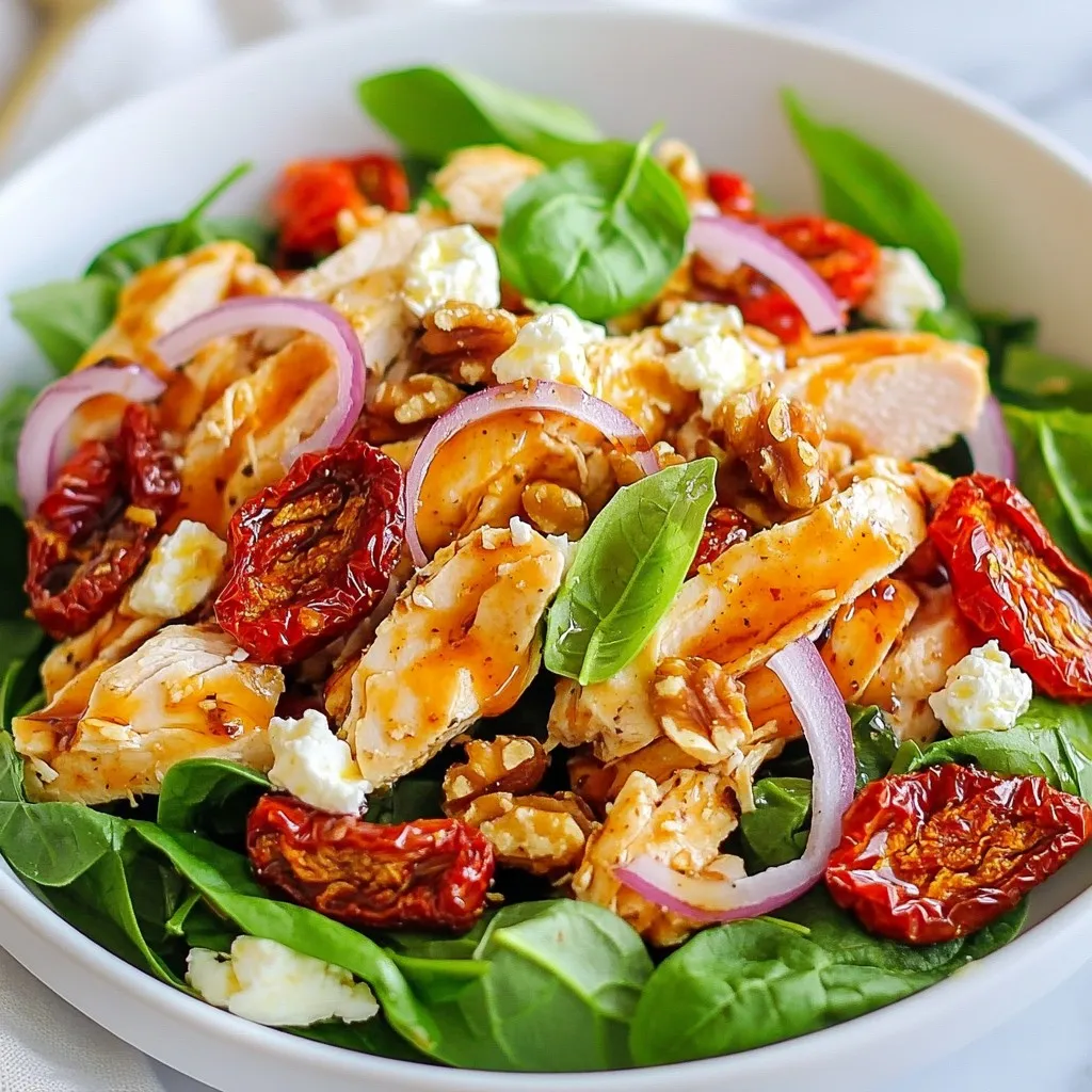 - 2 cups cooked chicken breast, shredded - 1/2 cup sun-dried tomatoes, finely chopped - 1/2 cup fresh spinach, roughly torn - 1/4 cup feta cheese, crumbled - 1/4 cup red onion, thinly sliced - 1/4 cup walnuts, lightly toasted and chopped - 3 tablespoons extra virgin olive oil - 2 tablespoons balsamic vinegar - Salt and freshly ground black pepper - Fresh basil leaves, for garnish When measuring ingredients, precision matters. For the chicken, use two cups of cooked chicken breast. This gives you enough protein. The sun-dried tomatoes should be half a cup. They add a rich flavor. Fresh spinach needs to be roughly torn to about half a cup. This adds freshness and color. Use a quarter cup each of feta cheese and red onion. The feta adds creaminess, while the onion gives a nice crunch. For the walnuts, lightly toast them before chopping to enhance their taste. Use three tablespoons of olive oil and two tablespoons of balsamic vinegar for the dressing. Last, season with salt and black pepper to your liking. If you need substitutions, there are many options. You can use rotisserie chicken instead of cooking your own. For a richer taste, try sun-dried tomatoes packed in oil. If you want a different cheese, goat cheese works well. You can swap spinach for arugula or mixed greens if you prefer. Instead of walnuts, try pecans or almonds for a new flavor. If you want a lighter dressing, use lemon juice instead of balsamic vinegar. This keeps the salad bright and fresh. {{ingredient_image_2}} First, gather all your ingredients. You will need cooked chicken, sun-dried tomatoes, fresh spinach, feta cheese, red onion, and walnuts. Make sure to shred the chicken into small pieces. Chop the sun-dried tomatoes finely. Tear the spinach into pieces. Slice the red onion thinly, and chop the walnuts lightly after toasting them. In a large mixing bowl, combine the shredded chicken, chopped sun-dried tomatoes, and torn spinach. Stir gently to mix them well. Then, add the crumbled feta cheese, thinly sliced red onion, and chopped walnuts. Mix everything together evenly. Each bite should have a bit of every ingredient. In a small bowl, whisk together the extra virgin olive oil and balsamic vinegar. Mix until it looks smooth and well combined. Once your dressing is ready, drizzle it over the salad mixture. Toss gently to coat all the ingredients with the dressing. Finally, season with salt and freshly ground black pepper to taste. Toss lightly again to spread the seasoning evenly throughout the salad. Let the salad sit for about 10 minutes to let the flavors blend beautifully. Enjoy! To shred chicken, start with warm chicken. It shreds easier when it’s warm. Use two forks to pull apart the meat. You can also use your hands if you prefer. For a quicker method, try a stand mixer. Just place the chicken in the bowl and mix on low speed. This will give you perfectly shredded chicken in seconds. Add extra flavor with herbs and spices. Try garlic powder or onion powder for depth. Fresh herbs like parsley or dill can brighten the dish. If you love spice, a pinch of red pepper flakes works great. A squeeze of lemon juice can add zest too. These little tweaks can make the salad pop with flavor. Serve the salad chilled or at room temp. It works well as a main dish or side. Use it in wraps for a quick lunch. You can also top it on greens for a fresh twist. For a fun touch, add it to a baked potato. This salad is great for gatherings, picnics, or meal prep. Pro Tips Use Leftover Chicken: This recipe is perfect for using up leftover rotisserie chicken or any cooked chicken you have on hand, making it a great time-saver. Customize Your Greens: Feel free to substitute the spinach with other leafy greens like arugula or kale for a different flavor and nutritional profile. Add More Crunch: For an extra crunchy texture, consider adding thinly sliced bell peppers or cucumber to the salad. Make It Ahead: This salad holds up well in the fridge, so consider making it a day ahead for a quick lunch option. Just add the dressing right before serving. {{image_4}} You can easily make this salad vegetarian. Simply swap the chicken for chickpeas. They add protein and texture. You can also use tofu for a different flavor. Make sure to press it to remove extra moisture. This change keeps the salad filling and tasty! While the olive oil and balsamic vinegar dressing is great, you can try other options. A lemon vinaigrette adds a bright tang. For creaminess, use a yogurt-based dressing. Just mix plain yogurt with herbs and lemon juice. This adds a fun twist to the salad! Feel free to add more veggies to your salad. Bell peppers add crunch and color. Diced cucumbers bring a refreshing taste. You can also add grated carrots for sweetness. More veggies not only boost nutrition but also make the dish more colorful and appealing! After enjoying your sun-dried tomato chicken salad, store any leftovers in an airtight container. This keeps the salad fresh for later meals. Place it in the fridge if you plan to eat it within three days. Make sure to cover the top with plastic wrap or a lid. This helps prevent the salad from drying out. This salad is best served cold, so reheating isn’t necessary. If you prefer a warm meal, gently heat the chicken in a pan. Do this over low heat to avoid drying it out. You can add a splash of olive oil to keep it moist. Once warm, mix it with the salad again for a cozy twist. Most ingredients in this salad have a good shelf life. Here’s a quick breakdown: - Cooked chicken: 3-4 days in the fridge. - Sun-dried tomatoes: Up to a year if stored in a cool, dry place. - Fresh spinach: Best used within 3-5 days. - Feta cheese: Lasts about a week once opened. - Red onion: Can last up to two weeks when stored properly. - Walnuts: Should stay fresh for about six months in the pantry. Keeping track of these dates helps you enjoy your salad at its best! Yes, you can use canned chicken. It saves time and is easy to use. Just drain and shred the chicken. Mix it in with the other salad ingredients. Canned chicken works well in this recipe. It will taste good with the sun-dried tomatoes and dressing. To make this salad gluten-free, check your ingredients. Use gluten-free balsamic vinegar and make sure the sun-dried tomatoes do not have gluten. Most feta cheese is gluten-free too. Always read labels to be sure. This way, you can enjoy the salad without worry. If you don't have feta cheese, try using goat cheese. It has a similar taste and texture. You can also use cottage cheese for a lighter option. If you're dairy-free, consider using tofu or a plant-based cheese. These options keep the salad creamy and delicious. This blog post covers everything you need to make a great salad. We discussed the right ingredients and measurements, plus smart substitutions. You learned how to prepare each part and mix them well. I shared tips to shred chicken fast and add flavor. We explored different options like vegetarian choices and more veggies. Lastly, I provided storage tips to keep your salad fresh. Remember, a creative salad can be easy and fun to make! Enjoy trying out these ideas in your kitchen.