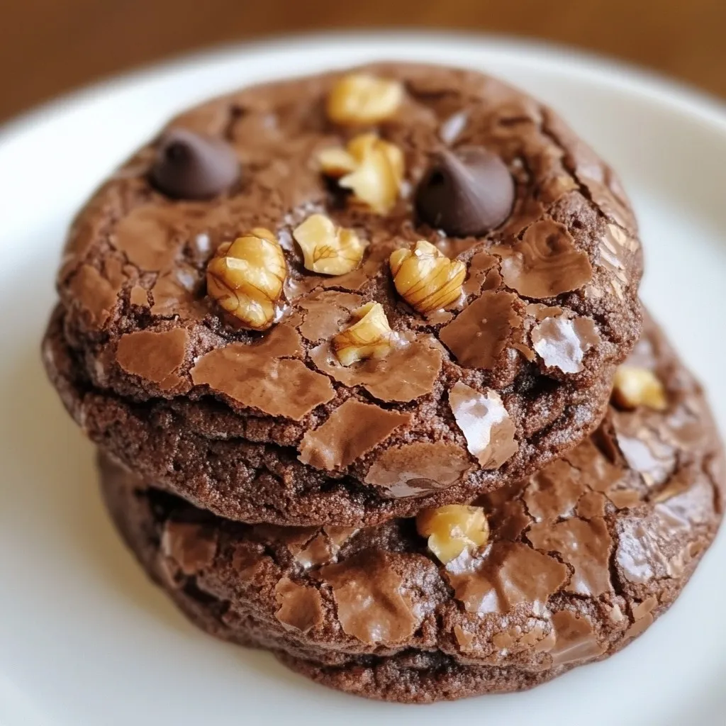 To make these Chocolate Brownie Cookies, you need a few simple ingredients. Each one plays a key role in creating rich and chewy cookies that everyone will love. Here’s what you will need: - 1 cup all-purpose flour - ½ cup unsweetened cocoa powder - ½ teaspoon baking soda - ¼ teaspoon salt - 1 cup dark chocolate chips - ¼ cup unsalted butter, melted - 1 cup brown sugar, packed firmly - 1 large egg, at room temperature - 1 teaspoon pure vanilla extract - ½ cup walnuts, chopped (optional) - Extra dark chocolate chips for topping These ingredients mix together to give you that decadent flavor. The dark chocolate chips add depth, while the cocoa powder gives a rich taste. Using brown sugar makes the cookies chewy and moist. If you want to add a twist, think about adding walnuts. They add crunch and a nutty flavor that pairs well with chocolate. You can also add extra chocolate chips on top for more indulgence. These small changes can make a big difference in your cookie experience. Enjoy your baking! {{ingredient_image_2}} - Preheat your oven to 350°F (175°C). - Line a baking sheet with parchment paper. This keeps the cookies from sticking. - In a medium bowl, whisk together: - 1 cup all-purpose flour - ½ cup unsweetened cocoa powder - ½ teaspoon baking soda - ¼ teaspoon salt Set this aside for later. - In a large bowl, mix: - ¼ cup melted unsalted butter - 1 cup packed brown sugar Stir until smooth. There should be no lumps. - Add in: - 1 large egg - 1 teaspoon pure vanilla extract Mix until shiny and well combined. - Gradually add the dry mix to the wet mix. Combine gently. - Fold in: - 1 cup dark chocolate chips - ½ cup chopped walnuts (if you want) Make sure they are evenly spread in the dough. - Use a spoon or cookie scoop to drop dough on the baking sheet. Keep them about 2 inches apart. - For fun, press extra dark chocolate chips on top before baking. - Bake for 10-12 minutes. The edges should be set, but the middle can be soft. - Let the cookies rest on the baking sheet for 5 minutes after baking. - Move them to a wire rack to cool completely. Enjoy your delicious treat! To make the best chocolate brownie cookies, avoid overmixing the dough. When you mix the wet and dry ingredients, stop as soon as they come together. This keeps your cookies soft and chewy. You can also customize the sweetness. If you like it sweeter, add a bit more brown sugar. For a less sweet cookie, cut back slightly. Ensure your oven temperature is accurate. An oven thermometer can help you check this. If your oven runs hot, cookies may bake too quickly. Always use parchment paper on your baking sheets. This helps prevent sticking and makes cleanup easy. Pair these cookies with a glass of cold milk or a scoop of ice cream. The cold treats balance the warm cookies well. For a pretty presentation, arrange the cookies on a nice platter. You can sprinkle cocoa powder on top for a classy touch. Pro Tips Use Quality Chocolate: Opt for high-quality dark chocolate chips for a richer flavor in your cookies. The better the chocolate, the more intense the chocolate taste will be. Don’t Overmix: When combining the dry and wet ingredients, mix just until incorporated. Overmixing can lead to tough cookies, so be gentle! Chill the Dough: For thicker cookies, consider chilling the dough for about 30 minutes before baking. This helps the cookies maintain their shape and enhances the flavor. Store Properly: Keep any leftover cookies in an airtight container at room temperature for up to a week. You can also freeze them for longer storage—just thaw before enjoying! {{image_4}} You can add fun flavors to your cookies. Try using different types of chocolate. Milk chocolate gives a sweet taste, while white chocolate adds creaminess. You can also add spices like cinnamon or espresso. These spices make your cookies deeper in flavor. A dash of cinnamon can warm your cookies, while espresso boosts the chocolate. If you want gluten-free cookies, use almond flour or coconut flour instead of all-purpose flour. This keeps the cookies soft and chewy. For a vegan version, swap the egg with a flax egg. Just mix one tablespoon of flaxseed meal with three tablespoons of water. Let it sit for a few minutes until it thickens. You can also use coconut oil instead of butter. Toppings can change the cookie’s taste and texture. Try sprinkling sea salt on top just before baking. The salt balances the sweetness. You can also add colorful sprinkles for a fun touch. These toppings make your cookies look appealing and add a little crunch. To keep your chocolate brownie cookies fresh, store them in an airtight container. This helps avoid drying out. Place parchment paper between layers if stacking. This prevents sticking and keeps them nice. For best results, keep the cookies at room temperature. They stay soft and chewy for up to a week. If you want to keep them longer, consider freezing. You can freeze both cookie dough and baked cookies. For dough, scoop it into balls and place them on a tray. After freezing for about an hour, transfer the dough balls to a freezer bag. This way, you can bake fresh cookies anytime. If you freeze baked cookies, let them cool completely first. Place them in an airtight container or freezer bag. They will stay fresh for about three months. To thaw, simply leave the cookies at room temperature for a few hours. For quick reheating, pop them in the microwave for about 10-15 seconds. Enjoy warm, gooey cookies anytime! Chocolate brownie cookies stay fresh for about 3 to 5 days at room temperature. Keep them in an airtight container to help maintain their softness. If you want them to last longer, you can store them in the fridge. They will stay fresh for about a week when refrigerated. Just remember to let them sit at room temperature before eating. Yes, you can make these cookies without eggs. Some great egg substitutes include: - ¼ cup unsweetened applesauce - ¼ cup mashed banana - 1 tablespoon ground flaxseed mixed with 2.5 tablespoons water These substitutes help bind the dough and keep the cookies moist. Brownie cookies are chewier and denser than regular cookies. They have a fudgy texture, similar to brownies. Regular cookies are often lighter and crispier. The main reason is the higher cocoa and chocolate content in brownie cookies. This makes them rich and indulgent. You can use milk chocolate chips instead of dark. However, the taste will be sweeter and less rich. The texture may also change slightly, becoming softer. If you enjoy a sweeter cookie, milk chocolate is a good choice. If you want a more intense chocolate flavor, stick with dark chocolate. To check if your cookies are done, look for these signs: - The edges should be firm. - The centers may still look soft but should not be wet. - A toothpick inserted into the center should come out with a few moist crumbs. Baking them for 10 to 12 minutes usually works well, but keep an eye on them! You learned how to make delicious chocolate brownie cookies. We covered the key ingredients, mixing steps, and baking tips. Personalize your cookies with different flavors or toppings to suit your taste. Store them properly to keep them fresh, or freeze dough for later. Remember, perfect cookies come with practice and creativity. Enjoy your baking journey, and share these treats with friends and family!