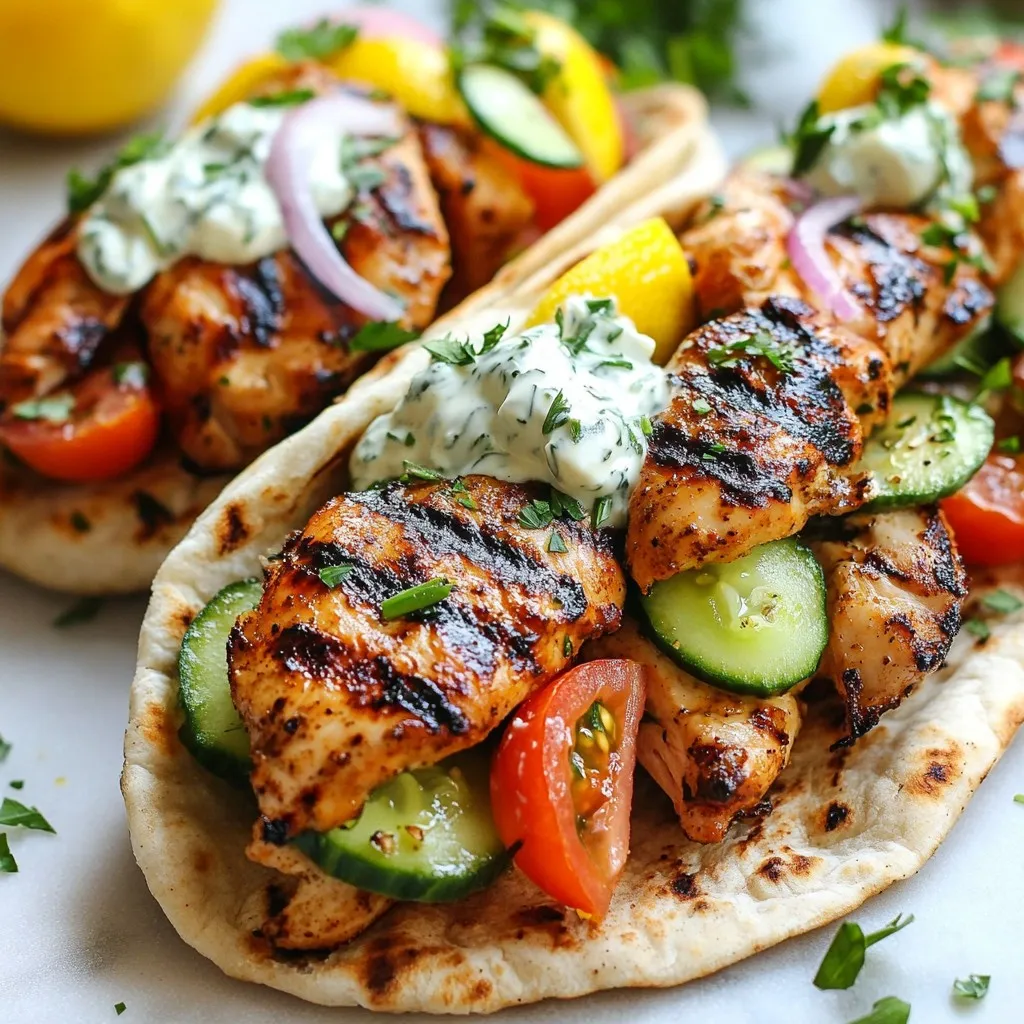- 1 lb boneless, skinless chicken thighs - 3 tablespoons olive oil - Juice and zest of 2 large lemons - 3 cloves garlic, minced - 2 teaspoons dried oregano - 1 teaspoon dried thyme - Salt and black pepper to taste - 4 whole wheat pita breads - 1 cup plain Greek yogurt - 1 cucumber, diced - 1 large tomato, diced - 1 small red onion, sliced - Fresh parsley for garnish When I think about making Greek Lemon Herb Chicken Gyros, the ingredients shine bright. The chicken thighs are juicy and tender. I love using boneless, skinless thighs for their rich taste. The olive oil brings a smoothness that makes every bite delightful. The real star, though, is the fresh lemon juice and zest. They add a bright and zesty kick that wakes up the dish. Next, the seasonings build layers of flavor. Garlic adds depth, while oregano and thyme bring warmth and earthiness. Don’t forget the salt and pepper; they are key to enhancing all the flavors. For the accompaniments, I choose whole wheat pita breads. They are soft and perfect for holding all the delicious fillings. The Greek yogurt serves as a creamy base for the tzatziki sauce. Fresh cucumber, tomatoes, and red onions add crunch and freshness. Finally, a sprinkle of parsley on top makes each gyro look inviting and adds a pop of color. This list of ingredients is simple but packs a lot of flavor. I promise that each bite of these gyros will make you feel like you are dining in a sunny Greek tavern. {{ingredient_image_2}} First, we need to make the marinade. Grab a large bowl and mix together these ingredients: - 3 tablespoons extra virgin olive oil - Juice of 2 large lemons - Zest of 1 lemon - 3 cloves garlic, finely minced - 2 teaspoons dried oregano - 1 teaspoon dried thyme - Salt and freshly ground black pepper to taste Whisk until it blends well. Next, toss the chicken thighs in the marinade. Make sure they are well coated. Cover the bowl with plastic wrap. Place it in the fridge for at least 1 hour. If you have time, let it marinate overnight for even better taste. When you are ready, heat your grill or grill pan to medium-high. Take the chicken out of the marinade. Discard any leftover liquid. Grill the chicken for about 6-7 minutes on each side. You want it to be fully cooked and reach an internal temperature of 165°F. After grilling, let the chicken rest for a few minutes. This helps keep it juicy. Then, slice the chicken into strips. While the chicken cooks, you can make the tzatziki sauce. In a small bowl, mix together: - 1 cup plain Greek yogurt - 1 cucumber, diced into small pieces - A splash of lemon juice - Salt and pepper to taste Stir until all ingredients are combined. Set it aside. Let the flavors meld together for a bit. Now it’s time to put everything together. Warm the pita breads on the grill for about 1 minute on each side. This makes them soft and easy to fill. Place several slices of the grilled chicken in the center of each pita. Top it off with a generous dollop of tzatziki sauce. Add diced tomatoes and thinly sliced red onions on top. Finally, sprinkle chopped fresh parsley for a burst of color and flavor. Enjoy your homemade gyros! To really boost the taste, marinate your chicken for at least 1 hour. If you have the time, let it sit overnight. This gives the chicken more time to soak up the yummy flavors. Want to switch things up? Add more herbs like rosemary or basil. This can give your dish a fun twist. When cooking indoors, a grill pan works great. Preheat it to medium-high heat for best results. Always check that your chicken reaches 165°F to ensure it’s safe to eat. This is key for juicy and tender chicken. Pair your gyros with a fresh Greek salad or some roasted veggies. This adds color and taste to your meal. You can also serve extra tzatziki sauce on the side. It’s perfect for dipping and gives a nice cool contrast to the warm chicken. Pro Tips Marination Time: For the best flavor, marinate the chicken for at least 2 hours or overnight if possible. This allows the herbs and spices to penetrate the meat more deeply. Grill Temperature: Ensure your grill is preheated to medium-high heat before adding the chicken. This helps to achieve a nice char and prevents sticking. Resting the Chicken: After grilling, let the chicken rest for a few minutes before slicing. This helps retain the juices and keeps the meat tender. Customize Your Gyros: Feel free to add your favorite toppings such as feta cheese, olives, or bell peppers to personalize your gyros. {{image_4}} You can change the protein in this recipe for a new taste. Try using lamb or beef instead of chicken. Both meats will soak up the lemon and herb flavors well. If you want a vegetarian option, use grilled vegetables. Bell peppers, zucchini, and eggplant add a great texture and flavor. The sauce can change the whole dish. You can use different yogurt sauces for a twist. A spicy yogurt sauce adds heat and depth. If you prefer something creamy, make a dill sauce. Mix Greek yogurt with fresh dill, a bit of lemon juice, and salt for a cool taste. Adding sides can make your gyros even better. Crumbled feta cheese gives a salty kick. You can also add olives for a briny flavor. Adding fresh veggies like lettuce, cucumbers, or radishes adds crunch and freshness to your gyros. Feel free to get creative and mix in your favorite toppings! After enjoying your Greek Lemon Herb Chicken Gyros, you can store any leftover chicken. Place it in an airtight container. This helps keep it fresh. For the best taste, eat it within 3-4 days. If you wait too long, the chicken may lose flavor. To save grilled chicken for future meals, freezing is a great option. First, let the chicken cool completely. Then, wrap it tightly in plastic wrap or aluminum foil. Place it in a freezer bag and remove as much air as possible. This helps prevent freezer burn. When you’re ready to eat, thaw the chicken in the fridge overnight. Reheat it in the oven or on the grill until hot. Make sure it reaches 165°F for safety. You can also store any leftover tzatziki sauce. Keep it in an airtight container in the fridge. It stays fresh for about 3-4 days. To keep it tasting its best, avoid dipping utensils directly into the sauce. This helps prevent contamination. If the sauce separates, just stir it before serving. Enjoy your homemade tzatziki with other meals! To make the best Greek Lemon Herb Chicken Gyros, start with a great marinade. Mix olive oil, lemon juice, lemon zest, minced garlic, oregano, thyme, salt, and pepper. Let the chicken thighs soak in this mix for at least one hour. If you have time, marinate overnight for better flavor. When cooking, grill the chicken on medium-high heat for 6-7 minutes per side. This keeps the chicken juicy and full of flavor. Yes, you can use other meats for gyros. Lamb is a popular choice with a robust flavor. Beef also works well, especially when marinated. If you prefer a lighter option, try turkey. For a vegetarian dish, grilled vegetables like zucchini and bell peppers are great. Each option will give a unique twist to your gyros. Greek Lemon Herb Chicken Gyros pair well with many sides. A fresh Greek salad adds crunch and color. Roasted vegetables bring a warm, savory touch. You can also serve them with crispy fries or a side of hummus. For drinks, try a light white wine or lemonade to balance the flavors. The ideal marination time for chicken is at least one hour. This allows the flavors to seep in. For a more intense taste, marinate the chicken overnight. Just be careful not to exceed 24 hours to avoid a mushy texture. This article showed you how to create tasty Greek Lemon Herb Chicken Gyros. You learned about the key ingredients and steps to marinate and cook the chicken. I shared tips to enhance your dish and ideas for variations. Now, you can make delicious gyros that your family will love. Enjoy experimenting with flavors, sides, and sauces. You’ll have a meal everyone will want to share!