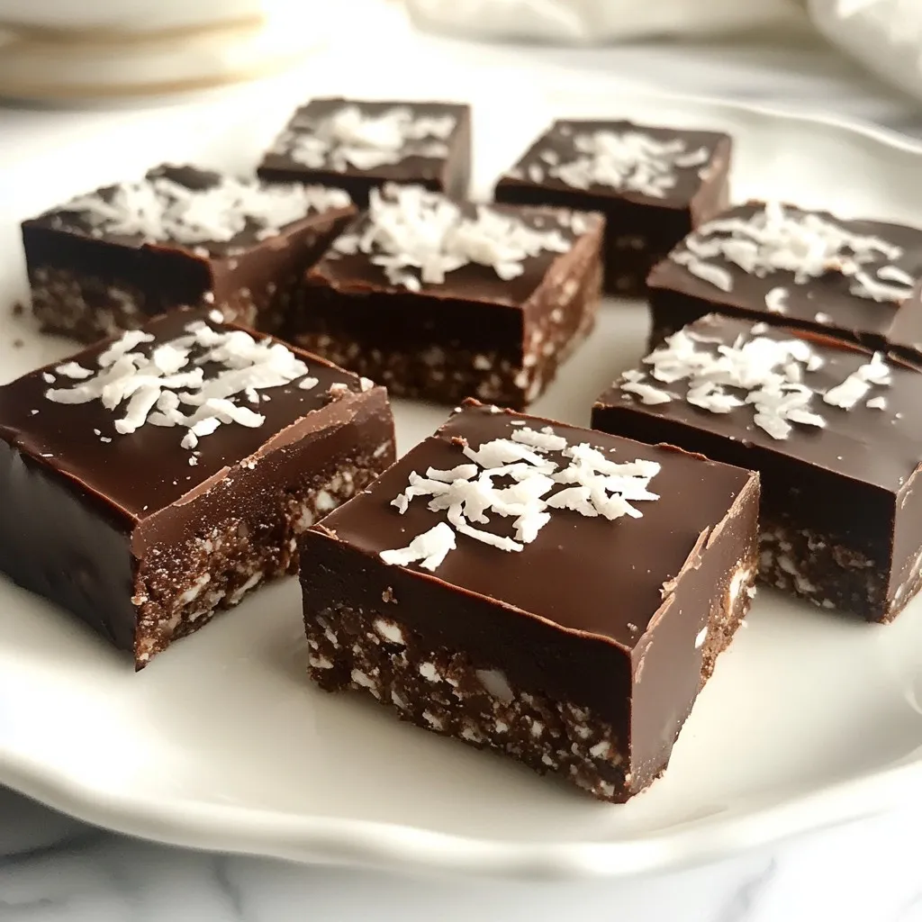 To make Vegan Bounty Bars, you will need: - 1 cup unsweetened shredded coconut - 1/2 cup coconut cream (preferably chilled for easier mixing) - 1/4 cup pure maple syrup - 1/2 teaspoon pure vanilla extract - 1/4 teaspoon sea salt - 1 cup dark vegan chocolate chips (70% cacao or higher for richness) - 2 tablespoons coconut oil (extra virgin for flavor) These ingredients create a rich, sweet, and creamy treat. The unsweetened shredded coconut gives a great texture. Coconut cream adds a nice creaminess. Maple syrup offers natural sweetness. The chocolate chips provide that rich chocolate flavor. You can switch out some ingredients if needed: - Instead of shredded coconut, use finely chopped nuts for crunch. - Swap coconut cream for silken tofu blended until smooth. - Agave syrup can replace maple syrup for a different sweetness. - Any plant-based chocolate can replace dark vegan chocolate chips. These swaps keep the bars tasty and fun. Feel free to mix and match based on what you have at home. Each Vegan Bounty Bar is a treat, but it also packs some nutrition. Here’s a quick look at the benefits: - Shredded coconut is high in fiber, which is great for digestion. - Coconut cream adds healthy fats, giving you energy. - Dark chocolate offers antioxidants, helping your body fight free radicals. - Maple syrup provides minerals like manganese and zinc. These bars are rich in flavor and nutrients. Enjoy them as a dessert or a sweet snack. {{ingredient_image_2}} First, get a big mixing bowl. Add 1 cup of unsweetened shredded coconut. Next, take 1/2 cup of chilled coconut cream. Pour that into the bowl too. Then, add 1/4 cup of pure maple syrup. This sweetens the mix! Don’t forget 1/2 teaspoon of pure vanilla extract for flavor. Finally, sprinkle in 1/4 teaspoon of sea salt. Use a spatula or spoon to mix it all well. You want a sticky mixture that sticks together. Now, grab a small baking dish, about 8x4 inches. Line it with parchment paper. Leave some paper hanging over the edges. This makes it easy to lift later. Firmly press the coconut mixture into the dish. Spread it evenly to make a flat layer. Smooth the top with your spatula. This gives a nice finish. While the coconut layer sets, let’s melt the chocolate. Take 1 cup of dark vegan chocolate chips and 2 tablespoons of coconut oil. Use a double boiler over low heat. Stir slowly until it’s smooth and shiny. This is the coating for your bars! Once the coconut layer is hard, take it out of the freezer. Use a sharp knife to cut it into bars. Make them any size you like. Now, dip each bar into the melted chocolate. Make sure it’s fully coated. Gently shake off any extra chocolate. Place the bars on a baking sheet lined with parchment paper. Space them out so they don’t stick together. Finally, put the baking sheet in the fridge for 15-20 minutes. This helps the chocolate harden. Enjoy your tasty Vegan Chocolate Coconut Delights! To get the right texture for your bars, start with fresh, unsweetened shredded coconut. This helps keep the bars moist and flavorful. Use chilled coconut cream. The cold cream mixes better and creates a rich base. When you combine all the ingredients, mix until the blend is sticky. This stickiness helps the bars hold their shape. After pressing the mixture into your dish, make sure it’s even. An even layer sets well and cuts easily. For extra flavor, consider adding a pinch of cinnamon or a splash of almond extract. These small tweaks can make a big difference. You can also try mixing in chopped nuts or dried fruit for a fun twist. If you like your bars sweeter, add a little more maple syrup. Just remember to balance the flavors. Too much sweetness can mask the rich coconut taste. Presentation is key to making your bars stand out. Dust your finished bars with shredded coconut or cocoa powder for a nice touch. Use a sharp knife for clean cuts. This makes each piece look neat and appetizing. When serving, arrange the bars on a beautiful platter. Add some fresh fruit or mint leaves around them. This adds color and freshness, making your treat even more inviting. Pro Tips Chill Your Ingredients: Ensure your coconut cream is chilled before mixing to achieve a smoother texture and easier handling. Use Quality Chocolate: Opt for high-quality dark vegan chocolate for a richer flavor and better meltability for coating your bars. Customize Your Toppings: Add a sprinkle of chopped nuts, sea salt, or dried fruit on top of the chocolate before it sets for extra flavor and texture. Storage Tips: Store any leftovers in an airtight container in the fridge for up to a week, or freeze them for longer shelf life. {{image_4}} You can change the sweet taste by using different sweeteners. Instead of pure maple syrup, try agave syrup or brown rice syrup. Both options work well and add a unique flavor. If you want it less sweet, use a sugar-free option like stevia. Just remember to adjust the amount to match your taste. Want to add a twist to your Vegan Bounty Bars? Try infusing flavors! A few drops of almond extract can give a nice nutty touch. If you're a coffee lover, mix in a little espresso or coffee powder. This can add depth and richness to the bars. You can also use a dash of orange or lemon zest for a fresh, zesty kick. The chocolate coating is key to these bars. While dark vegan chocolate is great, you can try different kinds. Milk chocolate can add sweetness, while white chocolate offers a creamy taste. For a fun twist, use flavored chocolate like mint or orange. You can even sprinkle nuts or coconut flakes on top before the chocolate hardens for extra crunch! To keep your Vegan Bounty Bars fresh, store them in an airtight container. Place parchment paper between layers. This keeps the bars from sticking together. Store them in the fridge for best taste and texture. The cool air helps maintain their shape and flavor. If stored well, these bars last about a week in the fridge. You can also freeze them. Wrap each bar in plastic wrap, then place them in a freezer bag. They can stay in the freezer for up to three months. When ready to enjoy, let them thaw in the fridge. This keeps them tasty and fresh. Serving these bars cold gives a firm bite. The chocolate coating stays crisp and delicious. To serve at room temperature, let them sit out for about 10 to 15 minutes. This makes them softer and creamier. Both ways are great, depending on your mood! Enjoy and share these delightful treats! Yes, you can make these bars gluten-free. The main ingredients are coconut and chocolate. Both are naturally gluten-free. Just check that your chocolate chips do not contain gluten. Many brands offer gluten-free options. You can use full-fat coconut milk if you don’t have coconut cream. This milk has a similar texture. You can also try nut butters like almond or cashew for a different flavor. Just keep in mind that this will change the taste and texture of the bars. Melt the chocolate slowly over low heat. Stir it often to prevent burning. The chocolate should be smooth and glossy when it is ready. If you see any lumps, keep stirring until they disappear. If the chocolate is thick, add a little coconut oil to help it melt better. You learned about the key ingredients for Vegan Bounty Bars and how to make them. We explored substitutions, nutritional facts, and storage tips. You can also try various flavor infusions and sweeteners to make these bars unique. Remember, achieving the right texture and presentation is key. With these tips, you can create tasty vegan treats. Making Vegan Bounty Bars can be fun and rewarding. Enjoy your new treat and share it with friends.