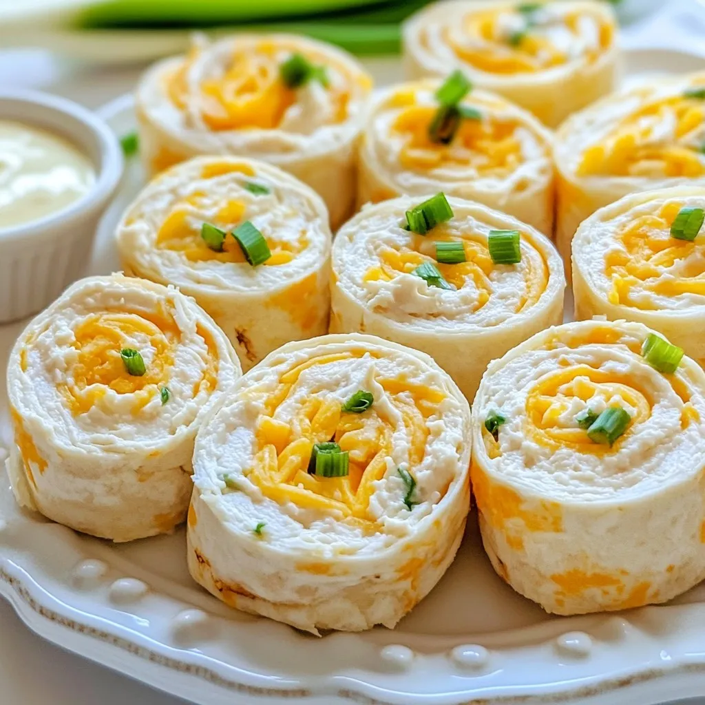 Gather these simple ingredients to make your Crack Chicken Pinwheels: - 2 cups cooked chicken, shredded - 1 package (8 oz) cream cheese, softened - 1 cup shredded sharp cheddar cheese - 1/2 cup ranch dressing - 1 teaspoon garlic powder - 1/2 teaspoon onion powder - 1/4 cup cooked and crumbled bacon (optional) - 6 large flour tortillas (10-inch size recommended) - 1/4 cup fresh green onions, finely chopped - Salt and pepper to taste These ingredients create a creamy, flavorful filling that will make your pinwheels shine. The cooked chicken provides protein, while cream cheese and cheddar add richness. Ranch dressing brings a tangy flavor that ties everything together. If you want a crunch, add bacon! The tortillas serve as a perfect wrap, keeping the filling secure inside. Fresh green onions add a nice burst of flavor. Salt and pepper enhance the taste, so adjust them to your liking. With these ingredients, you’ll prepare a snack that’s both fun and delicious! {{ingredient_image_2}} To start, grab a large mixing bowl. Add the shredded chicken, cream cheese, cheddar cheese, ranch dressing, garlic powder, and onion powder. If you want, sprinkle in the crumbled bacon for extra crunch. Use a spatula or fork to mix everything together. Aim for a smooth and creamy texture. This mixture is the heart of your pinwheels. Next, take a large flour tortilla and lay it flat on a clean surface. Use a spatula to spread about 1/4 of the chicken mixture evenly over the tortilla. Leave a small border of about 1 inch around the edges. This border helps prevent overflow when rolling. Now, sprinkle the chopped green onions over the chicken mixture. This adds a fresh flavor and a nice crunch. Now comes the fun part—rolling! Start from one edge of the tortilla and roll it tightly into a log shape. Use your fingers to tuck in the filling as you go. This keeps everything secure. Repeat this rolling process with the other tortillas and chicken mixture until you use it all. Place each rolled tortilla seam side down on your cutting board. Using a sharp knife, slice each rolled tortilla into pinwheels about 1 inch thick. This gives you bite-sized pieces. Arrange the pinwheels on a serving platter and cover them with plastic wrap. Refrigerate for at least 30 minutes. This helps the pinwheels firm up, making them easier to serve. To make the best Crack Chicken Pinwheels, focus on flavor balance. Use equal parts chicken and cheese for a rich taste. The ranch dressing adds a creamy zing, while garlic and onion powder enhance the flavor profile. Taste your mixture before you roll it into tortillas. Adjust salt and pepper as needed. For a creamy texture, ensure your cream cheese is softened. This helps in mixing well with chicken and other ingredients. If the mixture feels thick, add a bit more ranch dressing. This will help it spread easily on the tortillas. Presentation matters! Arrange the pinwheels on a large platter. You can garnish with extra chopped green onions or parsley for color. This makes the dish pop visually. Serve with a small bowl of ranch dressing for dipping. You can also try adding hot sauce for a kick. One common mistake is overfilling the tortillas. Leave about one inch of space at the edges. This helps keep the filling from spilling out when you roll them. Another mistake is not chilling the pinwheels before serving. Refrigerate them for at least 30 minutes. This helps them hold their shape and makes slicing easier. Pro Tips Use Cold Ingredients: Ensure the cream cheese is at room temperature for easy mixing. However, using cold chicken can keep the filling firm while you roll the tortillas. Experiment with Fillings: Feel free to mix in other ingredients like diced bell peppers, jalapeños, or even different cheeses to customize the flavor to your liking. Chill Before Serving: Refrigerating the pinwheels for at least 30 minutes not only helps them firm up but also allows the flavors to meld together beautifully. Perfect Slices: Use a sharp knife to cut the pinwheels into even pieces. A clean cut helps maintain the aesthetics of the dish and makes them more appealing when served. {{image_4}} You can swap out the chicken for other proteins. Ground turkey or shredded pork works great. If you want a vegetarian option, try using beans or lentils. These will still give you a tasty filling. For those avoiding dairy, use dairy-free cream cheese. You can also try plant-based ranch dressing. If you want a low-carb option, use lettuce wraps instead of tortillas. This makes the dish lighter while still being delicious. To make your pinwheels even tastier, add some spices. Smoked paprika or cayenne pepper can give a nice kick. Fresh herbs like cilantro or dill add great flavor too. You can mix these into the filling for extra zest. Cheese lovers can experiment with different types of cheese. Creamy goat cheese or tangy feta can change the taste. Mixing cheeses can give your pinwheels a unique twist. Have fun exploring different combinations! Adjust the size of your pinwheels to suit your needs. You can make larger rolls for a heartier bite. Smaller pinwheels are perfect for a party snack. Just be sure to cut them evenly for a nice look. Dipping sauces can take your pinwheels to the next level. Try spicy sriracha sauce for heat. A honey mustard dip adds a sweet touch. You can also serve them with a cool avocado dip for something refreshing. The options are endless! To keep your Crack Chicken Pinwheels fresh, store them in an airtight container. This helps prevent them from drying out. Line the container with paper towels to absorb excess moisture. You can also wrap each pinwheel in plastic wrap before placing them in the container. This extra layer keeps them nice and fresh. If you want to freeze your pinwheels, wrap each one in plastic wrap. Then, place them in a freezer-safe bag or container. This keeps them safe from freezer burn. When you’re ready to eat, simply take out the number you need. Let them thaw in the fridge overnight before reheating. You can reheat them in the oven at 350°F for about 10-15 minutes or microwave them for 30 seconds to 1 minute. In the fridge, Crack Chicken Pinwheels last about 3-4 days if stored properly. Always check for signs of spoilage. If they smell off or look slimy, it's best to discard them. Trust your senses; they will guide you. Yes, you can make Crack Chicken Pinwheels ahead of time. I recommend making them up to 24 hours in advance. Store them in the fridge in an airtight container. This keeps them fresh and tasty. The flavors blend well, making them even better. Just pull them out 30 minutes before serving to soften a bit. You can serve many sides with Crack Chicken Pinwheels. Here are some great options: - Fresh veggie sticks, like carrots and celery - A light salad with greens and dressing - Chips or crackers for a crunchy bite - A bowl of ranch dressing for dipping These pair well and add variety to your snack. I don’t recommend using raw chicken in this recipe. The filling needs cooked chicken for safety and flavor. If you want to use raw chicken, cook it first. Boil or bake it until fully done. Then shred it to mix with the other ingredients. This ensures your pinwheels are safe to eat and delicious. In this post, I covered how to make delicious Crack Chicken Pinwheels. I shared the key ingredients, mixing instructions, and tips to enhance flavors. You learned about variations and storage methods for leftovers. These pinwheels are easy to make and great for sharing. Now, you can enjoy crafting your own tasty snacks or meals. Dive in, have fun, and impress your friends and family with this simple recipe!