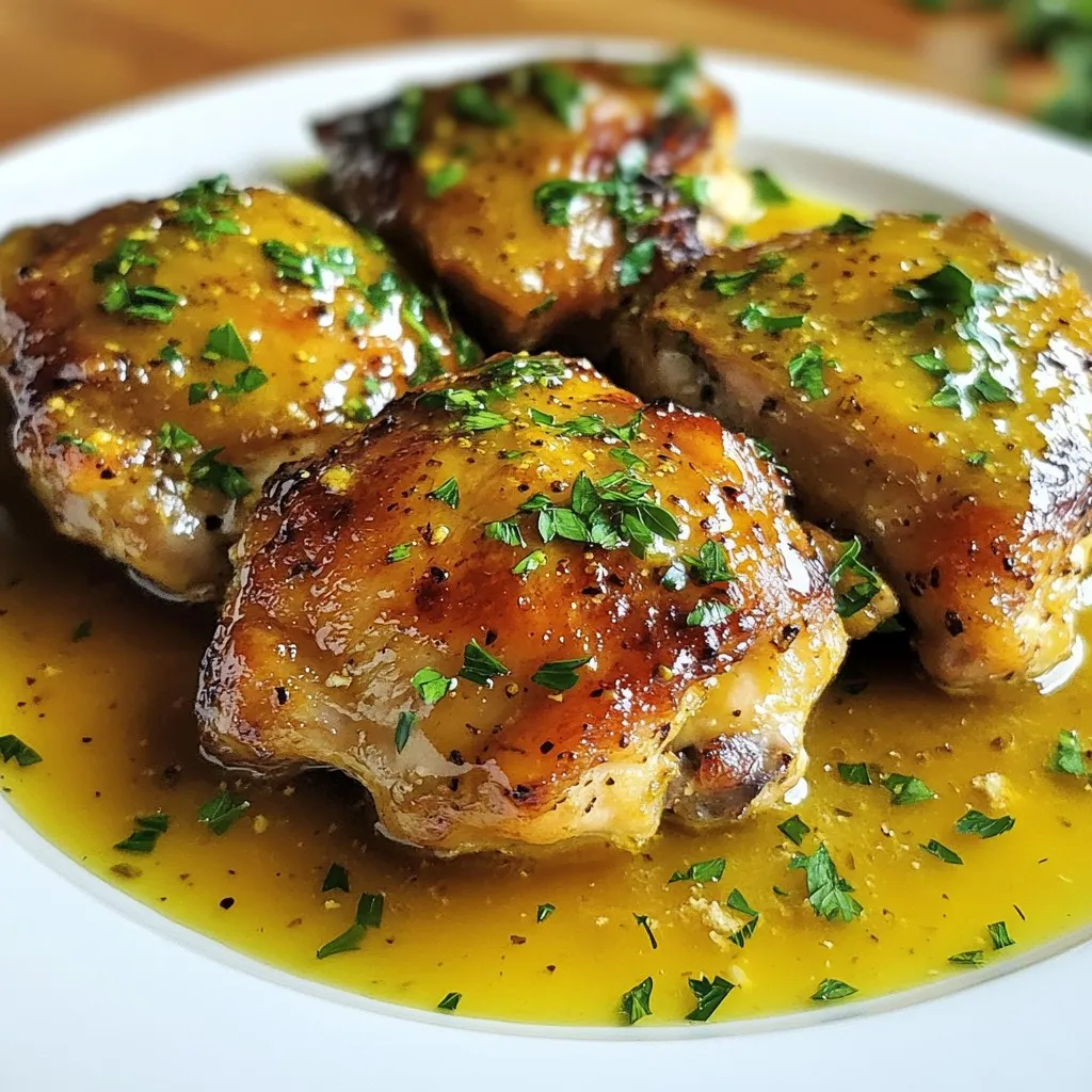 To make this dish, you need only a few key items. Here’s what you’ll need: - 4 skinless chicken thighs - 1/4 cup pure honey - 1/4 cup Dijon mustard - 2 tablespoons extra virgin olive oil - 3 cloves garlic, finely minced - 1 teaspoon dried thyme leaves - 1 teaspoon smoked paprika - Salt, to taste - Freshly cracked black pepper, to taste - 1 cup low-sodium chicken broth These ingredients work together to create a sweet, tangy, and savory flavor. The honey and Dijon mustard combine to coat the chicken perfectly. The garlic and herbs add depth to the dish. If you want a thicker sauce, you can use this extra item: - 1 tablespoon cornstarch Mix the cornstarch with a tiny bit of cold water to create a slurry. Adding this to the sauce will give it a rich and velvety texture. Garnishing your dish can make it more appealing. Here are some ideas: - Fresh parsley, finely chopped A sprinkle of parsley adds a pop of color. It also provides a fresh taste that balances the richness of the chicken. {{ingredient_image_2}} First, grab a medium mixing bowl. Add 1/4 cup of pure honey. Next, pour in 1/4 cup of Dijon mustard. Then, add 2 tablespoons of extra virgin olive oil. Now, finely mince 3 cloves of garlic and toss them in. Sprinkle in 1 teaspoon of dried thyme leaves and 1 teaspoon of smoked paprika. Finally, add a pinch of salt and black pepper. Whisk all the ingredients until they blend well and form a smooth mixture. This honey mustard sauce will give your chicken a sweet and tangy flavor. Now, take 4 skinless chicken thighs. Lay them flat in the bottom of your slow cooker. Make sure they fit well without overlapping. Pour the honey mustard mixture over the chicken. Use a spoon to ensure every piece is well coated. This step is key for flavor. Next, carefully pour in 1 cup of low-sodium chicken broth. Aim for the sides of the chicken. This helps keep the sauce intact. Cover your slow cooker with its lid. If you want a relaxed cooking time, set it to low and let it cook for 6-7 hours. If you need it done faster, set it to high for 3-4 hours. Your chicken is ready when it becomes tender and falls apart easily. If you want a thicker sauce, after cooking, take out the chicken. In a small bowl, mix 1 tablespoon of cornstarch with a splash of cold water. Stir this slurry into the sauce. Turn the heat to high and let it thicken for about 15 minutes. After that, return the chicken to the slow cooker. Make sure each piece is coated in the sauce. Your meal is now ready to serve! To get the best flavor, mix your honey and mustard well. Use pure honey for sweetness. Dijon mustard adds a nice tang. Add minced garlic for a strong kick. Dried thyme and smoked paprika give depth. Make sure to season with salt and pepper. This blend makes every bite tasty! For tender chicken thighs, use skinless thighs for low fat. Cook on low heat for 6-7 hours. This slow cooking method breaks down the meat. If you use high heat, aim for 3-4 hours. Always check that the chicken falls apart easily when done. This means it’s perfect! Want a thicker sauce? Use cornstarch. Mix it with cold water to make a slurry. Stir this into the sauce after cooking. Turn the heat to high and let it thicken for 15 minutes. Stir it often to avoid lumps. This gives you a rich and creamy sauce! Pro Tips Marinate for More Flavor: For an even richer taste, consider marinating the chicken thighs in the honey mustard mixture for a few hours or overnight before cooking. This will enhance the flavor profile. Use Fresh Herbs: While dried thyme is great, using fresh thyme can elevate the dish even further. Add it closer to the end of cooking for a burst of fresh flavor. Chicken Alternatives: Feel free to substitute chicken thighs with chicken breasts or even bone-in chicken pieces. Just adjust the cooking time accordingly, as breasts may cook faster. Serve with Sides: This dish pairs beautifully with sides like mashed potatoes, steamed broccoli, or quinoa. Adding a side salad can also bring a refreshing contrast to the meal. {{image_4}} You can swap chicken thighs for other proteins. Try chicken breasts for a leaner option. Turkey thighs work well too. For a plant-based choice, use firm tofu. Tofu absorbs flavors well and offers a nice texture. Change the honey mustard mix for new tastes. Use maple syrup instead of honey for a sweet twist. Add sriracha for heat or fresh herbs like rosemary for a fragrant touch. You can also try apple cider vinegar for a tangy flavor. Serve the honey mustard chicken with simple sides. Roasted veggies pair nicely and add color. Fluffy rice makes a great base to soak up the sauce. For a fresh option, try a crisp salad with a light vinaigrette. You can also add crusty bread to soak up every drop. To store leftover honey mustard chicken, let it cool first. Place the chicken in an airtight container. Make sure to add any remaining sauce. Seal the container tightly and place it in the fridge. It will stay fresh for up to four days. If you want to enjoy it later, freezing is a great option. When you're ready to eat the leftovers, you have a few choices. You can reheat the chicken in the microwave. Use a microwave-safe dish and cover it with a lid or a damp paper towel. Heat in short bursts to avoid drying it out. Stir the sauce to keep it moist. Alternatively, you can reheat it on the stove. Place it in a pan over low heat. Add a splash of chicken broth to keep it juicy. Stir often until it’s warm. Freezing honey mustard chicken is simple. Place the cooled chicken in a freezer-safe bag or container. If you use bags, remove as much air as possible. Label the bag with the date. The chicken can stay in the freezer for up to three months. When you want to use it, thaw it overnight in the fridge. Then, reheat as mentioned above. Enjoy a tasty meal without the fuss! Yes, you can use chicken breasts. They will cook faster than thighs. Breasts may be less juicy. You might want to reduce the cooking time. Adjust for your taste and texture. You can serve honey mustard chicken with many sides. Here are some great options: - Roasted vegetables for a healthy crunch. - Fluffy rice to soak up the sauce. - Mashed potatoes for a creamy base. - A fresh salad for a light touch. These sides balance the rich flavors well. Cooking time varies with the setting. On low, it takes about 6-7 hours. On high, it cooks in about 3-4 hours. Both methods yield tender chicken. Just ensure it reaches a safe temperature. Enjoy the delicious results! In this post, we explored how to make slow cooker honey mustard chicken. We covered essential ingredients, optional thickening tips, and garnishes. You learned the step-by-step process, from mixing the sauce to cooking the chicken perfectly. Plus, we shared helpful tips for flavor and tenderness. We also looked at variations to suit your taste. Finally, we discussed storage and reheating options for leftovers. Enjoy creating your dish and impressing everyone at the table!