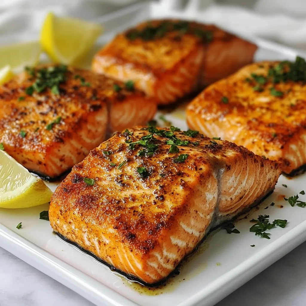 To make crispy air fryer salmon, gather these simple ingredients: - 4 skin-on salmon fillets - 2 tablespoons extra-virgin olive oil - 1 teaspoon garlic powder - 1 teaspoon smoked paprika - 1 teaspoon dried thyme - 1 teaspoon fine sea salt - ½ teaspoon freshly ground black pepper - ½ teaspoon fresh lemon zest - Fresh lemon wedges (for serving) - Chopped fresh parsley (for garnishing) Each ingredient plays a key role. The salmon provides healthy fats and protein. Olive oil adds richness and helps crisp the skin. Garlic powder and smoked paprika give flavor and a hint of smokiness. Dried thyme adds an herbal note, while lemon zest brightens the dish. Try to use fresh lemon wedges when serving. They enhance the taste of salmon and add freshness. Chopped parsley adds color and flavor to the plate. With these ingredients, you will create a delicious meal that is quick and full of flavor. {{ingredient_image_2}} To make the marinade, mix these ingredients in a bowl: - 2 tablespoons extra-virgin olive oil - 1 teaspoon garlic powder - 1 teaspoon smoked paprika - 1 teaspoon dried thyme - 1 teaspoon fine sea salt - ½ teaspoon freshly ground black pepper - ½ teaspoon fresh lemon zest Whisk them together until smooth. This blend brings out great flavors. Letting the marinade sit for a few minutes helps the flavors develop. A few extra minutes can make a big difference! Start by drying your salmon fillets. Use paper towels to gently pat them. This step helps the marinade stick better. Next, coat each fillet with the marinade. You can use a brush or spoon. Make sure every surface is covered. Let the salmon marinate for at least 15 minutes. This is key for flavor penetration. Preheat your air fryer to 400°F (200°C) for about 5 minutes. This step is crucial for even cooking. Place the marinated salmon in the basket, skin-side down. Make sure they don’t touch. This allows hot air to circulate around each fillet. Cook the salmon for 10-12 minutes. Look for a golden brown edge and a crispy texture. To check if the salmon is done, use a food thermometer. The inside should reach 145°F (63°C). If you want more crispiness, add 1-2 minutes of cooking time. Keep an eye on it to avoid overcooking. When the salmon is ready, carefully remove it with tongs. Serve it right away with fresh lemon wedges. Squeeze lemon juice on top for a burst of flavor. You can also sprinkle chopped parsley for a nice touch. For a complete meal, pair it with a fresh green salad or steamed veggies. To get crispy salmon, start by drying the fillets. Use paper towels to remove moisture. This step helps make the skin crispier. Next, coat the salmon with olive oil. This adds flavor and promotes browning. Preheat your air fryer to 400°F (200°C) for five minutes. This ensures even cooking and a great crunch. For timing, cook the salmon for 10-12 minutes. Check for golden edges and a tender inside. If needed, add 1-2 extra minutes for more crispiness. Spices and herbs can change the taste of your salmon. I love using garlic powder, smoked paprika, and dried thyme. These spices give a warm, rich flavor. You can also try a marinade with honey and soy sauce. This adds sweetness and a nice glaze. Fresh herbs like dill or cilantro can brighten up the dish. Feel free to switch things up based on what you like! Many people overlook moisture when cooking salmon. Too much moisture prevents crispiness. Always dry your fillets before seasoning. Also, be careful with the cooking time. Overcooking makes the fish dry and tough. Under-cooking can leave it raw in the middle. Use a food thermometer to check for doneness. The internal temperature should reach 145°F (63°C). This way, you ensure a perfectly cooked meal every time. Pro Tips Marinate Longer for More Flavor: If time allows, marinate the salmon for 30 minutes to an hour. This will enhance the flavors and create a more delicious meal. Don’t Overcrowd the Air Fryer: For the best results, make sure the salmon fillets are not touching each other in the air fryer basket. This allows for proper air circulation and even cooking. Use a Food Thermometer: To ensure the salmon is perfectly cooked, use a food thermometer to check the internal temperature. It should reach 145°F (63°C) for optimal doneness. Experiment with Seasonings: Feel free to customize the seasoning blend to your taste. Adding herbs like dill or spices like cayenne can give a unique twist to your salmon. {{image_4}} You can grill or bake salmon for a change. Each method brings a unique taste. Grilling gives a smoky flavor and nice char. Baking offers a gentle cook and keeps the fish moist. Try both to see which you like more! If you lack fresh herbs, use dried ones. For garlic powder, try fresh garlic. You can also swap salmon for trout or even chicken. These options keep the dish tasty and fun! Change the recipe with the seasons. In spring, add asparagus or peas. Summer is great for cherry tomatoes or zucchini. Fall brings squash or Brussels sprouts. Winter calls for heartier greens. Mixing in seasonal veggies keeps your meals fresh and exciting! To store cooked salmon, first cool it to room temperature. Place the salmon in an airtight container. You can keep it in the fridge for up to three days. If you want to save it longer, freeze it. Wrap each fillet tightly in plastic wrap, then place it in a freezer bag. This helps prevent freezer burn. To reheat salmon without losing crispiness, use the air fryer. Set it to 350°F (175°C) and heat for 5-7 minutes. You can also use an oven. Place the salmon on a baking sheet and cover it with foil. This keeps it moist. Avoid microwaving, as it makes salmon dry and rubbery. Cooked salmon lasts about three days in the fridge. If you freeze it, it can last up to three months. Watch for signs of spoilage. If the salmon smells sour or has a slimy texture, it is no longer safe to eat. Always trust your senses when it comes to food safety. Cooking salmon in an air fryer takes about 10-12 minutes. Set the air fryer to 400°F (200°C). This high heat cooks the salmon quickly and helps it get crispy. The edges should be golden brown, while the inside stays tender. Yes, you can use frozen salmon. Thaw the salmon first for best results. Place it in the fridge overnight, or run it under cold water for quicker thawing. Adjust the cooking time by adding 2-3 minutes to ensure it cooks through. Air-fried salmon pairs well with many sides. Try a fresh green salad or steamed vegetables. Quinoa or rice also work nicely. These sides balance the meal and add more nutrition. To prevent sticking, use a clean air fryer basket. Lightly coat the basket with oil before adding the salmon. Make sure the fillets are not touching each other. This helps air flow and keeps the salmon from sticking. This blog post shared a simple air fryer salmon recipe. You learned about key ingredients, preparation steps, and how to achieve perfect texture. I also provided tips on seasoning, cooking methods, and variations to keep meals exciting. By following these steps and suggestions, you can make a delicious salmon dish for any season. Remember, practice makes perfect! Enjoy every bite and get creative with flavors.