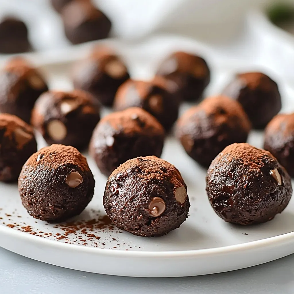 The main ingredients for these brownie bites are simple and nutritious. Here’s what you need: - 1 cup Medjool dates, pitted - 1 cup raw walnuts - 1/2 cup unsweetened cocoa powder - 1/4 cup almond flour - 1/4 teaspoon sea salt - 1 teaspoon vanilla extract - 2 tablespoons maple syrup (optional) - 1/4 cup dark chocolate chips or cacao nibs (optional) These ingredients work together to create a rich and tasty treat without any baking. Medjool dates give natural sweetness. Walnuts add healthy fats and crunch. Cocoa powder brings a deep chocolate flavor. You can customize your brownie bites with a few optional ingredients. Here are some ideas: - Maple syrup for extra sweetness - Dark chocolate chips or cacao nibs for added texture - A sprinkle of sea salt on top for a sweet-salty balance Feel free to adjust the sweetness to your liking. Adding nuts or seeds can also give a nice crunch. Each ingredient brings unique health benefits: - Medjool Dates: Rich in fiber and natural sugars. They help boost energy levels. - Walnuts: High in omega-3 fatty acids. They support heart health and brain function. - Cocoa Powder: Packed with antioxidants. It can improve mood and heart health. - Almond Flour: Gluten-free and low in carbs. It adds protein and healthy fats. These brownie bites are not just tasty; they are also a healthier dessert option. Enjoy them as a quick snack or a sweet treat after meals. {{ingredient_image_2}} Start by placing the pitted Medjool dates and raw walnuts into a food processor. Pulse them until they form a sticky dough. Don’t forget to stop and scrape down the sides of the bowl. This step ensures even blending and a smooth texture. Next, add the unsweetened cocoa powder, almond flour, sea salt, and vanilla extract. If you like a sweeter taste, include maple syrup. Blend these ingredients until they mix well. The final mix should easily hold together when pressed into a ball. Now it's time to shape the brownie bites. Take about one tablespoon of the mixture and roll it into a ball between your palms. This process might get a bit messy, but that’s part of the fun! Keep rolling until you shape all the mixture into bites. You should have around 14 to 16 brownie bites. If you want to add texture, gently fold in dark chocolate chips or cacao nibs. Use a spatula for this step to keep them intact. After forming the brownie bites, place them on a lined baking sheet or a serving plate. Chill them in the refrigerator for at least 30 minutes. This step helps them firm up and gives them a satisfying texture. Once chilled, enjoy your brownie bites right away or store them in an airtight container. They will stay fresh in the fridge for up to one week. For a fun presentation, serve them in mini baking cups. You can also drizzle melted dark chocolate on top for an extra treat! When blending, use a good food processor. This tool makes the job easier. Start with Medjool dates and walnuts. Pulse them until they form a sticky mix. Scrape the bowl often to mix evenly. Add cocoa powder, almond flour, sea salt, and vanilla next. Blend until everything is well combined. If you use maple syrup, add it at this stage. Adjust the amount for your taste. The right texture is key for these brownie bites. You want a dough-like feel. If the mix is too dry, add a touch of water or more maple syrup. If it's too wet, add almond flour a little at a time. The mix should hold together when pressed. This firmness helps the bites keep their shape. After blending, roll the mixture into small balls. Aim for a size that fits in your palm. To boost flavor, try adding a pinch of cinnamon or a dash of sea salt. These spices can really brighten up the taste. For a fun twist, fold in dark chocolate chips or cacao nibs. This extra texture makes each bite more exciting. To make your brownie bites look special, serve them in mini cups. Drizzling melted dark chocolate on top adds a nice touch, too. This simple step makes them look gourmet! Pro Tips Use Fresh Dates: Ensure your Medjool dates are fresh and soft for the best texture and sweetness in your brownie bites. Customize Your Nuts: Substitute walnuts with other nuts like pecans or almonds for a different flavor profile. Chill for Better Texture: Allow your brownie bites to chill longer than 30 minutes for a firmer texture, making them easier to handle. Experiment with Add-ins: Try adding ingredients like shredded coconut or chia seeds for extra nutrition and flavor in your bites. {{image_4}} If you prefer sweeteners other than maple syrup, you have options. Honey works well and adds a nice flavor. Agave syrup is another choice. You can also use stevia or monk fruit sweetener for fewer calories. Adjust the amount based on your taste. For those allergic to nuts, you can swap walnuts with seeds. Sunflower seeds or pumpkin seeds provide a great texture. You can also use sunflower seed butter instead of nuts. This keeps the bites rich while making them safe for everyone. There are many ways to add flavors to your brownie bites. Try adding a tablespoon of nut butter for creaminess. You can mix in dried fruit like cherries or cranberries for sweetness. Coconut flakes or chia seeds also work well. If you like spice, a pinch of cinnamon or cayenne adds warmth and depth. To keep your brownie bites fresh, store them in an airtight container. Place them in the refrigerator. This helps maintain their soft texture and rich flavor. Avoid leaving them out at room temperature for too long. If you follow this, they will stay tasty and safe to eat. These brownie bites can last up to one week in the fridge. After this time, they may begin to lose their quality. Always check for any signs of spoilage before enjoying them. If you notice any changes in smell or texture, it’s best to toss them out. For longer storage, you can freeze these bites. First, place them in a single layer on a baking sheet. Freeze them for about an hour until firm. Then, transfer the bites to a freezer-safe bag or container. They can last for up to three months in the freezer. When you want to eat them, thaw them in the fridge overnight. Enjoying a brownie bite is easy, even after storage! Yes, you can easily make these brownie bites vegan. Start with Medjool dates and walnuts, which are already vegan. Use maple syrup as the sweetener. Ensure your dark chocolate chips are dairy-free, or skip them if you want. This way, you keep the rich taste without any animal products. If you need a substitute for walnuts, try using pecans or almonds. Both nuts give a good flavor and texture. You can also use sunflower seeds or pumpkin seeds for a nut-free option. These work well and keep the bites tasty and healthy. To lower the sugar in your brownie bites, use fewer Medjool dates. You can also skip the maple syrup or use a sugar-free sweetener. Adjust the cocoa powder to balance the flavor. This way, you keep the taste, but reduce the sugar content. These healthy no bake brownie bites are easy to make and customize. You learned about key ingredients and their benefits. You also discovered how to prepare and serve them. I shared tips to blend well and enhance flavor. Variations allow you to adjust sweetness or add flavors. Proper storage ensures they stay fresh. In summary, these bites fit many diets and are fun to make. Enjoy them anytime!