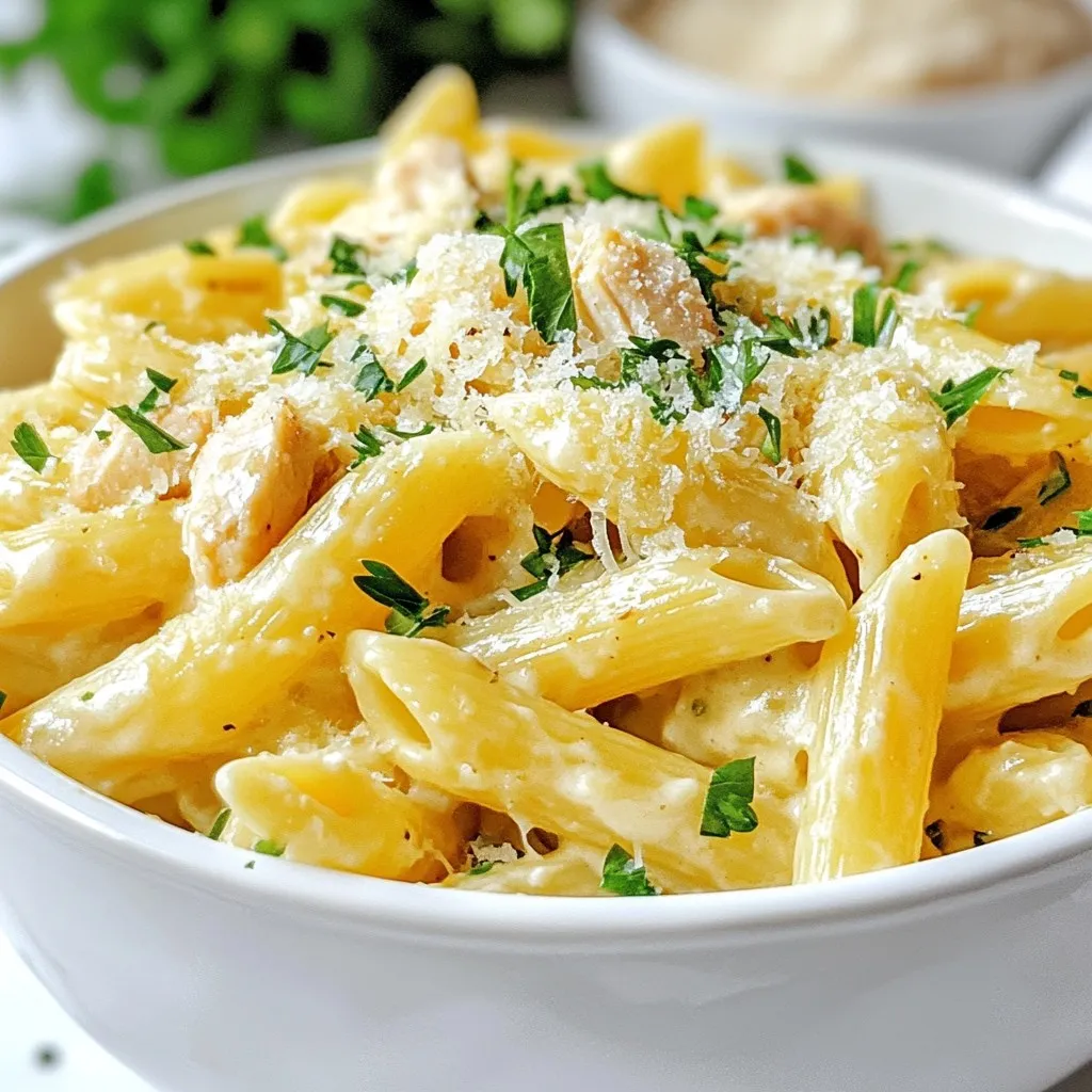 - 2 cups uncooked penne pasta - 1 lb boneless, skinless chicken breasts, diced into bite-sized pieces - 4 tablespoons extra virgin olive oil, divided - 4 cloves garlic, minced - 4 cups low-sodium chicken broth - 1 cup heavy cream - 1 teaspoon Italian seasoning blend - 1 cup freshly grated Parmesan cheese, plus extra for serving - Salt and freshly cracked black pepper, to taste - Fresh parsley, finely chopped (for garnish) To make this dish, you need some key ingredients. First, the uncooked penne pasta serves as the base. The chicken gives it a hearty touch. Use boneless, skinless chicken breasts for easy cooking. Extra virgin olive oil adds flavor and helps cook the chicken. Garlic brings a wonderful aroma and taste. Low-sodium chicken broth adds depth to the pasta. Heavy cream creates a rich, creamy sauce. Italian seasoning blend gives extra flavor. Parmesan cheese adds a cheesy finish. Don’t forget the salt, pepper, and fresh parsley for garnish! - Large pot - Spoon or spatula - Knife and cutting board - Measuring cups and spoons You will need some basic cooking tools. A large pot is essential for cooking everything in one place. A spoon or spatula helps stir the ingredients. Use a knife and cutting board to chop the chicken and garlic. Measuring cups and spoons ensure you get the right amounts. Having the right tools makes cooking easier and more fun! {{ingredient_image_2}} First, warm 2 tablespoons of olive oil in a large pot over medium heat. Add the diced chicken. Season it well with salt and pepper. Sauté the chicken until golden brown. This takes about 5-7 minutes. Stir occasionally until it is no longer pink. Once done, transfer the chicken to a plate and set it aside. In the same pot, add the remaining 2 tablespoons of olive oil. When the oil shimmers, add the minced garlic. Sauté the garlic for about 1 minute. You want it fragrant but not brown or burnt. This step is key to keeping the garlic sweet and mild. Next, pour in the chicken broth and bring it to a rapid boil. Stir in the uncooked penne pasta and Italian seasoning. Ensure all the pasta is well submerged in the broth. Reduce the heat to medium-low, cover, and let it simmer. This should take about 10-12 minutes. Stir occasionally until the pasta is al dente. Most of the broth will be absorbed by this time. Now, return the cooked chicken to the pot. Add the heavy cream and grated Parmesan cheese. Stir everything well. You want the cheese to melt and form a creamy sauce. Taste the dish and add more salt and black pepper if needed. Remove from heat and let it sit for a couple of minutes. This allows the sauce to thicken up nicely. To make this dish shine, you can adjust the seasoning to your taste. Start with salt and freshly cracked black pepper. Taste as you go, and add more if needed. I always use freshly grated Parmesan cheese. It melts better and gives a richer flavor than pre-grated cheese. Simmering time is key for a creamy sauce. Make sure you let the pasta cook until it’s al dente. After mixing in the cream and cheese, remove the pot from heat. Let the dish rest for a few minutes. This helps the sauce thicken nicely. Garnish your pasta with freshly chopped parsley for a pop of color. It adds a nice touch and fresh taste. You can also pair this meal with a simple salad or some crusty bread. These sides balance the rich flavors and make for a delightful meal. Pro Tips Use Fresh Ingredients: Always opt for fresh garlic and freshly grated Parmesan cheese to enhance the flavor and creaminess of the dish. Adjust the Creaminess: If you prefer a lighter sauce, reduce the amount of heavy cream and substitute with more chicken broth. Perfect Pasta Texture: Cook the penne until al dente for the best texture; it will continue to cook slightly after adding the sauce. Garnish for Presentation: A sprinkle of fresh parsley and a generous amount of Parmesan on top not only adds flavor but also a beautiful presentation. {{image_4}} You can change the chicken for other proteins. Try shrimp or tofu for a twist. Both options work well and add new flavors. You can also swap the penne pasta for any pasta shape you like. Fusilli or farfalle are great choices and will hold the sauce nicely. Adding vegetables makes this dish even better. Try spinach, broccoli, or bell peppers. They add color and nutrients. You can also mix in spices or herbs. A pinch of red pepper flakes brings heat. Fresh basil or thyme adds a nice touch. For gluten-free options, use gluten-free pasta. It cooks similarly, so your dish remains creamy. If you want a dairy-free version, swap the heavy cream for coconut milk. Nutritional yeast can replace Parmesan cheese for a cheesy flavor without dairy. These swaps keep the meal tasty for everyone. To store your One-Pot Garlic Parmesan Chicken Pasta in the fridge, let it cool first. Place it in an airtight container. This way, it stays fresh and tasty. You can keep it in the fridge for up to three days. Just make sure to reheat it well before serving! If you want to save some for later, you can freeze this dish. First, let it cool completely. Then, transfer it to a freezer-safe container. Seal it tightly to prevent freezer burn. You can freeze it for up to three months. When you’re ready to eat, take it out and thaw it in the fridge overnight. To reheat, warm it on the stove over low heat, adding a splash of chicken broth or cream for extra creaminess. This recipe takes about 30 minutes in total. You will spend around 10 minutes prepping. The cooking time is about 20 minutes. This quick meal is perfect for busy nights. Yes, you can make this dish in advance. To store it, let it cool first. Place it in an airtight container. Store it in the fridge for up to 3 days. When ready to eat, reheat it on the stove or microwave. Add a splash of cream if needed to bring back the creaminess. If the pasta is overcooked, it may become mushy. To avoid this, watch the cook time closely. Stir the pasta as it cooks. Test it a minute or two before the time is up. If you overcook it, you can try adding fresh herbs or a squeeze of lemon to boost flavor. This blog post covers how to make a delicious penne pasta dish. You learned about key ingredients like chicken, garlic, and cream, plus the tools you'll need. We discussed step-by-step cooking tips, variations for customization, and storage options for leftovers. With these insights, you can create a flavorful meal tailored to your taste. Enjoy experimenting with ingredients and make this recipe your own. The possibilities are endless, so get cooking!