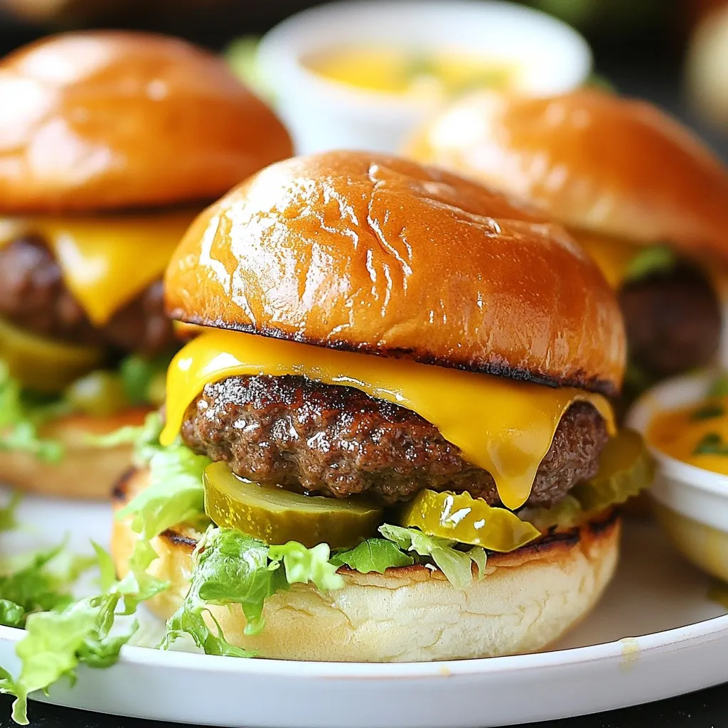 To make Mini Big Mac Sliders, you need some key ingredients. Here’s what you’ll need: - 1 pound ground beef - 12 slider-sized soft hamburger buns - 1 cup shredded lettuce - 1/2 cup pickles, sliced - 1/2 cup American cheese, sliced into quarters These ingredients create the base of your sliders. The ground beef gives you the juicy patty. The buns hold everything together, while the lettuce and pickles add a fresh crunch. The right seasonings and sauce make these sliders special. Here’s what you need for flavor: - 1 teaspoon onion powder - 1 teaspoon garlic powder - 1/2 teaspoon salt - 1/2 teaspoon black pepper - 1/4 cup mayonnaise - 2 tablespoons ketchup - 2 tablespoons yellow mustard - 1 tablespoon sweet pickle relish The seasonings blend well with the beef. The special sauce adds a creamy and tangy twist. Mixing mayonnaise, ketchup, mustard, and relish creates a taste that’s hard to resist. Feel free to get creative with toppings! Here are some fun options to try: - Sliced tomatoes - Crispy bacon - Avocado slices - Jalapeños for a spicy kick These toppings can change the flavor of your sliders. You can mix and match to fit your taste. The best part is that you can make each slider unique for your guests. {{ingredient_image_2}} Start by taking a large bowl. Add 1 pound of ground beef. Then, mix in 1 teaspoon of onion powder, 1 teaspoon of garlic powder, 1/2 teaspoon of salt, and 1/2 teaspoon of black pepper. Use your hands to mix. Be gentle so the meat stays tender. Once mixed well, divide the beef into 12 equal parts. Shape each part into a small patty. Make these patties a bit bigger than the buns. They will shrink when you cook them. Now it’s time to cook the patties. Heat your grill or a skillet over medium-high heat. Place the patties on the hot surface. Cook each patty for about 3-4 minutes. Flip them to brown both sides. They should look golden and be fully cooked. In the last minute, add a quarter slice of American cheese on each patty. Let it melt for that extra cheesy goodness. To build your sliders, grab the bottom half of each slider bun. Spread a generous dollop of your special sauce on it. Next, place one cooked beef patty on top of the sauce. Add a handful of shredded lettuce and some pickle slices for crunch. Finally, top it off with the upper half of the bun. Gently press down to keep everything in place. If you like, you can toast the assembled sliders in the skillet for 1-2 minutes. This gives them a lovely golden brown finish. Enjoy your tasty creation! To cook sliders just right, pay close attention to the heat. Use medium-high heat for even cooking. Make patties about the size of your buns. They will shrink a bit while cooking. Cook each side for 3-4 minutes. Look for a nice brown crust. The inside should be juicy, not dry. Use a meat thermometer for safety. Aim for 160°F for ground beef. The special sauce makes these sliders shine. Mix mayonnaise, ketchup, yellow mustard, and sweet pickle relish in a bowl. Start with 1/4 cup mayonnaise. Add 2 tablespoons of ketchup and mustard. Then, mix in 1 tablespoon of relish. Stir until you get a smooth blend. Taste and adjust if needed. Want a kick? Add a dash of hot sauce. Keep this sauce in the fridge for up to a week. Serve your sliders on a bright platter. Add extra pickle slices on the side for color. Place a small bowl of special sauce for dipping. To make it look fancy, garnish with fresh parsley sprigs. This adds color and a touch of elegance. Arrange the sliders neatly, and watch your guests smile! Pro Tips Keep it Juicy: To ensure your sliders remain juicy, avoid overmixing the beef. Handle it gently when shaping the patties to maintain tenderness. Perfect Patty Size: Shape your patties slightly larger than the buns, as they will shrink while cooking, ensuring they fit perfectly once assembled. Melting Cheese: For the best cheese melt, add it to the patties during the last minute of cooking and cover them briefly to trap heat. Custom Sauce Variations: Feel free to experiment with the special sauce by adding a dash of hot sauce or a pinch of smoked paprika for an extra kick! {{image_4}} You can switch up the ground beef if you want. Try ground turkey or chicken for a lighter taste. Plant-based meat works well too if you're vegan or vegetarian. For the cheese, use cheddar or pepper jack for a kick. You can also swap the mayonnaise for Greek yogurt for a creamy, tangy twist. To make a healthier slider, use whole-grain buns. You can add more veggies like tomatoes or avocado for extra nutrition. Swap the special sauce for a homemade yogurt-based sauce. This keeps the flavor while cutting down on calories. You can also grill the patties instead of frying them to reduce fat. Make your sliders fun by adding a theme. For a Mexican twist, add guacamole and salsa. For a barbecue theme, use BBQ sauce and coleslaw. You can even go Italian with pesto and mozzarella. Themes make your party more exciting and give guests lots of tasty choices. Store leftover sliders in an airtight container. Keep them in the fridge for up to three days. Make sure to separate the patties from the buns to avoid sogginess. Place parchment paper between layers if stacking. You can also wrap each slider tightly in plastic wrap for extra freshness. To reheat sliders, use your oven for the best results. Preheat your oven to 350°F (175°C). Place sliders on a baking sheet and cover them with foil. Heat for about 10-15 minutes until warm. You can also reheat them in a microwave. Just place them on a microwave-safe plate and cover with a damp paper towel. Heat for 30 seconds to one minute. Freezing sliders is a great way to save them for later. To freeze, wrap each slider tightly in plastic wrap, then place them in a freezer-safe bag. They can last up to three months in the freezer. When you want to eat them, thaw them in the fridge overnight before reheating. This keeps the texture just right. To make Mini Big Mac Sliders, start with ground beef. Mix in onion powder, garlic powder, salt, and black pepper. Shape this into 12 small patties. Cook these patties on a hot grill or skillet for 3-4 minutes per side. Add cheese during the last minute to melt it. Make the special sauce by mixing mayonnaise, ketchup, mustard, and relish. Assemble the sliders by spreading sauce on the buns, then adding a patty, lettuce, and pickles. Mini Big Mac Sliders can be part of a balanced meal, but they are not a health food. They use ground beef and cheese, which adds protein but also fat. You can make them healthier by using lean beef or turkey. Adding more veggies like tomatoes or swapping out the sauce for a yogurt-based dressing can help. Enjoy them in moderation. Yes, you can freeze Mini Big Mac Sliders. After cooking, let them cool to room temperature. Wrap each slider in plastic wrap, then put them in a freezer bag. They can last up to three months in the freezer. To reheat, simply thaw them overnight in the fridge and warm them in the oven or microwave. Mini Big Mac Sliders are fun and easy to make. We covered ingredients, seasoning, and optional toppings to customize them. I shared how to prepare the beef mix, cook the sliders, and assemble them. You learned tips for cooking and serving, along with variations and storage ideas. These sliders can suit any taste and occasion. Whether you stick to the classic recipe or try new spins, enjoy tasty bites that everyone will love. Happy cooking!
